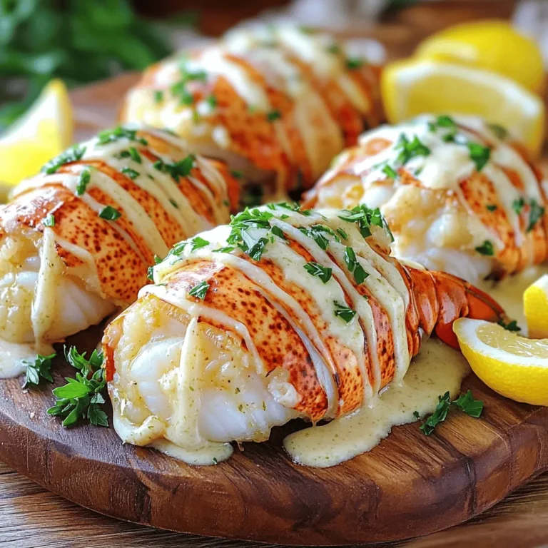- 4 lobster tails - 1/2 cup unsalted butter - 6 cloves garlic, minced - 1/2 cup heavy cream When you make creamy garlic butter lobster tails, the main ingredients are key. The lobster tails give the dish its rich flavor. Unsalted butter adds a creamy base. Garlic brings a strong, savory punch, while heavy cream adds smoothness. Each ingredient works together to create a delightful taste that makes your meal special. - 1/4 teaspoon red pepper flakes - Salt and pepper to taste - 1 tablespoon fresh parsley, chopped - Lemon wedges for serving Now, let’s talk seasonings and garnishes. Red pepper flakes add just the right amount of heat. Salt and pepper enhance the flavors of the lobster and sauce. Fresh parsley not only looks good but also adds freshness. Finally, lemon wedges are perfect for a bright finish. They balance the rich sauce and make each bite shine. For the full recipe, you can check out Creamy Garlic Butter Lobster Tails. Each step is simple and fun, ensuring a delightful dinner experience! 1. Preheat your oven to 375°F (190°C). This step gets the oven ready for baking. 2. Take kitchen scissors and cut the top shell of the lobster tails lengthwise. Stop just before the end. Gently pull the meat upward. This process is called deveining the lobster. 1. In a large skillet over medium heat, melt the butter. This will create a rich base for your sauce. 2. Add the minced garlic to the melted butter. Sauté it for about 1-2 minutes until it smells great. Be careful not to burn the garlic. 3. Next, stir in the heavy cream and red pepper flakes. Mix well until everything is combined and warm. 4. Season your creamy mixture with salt and pepper to taste. Lower the heat and let it simmer gently for 2-3 minutes. This thickens the sauce just right. 5. Arrange the lobster tails in a baking dish. Spoon the creamy garlic butter sauce over each tail. Make sure to cover them evenly. 6. Bake in the preheated oven for 12-15 minutes. The lobster meat should look opaque and feel firm when done. 7. When cooked, take them out of the oven. Garnish with freshly chopped parsley for a pop of color. For the full recipe, follow the steps above to enjoy this delightful dish. To make your creamy garlic butter lobster tails even better, adjust the seasoning. Add more salt or pepper if you like bold flavors. You can also use fresh herbs such as parsley or basil for a brighter taste. Fresh ingredients really boost flavor. Always choose the freshest lobster tails you can find. Fresh garlic packs more punch than the jarred stuff. Do not overcook your lobster. This is key to a tender bite. When lobster is done, it should look opaque and feel firm. If you overcook it, the meat turns tough. Keep an eye on the baking time. You can also grill or broil the lobster if you want a smoky taste. These methods add a nice char that complements the garlic butter. For the full recipe, check out the detailed steps above and enjoy a delightful dinner! {{image_2}} You can play with flavors to make this dish your own. Adding fresh herbs like thyme or dill gives a bright note to the rich sauce. Just chop a tablespoon and mix it in when you add the cream. This makes each bite fresh and aromatic. For spice lovers, you can crank up the heat! Adding more red pepper flakes gives the dish a nice kick. Just be careful not to overdo it. Start with a pinch and taste as you go. This lets you find the perfect balance of heat and flavor. Presentation can elevate your meal. Serve the lobster tails on a large platter, surrounded by lemon wedges. This adds color and a zesty touch. Drizzle extra creamy garlic butter over the tails for a luxurious look. Sprinkle with fresh parsley for a pop of green. Pair your lobster tails with a glass of white wine. A crisp Chardonnay or a light Sauvignon Blanc complements the rich butter sauce. The wine’s acidity balances the flavors perfectly. Enjoy this delightful dinner with friends or family, and watch them be impressed! To keep lobster tails fresh, store them in the fridge. Place them in an airtight container. This helps keep out moisture and air. Use the leftover lobster within two days for the best taste. If you want to store them longer, freezing is a great option. For freezing, wrap each lobster tail in plastic wrap. Then put them in a freezer bag. Remove as much air as you can before sealing. This helps prevent freezer burn. You can store lobster tails in the freezer for up to three months. When it’s time to reheat leftover lobster tails, do it gently. You want to keep them juicy and tender. One method is to use the oven. Preheat your oven to 350°F (175°C). Place the lobster tails in a baking dish. Add a splash of water to keep them moist. Cover the dish with foil. Heat for about 10-15 minutes. You can also use the microwave. Place the lobster tails in a microwave-safe dish. Add a little butter or water. Cover with a damp paper towel. Heat on medium power for 1-2 minutes. Check often to avoid drying out the meat. For the best results, always reheat lobster tails slowly and carefully. This will help maintain their delicious flavor. How to choose fresh lobster tails? To pick fresh lobster tails, look for tails with a firm shell. The shell should feel hard and smooth. Check for a shiny appearance and no dark spots. Fresh tails will smell like the ocean, not fishy. Choose tails that are heavy for their size. Can I make this dish ahead of time? You can prepare the creamy garlic butter sauce in advance. Store it in the fridge for up to two days. When ready to serve, warm it up and cook the lobster tails. It’s best to cook the lobster fresh for the best taste. What sides pair well with creamy garlic butter lobster tails? Great sides include garlic bread, roasted vegetables, or a simple salad. You can also serve with rice or pasta. Lemon wedges add a nice touch to balance the richness of the lobster. How to prevent lobster from getting rubbery? To keep lobster tender, avoid overcooking. Cook lobster tails until they are just opaque. Use a meat thermometer; the internal temperature should reach 140°F (60°C). Cooking quickly at high heat helps too. Is it possible to make this recipe dairy-free? Yes, you can swap the butter and cream for vegan alternatives. Use plant-based butter and coconut cream for a rich flavor. This keeps the dish creamy while making it dairy-free. Now you know how to make creamy garlic butter lobster tails. We covered the key ingredients, cooking steps, and useful tips. Don’t forget to adjust your seasonings and play with flavors to fit your taste. This dish is special for a reason. It can impress anyone at your table. Store leftovers carefully and reheat them right to keep their flavor. Enjoy this treat on occasions, and share your delicious results with friends.