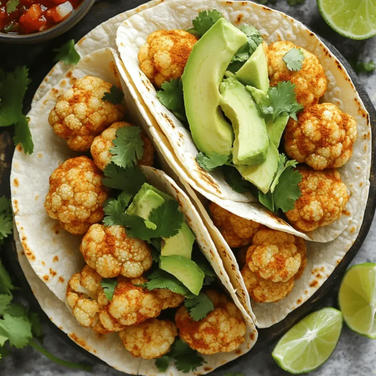 - 1 medium cauliflower, cut into florets - 1 cup chickpea flour - 1 teaspoon garlic powder - 1 teaspoon smoked paprika - 1 teaspoon ground cumin - 1/2 teaspoon cayenne pepper (adjust for spice) - 1 cup water - Salt and pepper to taste - 2 tablespoons olive oil - 8 small corn tortillas - 1 ripe avocado, sliced - 1 cup fresh cilantro, chopped - 1 lime, cut into wedges - Salsa of choice (optional) - Additional toppings (e.g., vegan cheese, jalapeños) - Alternative sauces (e.g., vegan sour cream, tahini dressing) - Variations in vegetables (e.g., adding bell peppers, corn) When I make these tacos, I love to start with fresh ingredients. The cauliflower adds a nice crunch, while chickpea flour gives us a great base. Garlic powder and smoked paprika bring a warm, savory flavor. The cumin and cayenne pepper add a touch of zest. You can adjust the cayenne to suit your spice level. The olive oil helps achieve a crispy texture. Corn tortillas are perfect for wrapping the filling. I always add avocado for creaminess and fresh cilantro for brightness. A squeeze of lime juice boosts the flavor even more. Feel free to add salsa for extra kick. If you're feeling creative, try adding vegan cheese or jalapeños. You can also use tahini dressing for a unique twist. Don't be afraid to add other veggies, like bell peppers or corn, for extra flavor and texture. For the full recipe, check out the steps that follow. You'll be amazed at how easy and fun it is to make these vegan cauliflower tacos! First, preheat your oven to 400°F (200°C). Line a baking sheet with parchment paper. This helps your cauliflower not stick. Next, mix the batter. In a bowl, combine 1 cup chickpea flour, 1 teaspoon garlic powder, 1 teaspoon smoked paprika, 1 teaspoon ground cumin, and 1/2 teaspoon cayenne pepper. Add salt and pepper to taste. Gradually pour in 1 cup of water. Stir until the batter is smooth. Now, it’s time to coat the cauliflower. Take each floret and dip it into the batter. Make sure every piece is well-coated. This step is key for flavor. After coating, place the florets on the baking sheet. Arrange them so they have space. This helps them crisp up nicely. Drizzle 2 tablespoons of olive oil over the coated cauliflower. This adds flavor and helps with crispiness. Bake in your preheated oven for 25-30 minutes. Flip the florets halfway through for even cooking. Look for a golden-brown color to know they are ready. Enjoy the aroma as they bake. For the full recipe, check the complete guide. To make your tacos super crispy, batter consistency is key. You want it thick, but not too thick. If it’s too runny, the batter will drip off. If it’s too thick, it won’t coat well. Aim for a smooth, medium-thick paste. When baking, preheat your oven to 400°F (200°C). This heat helps to crisp up the cauliflower. Spread the florets out on the baking sheet. Give them space so they can brown evenly. Drizzle olive oil over them to enhance the crunch. Flip the florets halfway through baking for even crispiness. Bake until golden brown for the best texture. Adding flavor makes these tacos pop. Consider using spices like smoked paprika and cumin. They give a warm, earthy taste. You can also add chili powder for heat or even nutritional yeast for a cheesy flavor. For toppings, get creative! Sliced jalapeños add spice. Fresh lime juice brightens everything up. Avocado adds creaminess, while fresh cilantro gives a burst of flavor. You can also try vegan cheese or a drizzle of tahini dressing for extra flair. These tacos shine when paired with sides. Serve them with a fresh salad or a bowl of black beans. A side of rice also works well. For drinks, try a light beer or a fruity soda. A refreshing agua fresca complements the tacos nicely. Don't forget about salsa! A zesty salsa enhances the flavors and adds a fun kick. You can use your favorite store-bought salsa or make your own for a personal touch. For the full recipe, refer to the section above. {{image_2}} You can enjoy your vegan cauliflower tacos in many ways. The choice between soft or crunchy tacos is key. Soft tacos use warm corn tortillas, while crunchy tacos are great for added texture. Both work well with the crispy cauliflower. You can also use other plant-based proteins. Try black beans for extra fiber or lentils for heartiness. These options can add more flavor and nutrition to your meal. Want to spice things up? Add more robust spices like chipotle powder or a dash of hot sauce. These ingredients can give your tacos a nice kick. The balance of flavors is what makes each bite exciting. You can also consider adding sweet ingredients. Pineapple chunks or mango salsa can create a great contrast to the spice. The sweetness adds depth and fun to your dish. If you need gluten-free options, use corn tortillas. They are naturally gluten-free and perfect for this recipe. Also, consider using almond flour instead of chickpea flour for those who are gluten-sensitive. For nut-free alternatives, swap almond flour with rice flour. This keeps your tacos safe for anyone with nut allergies. You can still enjoy tasty tacos without worry. For more details, visit the Full Recipe. Store your leftover tacos in the fridge. Place them in an airtight container. This keeps the tacos fresh and prevents them from drying out. If you have extra cauliflower, store it separately. This way, it stays crispy. When reheating, aim to keep that crispy texture. The oven works best for this. Preheat it to 375°F (190°C). Bake the tacos for about 10 minutes. This makes them nice and crispy again. Microwaving is quick but may make them soggy. If you must use the microwave, heat in short bursts. If you want to freeze leftover cauliflower, let it cool first. Place it in a freezer-safe bag. Remove as much air as possible before sealing. For thawing, leave the cauliflower in the fridge overnight. Reheat it in the oven to regain that crunch. To add more heat, use fresh jalapeños or add more cayenne pepper. You can also try hot sauce or chili flakes. If you want a smoky heat, consider adding chipotle powder. Mix these spices into your batter for even more flavor. Remember, spice levels depend on your taste, so adjust as needed. Yes, you can swap cauliflower for other veggies. Try using broccoli, zucchini, or sweet potatoes. Each vegetable will bring a different taste and texture. You could even mix several vegetables for a fun twist. Just ensure they are cut into similar sizes for even cooking. To make your tacos gluten-free, use chickpea flour, which is already gluten-free. For the tortillas, opt for corn tortillas instead of flour ones. Always check labels to ensure your ingredients are gluten-free. You can also try making your own tortillas using gluten-free flour blends. In this blog post, we covered how to create delicious vegan cauliflower tacos. You learned about the essential and optional ingredients, step-by-step instructions, and tips for making them crispy. We also explored different variations and how to store leftovers. Now, you'll enjoy these versatile tacos any way you choose. Experiment with different spices and toppings. Make this recipe your own and share it with others. Tasty food can bring people together, so have fun creating!
