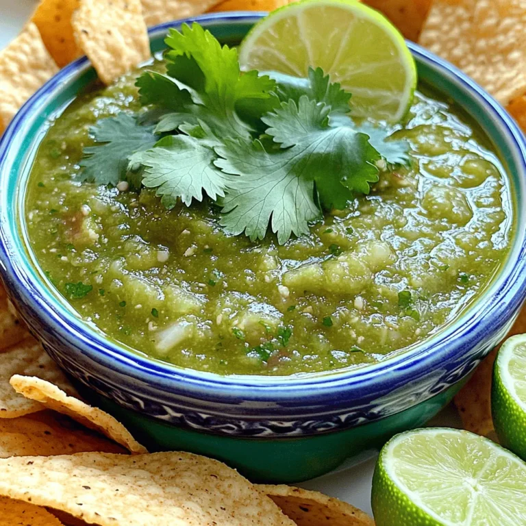 To make a vibrant salsa verde, you will need the following fresh ingredients: - 10 tomatillos, husked and quartered - 1 small onion, quartered - 2 cloves garlic, peeled - 1-2 jalapeños, seeds removed - 1/2 cup fresh cilantro - 1 tablespoon lime juice - 1 teaspoon salt - 1/2 teaspoon ground cumin - 1 tablespoon olive oil Choosing the right ingredients is key to great salsa verde. Here are some helpful tips: - How to choose ripe tomatillos: Look for firm tomatillos with bright green skin. Avoid any that feel soft or have dark spots. The husk should be dry and papery. - Freshness indicators for cilantro: Choose cilantro with bright green leaves. Avoid wilted or yellowing leaves. A fresh smell is also a good sign. - Selecting the right jalapeños for spice levels: For milder salsa, pick smaller jalapeños. Larger ones tend to be hotter. Check for smooth skin and a firm texture. First, preheat your oven to 400°F (200°C). This temperature helps to roast the vegetables nicely. While the oven heats, line a baking sheet with parchment paper. This makes clean-up easy. Next, you'll want to prepare the ingredients. Take 10 tomatillos, remove their husks, and quarter them. Cut 1 small onion into quarters, and peel 2 cloves of garlic. If you like heat, take 1-2 jalapeños and remove the seeds. Now, place the tomatillos, onion, garlic, and jalapeños on the baking sheet. Drizzle with 1 tablespoon of olive oil. Toss everything well to coat. This oil helps add flavor and aids in roasting. Roast the veggies in the preheated oven for about 15-20 minutes. You want them to char and soften. Keep an eye on them. The tomatillos should change color and look a bit wrinkled. You can poke them with a fork to check if they are soft. Once they cool a bit, it's time to blend. In a blender or food processor, add the roasted tomatillos, onion, garlic, and jalapeños. Then, add 1/2 cup of fresh cilantro leaves, 1 tablespoon of lime juice, 1 teaspoon of salt, and 1/2 teaspoon of ground cumin. Blend everything until smooth. If you like some chunkiness, pulse it a few times. Taste your salsa verde and adjust the seasoning if needed. If it needs more salt or lime, now is the time to fix it. After blending, transfer the salsa verde to a bowl. Let it sit for at least 30 minutes. This waiting time helps the flavors blend. Enjoy your fresh and zesty salsa verde with chips or on your favorite tacos! For the full recipe, check out the details above. To create the best salsa verde, focus on balance. You want to mix the tartness of tomatillos with the bright notes of lime and cilantro. Start by roasting your tomatillos and jalapeños to boost flavor. Roasting adds depth. It helps to caramelize the natural sugars in your ingredients. When blending, time is key. Blend until smooth for a creamy texture. If you prefer chunks, pulse the blender a few times. This gives your salsa a nice rustic feel. Don’t rush; let the salsa sit for at least 30 minutes. This wait allows flavors to meld and develop. Salsa verde pairs well with many dishes. Use it as a dip for tortilla chips or drizzle it over tacos. It also shines as a topping for grilled chicken or fish. Want to impress guests? Serve it in vibrant bowls, garnished with extra cilantro and lime wedges. For gatherings, create a salsa verde bar. Offer various chips and veggies for dipping. This makes it fun for guests to mix and match flavors. Avoid over-roasting your ingredients. If you roast too long, the flavor can become bitter. Keep a close eye on your tomatillos and jalapeños. They should soften and char lightly, not burn. Another mistake is getting the seasoning wrong. Taste your salsa before serving. Adjust the salt, lime, or cumin to suit your taste. A little tweak can make all the difference. Remember, you can always add more, but you can't take it out! {{image_2}} To make your salsa verde even better, try adding different herbs or spices. Fresh oregano or thyme can bring a new twist. You could also add a pinch of smoked paprika for depth. Mixing in fruits like mango or pineapple adds a sweet touch. This makes your salsa unique and fun! Adjusting the spice level is easy. If you want it milder, use fewer jalapeños. Remove seeds and membranes for less heat. For a spicier kick, add serrano peppers or a splash of hot sauce. Each chili has a different heat level, so choose wisely based on your taste. Different regions of Mexico have their own salsa verde styles. In Guerrero, they may add roasted pumpkin seeds for nuttiness. In Oaxaca, you might find tomatillos mixed with avocado for creaminess. These unique ingredients can change the flavor profile. Explore these variations to bring a taste of Mexico to your home! To keep your homemade salsa verde fresh, use airtight containers. Glass jars work great. They seal well and do not stain. You can also use plastic containers, but make sure they close tightly. For short-term storage, place your salsa verde in the fridge. It stays fresh for about a week. If you want to keep it longer, freeze it. Transfer your salsa to freezer bags, removing as much air as possible. This helps prevent freezer burn. Homemade salsa verde lasts up to one week in the fridge. In the freezer, it can last for three months. Always check for signs of spoilage. If you see mold or a strange smell, toss it. A change in color also means it's time to say goodbye. Do not let any leftover salsa verde go to waste! You can use it in many dishes. Mix it into scrambled eggs for a tasty breakfast. Add it to tacos, burritos, or grilled chicken for an extra kick. You can even drizzle it over roasted vegetables. Get creative! Use it as a dip for chips or veggies. It also makes a great topping for quesadillas or nachos. The possibilities are endless! Check out the Full Recipe for more inspiration. Salsa verde is a fresh green sauce made mainly from tomatillos. It has a bright, tangy flavor. You can enjoy it with chips, tacos, or grilled meats. Key ingredients include tomatillos, onion, garlic, and cilantro. This sauce is vibrant and adds a zesty kick to many dishes. Yes, you can use green tomatoes. They will taste different from tomatillos. Green tomatoes offer a slightly sweeter flavor. However, they do not have the same tartness. If you want the classic taste, stick with tomatillos. If you’re curious, try both to see which you like best. The spice level of homemade salsa verde depends on the jalapeños used. Removing the seeds and membranes will make it milder. You can add more jalapeños for heat. If it’s too spicy, add more tomatillos or avocado to balance it out. Always taste as you go to find the right level for you. Salsa verde pairs well with many dishes. It's great with tortilla chips, tacos, and grilled chicken. You can also drizzle it over enchiladas or mix it into rice. It adds freshness to roasted vegetables too. Feel free to experiment with your favorite foods! Yes, you can make salsa verde ahead of time. It tastes even better after sitting for a few hours. Store it in an airtight container in the fridge. It will stay fresh for up to a week. For longer storage, you can freeze it. Just thaw it before serving. Enjoy your zesty salsa verde anytime! Homemade salsa verde combines fresh tomatillos, onions, and spices for a tasty dip. I shared tips on selecting the best ingredients and step-by-step preparation methods. You learned how to balance flavors and avoid common mistakes. Remember, making it your own is key. Experiment with herbs and adjust spice levels to suit your taste. Store your salsa properly for long-lasting freshness. Now you can impress your friends and family with your delicious salsa verde at any gathering. Enjoy creating your unique version!