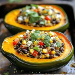 - Acorn squashes and their preparation - Use 2 acorn squashes. Cut them in half and remove the seeds. This helps them cook evenly. - Key ingredients: quinoa, black beans, and vegetables - You need 1 cup of quinoa. Rinse it well before cooking. - Use 2 cups of vegetable broth for flavor. - 1 cup of black beans should be rinsed and drained. - Add 1 diced red bell pepper for sweetness. - Chop 1 small red onion finely for depth of flavor. - Use 2 minced garlic cloves for a savory kick. - Include 1 teaspoon of cumin and 1 teaspoon of smoked paprika for spice. - Season with salt and pepper to your taste. - Add 1 cup of corn kernels, fresh or frozen, for texture. - Optional toppings and garnishes - You can sprinkle 1/2 cup of crumbled feta cheese on top if you like. - Fresh cilantro makes a great garnish. It adds color and freshness to the dish. For the full recipe, check out the instructions to bring this dish to life! First, let's prep the acorn squash for roasting. Cut each squash in half and scoop out the seeds. I like to drizzle them with olive oil and sprinkle salt and pepper. This adds flavor and helps them cook well. Place the halves cut-side up on a baking sheet. Roast in a preheated oven at 400°F (200°C) for 25 to 30 minutes. You want them to be tender. While the squash roasts, it's time to cook the quinoa and sauté the vegetables. In a medium pot, combine 1 cup of rinsed quinoa and 2 cups of vegetable broth. Bring it to a boil, then turn the heat down to low. Cover the pot and let it simmer for about 15 minutes. The quinoa should be fluffy when done. Now, in a large skillet, heat a tablespoon of olive oil over medium heat. Add 1 chopped red onion and 1 diced red bell pepper. Sauté them for about 5 minutes until they soften. Then, add 2 minced garlic cloves and cook for another minute until fragrant. Next, it's time to fill the stuffed squash. Stir the cooked quinoa into the skillet. Add 1 cup of black beans, 1 cup of corn, 1 teaspoon of cumin, and 1 teaspoon of smoked paprika. Season with salt and pepper. Mix everything well and heat it through for about 3 to 5 minutes. Once your acorn squashes are done roasting, carefully take them out of the oven. Fill each half generously with the quinoa mixture. Press it down slightly for a good fit. If you want, sprinkle 1/2 cup of crumbled feta cheese on top. Return the stuffed squash to the oven for another 10 to 15 minutes. This helps the flavors blend and gives a nice golden color on top. When finished, let them cool for a few minutes before serving. You can garnish with fresh cilantro for a pop of color. Enjoy this dish as a hearty holiday treat! For a detailed list of the steps, check the Full Recipe. Achieving the perfect tenderness for acorn squash is key. Start by roasting them cut-side up. Use olive oil and sprinkle with salt and pepper. Roast at 400°F for 25-30 minutes. Check for softness with a fork. It should pierce easily. Flavor enhancement with spices and seasonings makes a big difference. I use cumin and smoked paprika in my recipe. They add warmth and depth. Don’t be afraid to adjust spices to your taste. Add more or less as you prefer. Common mistakes to avoid in preparation include overcooking or undercooking the squash. Make sure to watch your cooking time closely. If you skip seasoning, your dish may taste bland. Always taste and adjust flavors as you go. For more details, check the Full Recipe for the perfect balance of flavors. {{image_2}} You can switch up grains and legumes for variety. Use farro or barley instead of quinoa. If you want protein, try lentils or chickpeas. These swaps add new textures and flavors. For dairy-free options, simply skip the feta cheese. Use a plant-based cheese or nutritional yeast for a cheesy taste. Both choices are great for vegan meals. Seasonal vegetables can also change your dish. In winter, try adding roasted Brussels sprouts or kale. In fall, sweet potatoes or mushrooms work well. Each choice enhances the flavor and nutrition of your stuffed acorn squash. For the full recipe, check out the delightful details that make this dish shine. To keep your stuffed acorn squash fresh, place leftovers in an airtight container. This helps prevent moisture loss and keeps flavors intact. Store them in the fridge for up to four days. If you want to enjoy them later, freezing is a great option. To freeze, wrap each stuffed squash half in plastic wrap, then place them in a freezer bag. They can last for up to three months in the freezer. When you're ready to enjoy them, thaw overnight in the fridge. To reheat, you can use the oven or microwave. If using the oven, preheat it to 350°F (175°C). Place the squash on a baking sheet and cover it with foil. Heat for about 20 minutes or until warm. This keeps the squash soft and the filling moist. If you are in a hurry, the microwave works too. Heat on medium power for about 2-3 minutes. Be careful not to overheat, as it can make the squash tough. For meal prep, these stuffed squashes make a great dish. They are easy to portion out, and their flavors only get better after sitting for a day or two. Check out the Full Recipe for more details on preparing this delicious dish. A ripe acorn squash has a deep green color with some yellow patches. It should feel heavy for its size. The skin should be hard and firm. If you tap it, it should sound hollow. Avoid squashes with soft spots or blemishes. Yes, you can prepare the stuffed squash in advance. You can roast the acorn squash and make the filling a day ahead. Store both in the fridge. When you are ready to eat, just fill the squash and bake it. This saves time and makes meal prep easy. Serve the stuffed acorn squash with a fresh salad or crusty bread. A light vinaigrette pairs well with the rich filling. You can also add a side of roasted vegetables for extra color and flavor. This makes your meal more balanced and festive. For the full recipe, check out the link above. In this post, we explored how to create a delicious stuffed acorn squash. We discussed the main ingredients, from acorn squash to quinoa and black beans. You learned step-by-step how to prep, cook, and fill the squash. I shared cooking tips to avoid common mistakes and suggested tasty variations and substitutions. Finally, we covered storage tips to keep leftovers fresh. Each step helps make this dish simple and enjoyable. I hope you find success and joy in making it!