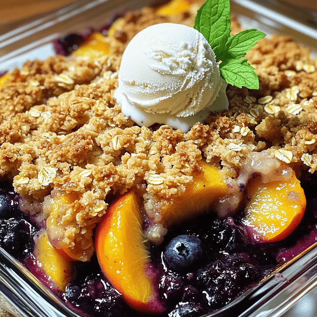To make a tasty peach and blueberry crumble, gather these simple items: - 4 ripe peaches, peeled and diced - 2 cups fresh blueberries - 1 tablespoon lemon juice - 1 tablespoon honey (or maple syrup) - 1 cup rolled oats - 1/2 cup all-purpose flour - 1/2 cup brown sugar - 1/4 cup unsalted butter, melted - 1 teaspoon ground cinnamon - 1/4 teaspoon salt - 1/4 teaspoon nutmeg (optional) If you can’t find fresh peaches, you can use canned peaches. Just be sure to drain them. You can also swap blueberries with raspberries or blackberries. For a sweeter touch, use agave syrup instead of honey. If you want a gluten-free option, try almond flour instead of all-purpose flour. Want to make your crumble extra special? Here are some fun ideas: - Add a handful of chopped nuts like pecans or walnuts for crunch. - Sprinkle in some shredded coconut for a tropical twist. - Mix in a teaspoon of vanilla extract for a warm flavor. - A pinch of ginger can give it a nice kick. Feel free to explore these options and make this peach and blueberry crumble your own. For the full recipe, check out the recipe section above. Start by gathering your ingredients. You will need peaches, blueberries, oats, flour, sugar, and butter. Make sure your peaches are ripe for the best taste. This recipe takes about 15 minutes to prep. You will then bake it for 30-35 minutes. 1. Preheat your oven to 350°F (175°C). This step is key for even baking. 2. In a large bowl, combine the diced peaches and fresh blueberries. 3. Drizzle the fruit with lemon juice and honey. Toss gently to mix. 4. Transfer the fruit mixture to a 9-inch baking dish. Spread it evenly. 5. In another bowl, mix rolled oats, flour, brown sugar, melted butter, cinnamon, salt, and nutmeg. 6. Stir until the mixture looks crumbly. This will be your topping. 7. Evenly spread the oat mixture over the fruit. Cover all of it well. 8. Bake for 30-35 minutes. Look for a golden brown color and bubbly fruit edges. Once baked, take the crumble out of the oven. Let it cool for about 10 minutes. This helps the filling set up a bit. Serve warm for the best taste. Top with vanilla ice cream or whipped cream. A sprig of mint can add a nice touch. For the full recipe, check back later! One common mistake is undercooking the crumble. Make sure the topping is golden brown. This means it has baked long enough. Another mistake is using hard peaches. Choose ripe peaches for the best flavor. Avoid overmixing the topping; it should stay crumbly, not smooth. Lastly, don’t skip the baking time. Let the crumble cool a bit before serving. For a great texture, use a mix of oats and flour. This gives the crumble a nice crunch. The butter should be melted but not too hot. If it's too hot, it can make the topping greasy. Mix until it looks crumbly, not like dough. Bake it until the edges bubble and the top is golden. Spices can elevate your crumble's flavor. Ground cinnamon adds warmth and depth. Nutmeg is a nice touch, but it’s optional. You can also try adding ginger for a spicy kick. A pinch of salt balances the sweetness. Experiment with these spices to find your favorite mix. Using fresh lemon juice brightens the fruit flavors too. For more ideas, check the Full Recipe. {{image_2}} You can easily make this crumble gluten-free. Simply swap the all-purpose flour for gluten-free flour. Look for a blend that works well in baking. You can also use certified gluten-free oats. This way, you keep the same great taste and texture without gluten. Feel free to change the fruit based on the season. In summer, try ripe strawberries or cherries. In fall, apples and pears make a warm, tasty swap. Each fruit brings its own flavor and texture. Mixing different fruits can add a fun twist to your crumble. If you want to reduce sugar, use other sweeteners. You can try agave syrup or coconut sugar. These options add sweetness without the refined sugar. Just remember to adjust the amount based on your taste. Always taste as you go! For the full recipe and more tips, check the [Full Recipe]. To store leftover crumble, let it cool completely. Place it in an airtight container. You can keep it at room temperature for one day. For longer storage, refrigerate it. It stays fresh in the fridge for up to three days. To reheat your crumble, preheat your oven to 350°F (175°C). Place the crumble in an oven-safe dish. Cover it with foil to prevent burning. Heat for about 15-20 minutes until warm. You can also use a microwave. Use a microwave-safe dish and heat for 1-2 minutes. Check to make sure it’s warm all the way through. You can freeze the crumble for later. First, let it cool completely. Then, wrap it tightly in plastic wrap. Place it in a freezer-safe bag or container. It can last up to three months in the freezer. To enjoy, thaw it in the fridge overnight. Reheat as mentioned above. This way, you can savor this tasty treat anytime! For the full recipe, check out the complete guide. Yes, you can use frozen fruit. Just remember to thaw it first. Drain any extra juice to avoid a soggy crumble. Frozen fruit adds great flavor, too. You have many choices! Vanilla ice cream works well and adds creaminess. Whipped cream is another tasty option. You can also serve it with yogurt for a lighter touch. Look for a golden brown top. The fruit should bubble around the edges. This takes about 30 to 35 minutes in the oven. A toothpick can help check the crumble's texture. Yes, you can easily make it vegan. Swap the butter for coconut oil or vegan butter. Use maple syrup instead of honey. This keeps the crumble just as delicious! Check the Full Recipe for more details on ingredients. This blog post covered everything you need for a tasty Peach and Blueberry Crumble. We looked at key ingredients, helpful substitutions, and optional add-ins to boost flavor. You now have clear steps for preparation, cooking, and serving. I shared tips to avoid common mistakes and achieve the right texture. You learned variations for dietary needs too. Lastly, I covered how to store leftovers and answered common questions. Enjoy making this dessert again and again!