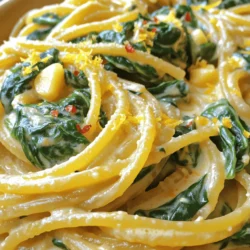 - Pasta options: You can choose spaghetti or any pasta you like. Fettuccine, penne, or even gluten-free options work well too. The key is to pick one that you enjoy. - Fresh spinach quantity and type: Use about 6 cups of fresh spinach, which is roughly 3 oz. Baby spinach is great for this dish because it wilts down nicely. - Garlic and its role in the recipe: You will need 4 cloves of garlic, minced. Garlic adds a wonderful flavor that makes this dish shine. It gives depth and richness when sautéed. - Cream and cheese selection: For creaminess, use 1 cup of heavy cream. Pair it with 1/2 cup of grated Parmesan cheese. This combo creates a smooth, rich sauce that coats the pasta perfectly. - Seasoning essentials: Use 1 teaspoon of salt and 1/2 teaspoon of black pepper for flavor. You can also add a 1/4 teaspoon of nutmeg for a hint of warmth. Fresh lemon juice, about 1 tablespoon, brightens the dish and adds a nice zing. Don't forget extra Parmesan and red pepper flakes for garnish if you like a little heat. This detailed list allows you to gather everything you need for your creamy garlic spinach pasta. For the full recipe, check out the [Full Recipe]. To cook the pasta, bring a large pot of salted water to a boil. Add the spaghetti and cook it until it is al dente. This means it should be firm but not hard. Check the package for the exact cooking time, usually around 8 to 10 minutes. While cooking, reserve 1/2 cup of the pasta water before draining. Set the pasta aside once it's done. For perfect garlic, heat the olive oil in the same pot or a large skillet over medium heat. Add the minced garlic and sauté for 1-2 minutes. You want the garlic to smell great and turn golden. Be careful here; burnt garlic tastes bitter. If you see it darkening too fast, lower the heat a bit. Add the fresh spinach to the pot next. Stir it in slowly until it wilts, which takes about 2-3 minutes. This step helps you waste little spinach and adds great flavor. Once the spinach is ready, lower the heat and pour in the heavy cream. Stir until it mixes well. Then, add the grated Parmesan, salt, pepper, and nutmeg if you wish. Mix until the cheese melts and the sauce gets creamy. Now, toss the drained pasta in the sauce. If the sauce seems too thick, add some of that reserved pasta water. Mix until the pasta is well coated. Finally, squeeze fresh lemon juice over it. This gives the dish a nice, bright flavor. Enjoy your creamy garlic spinach pasta! For full details, check the Full Recipe. One common mistake is overcooking garlic and cream. Garlic cooks quickly. If you burn it, it turns bitter. Sauté it just until golden. This usually takes 1 to 2 minutes. For the cream, avoid boiling it. High heat can separate the cream and ruin the sauce. Always keep the heat low when adding cream. Another mistake is having the wrong sauce consistency. If your sauce is too thick, it won’t coat the pasta well. If it's too thin, it may seem watery. Reserve some pasta cooking water. Add it slowly until you reach the right thickness. To boost flavor, consider adding herbs and spices. Fresh basil or thyme can elevate the dish. A pinch of red pepper flakes adds heat. You can also try a dash of garlic powder for more intensity. Fresh lemon juice is key too. It brightens the dish and balances the creaminess. Add it just before serving for the best taste. Presentation matters! Serve the pasta in shallow bowls. This showcases the creamy sauce. Top it with extra Parmesan cheese and a sprinkle of red pepper flakes. This adds color and texture. Pair your pasta with a simple green salad. A light vinaigrette complements the rich pasta. For drinks, a crisp white wine or sparkling water works well. These choices enhance the meal's flavors. For the complete recipe, don’t forget to check the Full Recipe! {{image_2}} You can add protein to your creamy garlic spinach pasta for a heartier meal. Chicken, shrimp, or tofu work great. - Chicken: Cook diced chicken in olive oil until golden. Then, mix it with the pasta and sauce. - Shrimp: Sauté shrimp until they turn pink. Add them right before tossing with the pasta. - Tofu: For a vegan option, cube firm tofu and pan-fry until crispy. Toss it in last for added texture. If you have dietary needs, there are great options. Gluten-free pasta is widely available. Look for rice or chickpea pasta. These options still taste great! For a vegan version, substitute cream with coconut cream or cashew cream. Nutritional yeast can replace Parmesan cheese to keep flavors rich. Using seasonal veggies can add freshness to your dish. Asparagus and peas are fantastic choices. - Asparagus: Trim and cut into pieces. Add them with spinach for a colorful touch. - Peas: Stir in fresh or frozen peas when adding spinach. They add sweetness and texture. You can also add more greens, like kale or Swiss chard. Just chop them finely and sauté with the garlic. This makes your pasta even more vibrant and healthy. For the full recipe, check the section above. To store leftover creamy garlic spinach pasta, follow these tips: - Allow the pasta to cool to room temperature. - Use an airtight container to keep it fresh. - Separate the sauce from the pasta if possible. This prevents sogginess. For best results, use glass or plastic containers with tight lids. They keep the flavors intact and help avoid spills. Reheating pasta can be tricky. You want to keep it creamy and warm. Here are some methods: - Use a skillet over low heat. Add a splash of water or cream. Stir often to mix. - You can also use a microwave. Place the pasta in a bowl, cover it, and heat in short bursts. Add a little cream to keep it moist. These methods help restore the creamy texture of your dish. In the fridge, creamy garlic spinach pasta lasts about three to four days. Ensure it stays in an airtight container. Look for these signs of spoilage: - A sour smell or taste. - Changes in color or texture. - Mold growth on the surface. Always trust your senses when checking food freshness. To make creamy garlic spinach pasta, follow these steps: 1. Cook the Pasta: Boil salted water and cook your pasta until al dente. 2. Sauté Garlic: Heat olive oil in a pan. Add minced garlic and cook until fragrant. 3. Add Spinach: Toss in fresh spinach and stir until it wilts. 4. Make the Creamy Sauce: Pour in heavy cream, add Parmesan, salt, pepper, and nutmeg. Stir until smooth. 5. Combine Pasta and Sauce: Add the drained pasta, mixing well. Adjust with reserved pasta water if needed. 6. Finish with Lemon: Add fresh lemon juice. This brightens the dish. 7. Serve: Plate your pasta and garnish with extra cheese and red pepper flakes. For those who prefer not to buy ingredients, you can use homemade pasta. You can also substitute heavy cream with half-and-half or coconut cream for a lighter version. Yes, you can use dried spinach. First, you need to rehydrate it. Soak dried spinach in warm water for 10-15 minutes. Drain the excess water and squeeze out the moisture. This makes it soft and ready to use. However, the flavor will not be as bright as fresh spinach. Fresh spinach has a crisp taste that adds to the dish. Dried spinach may offer a more muted flavor, so consider adding more garlic or spices to boost it. Creamy garlic spinach pasta pairs well with several dishes. Consider serving it with: - Grilled chicken or shrimp for added protein. - A side salad with fresh greens for crunch. - Garlic bread or crusty rolls to soak up the sauce. Beverage pairings include a crisp white wine, like Sauvignon Blanc, or a light sparkling water with lemon. These choices enhance the meal’s flavors and offer a refreshing contrast. Feel free to explore the Full Recipe for more details on making this delicious dish! This guide on creamy garlic spinach pasta covers all the essentials. We explored the key ingredients, step-by-step cooking methods, and common mistakes. You learned how to enhance flavors and discover interesting variations. Plus, we discussed proper storage and reheating tips. Remember, cooking is about creativity and enjoyment. Use fresh ingredients and make it your own. So, roll up your sleeves and try this delightful dish today! Your taste buds will thank you.