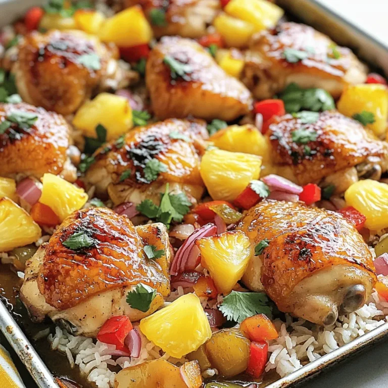 - 4 boneless, skinless chicken thighs - 1 cup pineapple chunks (fresh or canned) - 1 bell pepper (red or yellow), sliced - 1 red onion, sliced - 2 tablespoons soy sauce (low sodium) - 2 tablespoons honey - 1 tablespoon rice vinegar - 3 cloves garlic, minced - 1 teaspoon grated ginger - 1 teaspoon sesame oil - Salt and pepper to taste - Fresh cilantro for garnish - Cooked rice or quinoa, for serving You can swap chicken thighs for chicken breasts. They cook well too. If you don’t like pineapple, try mango or peach. Use any bell pepper color you like. For a different taste, use lemon juice instead of rice vinegar. You can also use agave syrup in place of honey. If you need a low-carb option, use zucchini noodles instead of rice. These swaps keep the meal tasty and fun. This dish serves 4 people. Each serving has around: - Calories: 350 - Protein: 25g - Carbohydrates: 40g - Fat: 10g - Fiber: 2g - Sugar: 8g These numbers may change based on your ingredient choices. For a healthy meal, this recipe packs flavor and nutrition. You can find the Full Recipe for detailed steps and tips. Start by preheating your oven to 400°F (200°C). This step is key to getting a nice, even cook on the chicken and veggies. Line a large baking sheet with parchment paper to make cleanup easy. In a mixing bowl, combine the soy sauce, honey, rice vinegar, minced garlic, grated ginger, and sesame oil. Whisk them together until well mixed. This marinade packs a punch with sweet and savory flavors, perfect for our chicken. Take the chicken thighs and place them in a large resealable bag. Pour half of the marinade over the chicken, making sure it coats every piece. Reserve the other half for later. Seal the bag and let it marinate for at least 20 minutes. If you have time, marinating for up to 2 hours in the fridge gives even better flavor. Once your chicken has marinated, take the sheet pan out. Place the marinated chicken thighs in the center. Next, surround them with sliced bell pepper, red onion, and pineapple chunks. Sprinkle salt and pepper over the veggies for extra taste. Pour the reserved marinade over everything on the sheet pan. Bake in the preheated oven for 25-30 minutes. Check that the chicken is fully cooked; it should reach an internal temperature of 165°F (75°C). The veggies should be tender and flavorful. For a touch of caramelization, switch your oven to broil for the last 3-4 minutes. This step adds a lovely color and a bit of crunch. Keep a close eye on it to prevent burning. Once cooked, take the sheet pan out of the oven. Garnish your dish with freshly chopped cilantro. Serve over cooked rice or quinoa for a complete meal. If you want more flavor, drizzle some extra marinade over the top. Enjoy your tropical paradise! For the full recipe, check out the Tropical Paradise Sheet Pan Hawaiian Chicken . To get the best flavor, let the chicken marinate. I suggest at least 20 minutes. If you have extra time, go for two hours in the fridge. This helps the chicken soak up all the tasty juices. Use a resealable bag for easy mixing. You can also use a shallow dish. Make sure the chicken is well coated in the marinade. Cooking time can change based on your oven and chicken size. Always check the internal temperature. The chicken should reach 165°F (75°C). If you use larger pieces, add 5-10 more minutes. If your oven runs hot, check the chicken a bit earlier. Use a meat thermometer for the best results. For even cooking, spread the chicken and veggies out. Don’t overcrowd the pan. This helps everything cook nice and evenly. Use parchment paper for easy cleanup. It keeps the food from sticking and makes for a quick wash up. If you want extra caramelization, broil the dish for a few minutes at the end. Just watch it closely so it doesn’t burn. {{image_2}} You can swap chicken for other meats. Try boneless pork chops or turkey thighs. Both options work well and taste great. If you prefer seafood, use shrimp. Just note that shrimp cooks faster than chicken. Bake shrimp for only 15-20 minutes. You can also use tofu for a plant-based dish. Make sure to press and cube the tofu before marinating. Feel free to mix up the vegetables. Zucchini, carrots, and snap peas are fantastic choices. You can even add broccoli or cauliflower for extra crunch. Just make sure to cut the veggies into similar sizes. This ensures they cook evenly. You can also use frozen veggies if you're short on time. Just thaw and pat them dry before adding them to the pan. Want to add some heat? Make your Hawaiian chicken spicy! Add diced jalapeños or red pepper flakes to the marinade. You can also mix in a splash of hot sauce. If you like a smoky flavor, consider adding chipotle powder. This will give your dish a nice kick. Just remember to adjust the amount according to your spice level. Enjoy this Full Recipe for a delicious meal! After you cook the Sheet Pan Hawaiian Chicken, let it cool down. Store leftovers in an airtight container. This keeps the chicken and veggies fresh. They will last for about 3 to 4 days in the fridge. Make sure to label the container with the date. This way, you know when to eat them. If you want to save some for later, freezing is a great option. Place the cooled chicken in a freezer-safe bag. Remove as much air as possible before sealing. This helps prevent freezer burn. You can freeze it for up to 3 months. When ready to eat, thaw it overnight in the fridge. To reheat, use the oven for the best results. Preheat it to 350°F (175°C). Place the chicken on a baking sheet and cover it with foil. Heat for about 20 minutes or until warm. You can also use a microwave, but the oven keeps it juicy. If using a microwave, heat in short bursts, checking for warmth. Enjoy your delicious meal! To make this dish, start by marinating chicken thighs. Whisk soy sauce, honey, rice vinegar, minced garlic, grated ginger, and sesame oil in a bowl. Pour half the marinade over the chicken. Let it sit for at least 20 minutes. Then, place the chicken on a prepared sheet pan. Surround it with sliced bell peppers, red onion, and pineapple chunks. Pour the reserved marinade over everything. Bake at 400°F for 25-30 minutes. You can broil it for a few minutes to add color. Finally, garnish with cilantro and serve over rice or quinoa. For the full recipe, check the details above. You can use frozen chicken, but it’s best to thaw it first. Cooking frozen chicken increases the cooking time. It may also cook unevenly. Thaw the chicken overnight in the fridge or in cold water. Once thawed, follow the marinating and baking steps as usual. Sheet Pan Hawaiian Chicken goes well with many sides. Here are a few options: - Cooked rice - Quinoa - Steamed broccoli - Grilled asparagus - Mixed greens salad These sides add flavor and balance to the meal. Leftover Hawaiian chicken lasts about 3-4 days in the fridge. Store it in an airtight container. Make sure it cools down before sealing. For longer storage, consider freezing it. It can last up to 3 months in the freezer. Yes, you can prepare this dish ahead of time. Marinate the chicken a few hours before cooking. You can also chop the vegetables and store them in the fridge. Just arrange everything on the sheet pan and bake when ready. This way, you can enjoy a quick meal with less prep time. This blog post covered everything you need for Sheet Pan Hawaiian Chicken. You learned about the ingredients, how to make a tasty marinade, and step-by-step cooking tips. We discussed variations, like using different proteins or veggies, and how to store leftovers. Whether you’re a beginner or a pro, this recipe offers something for everyone. Enjoy making this dish, and feel free to experiment with flavors. Happy cooking!