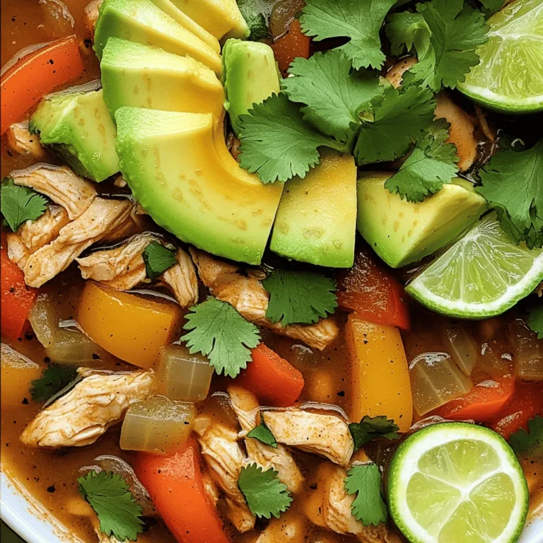- 1 lb chicken breast, diced - 1 medium onion, sliced - 1 bell pepper (any color), sliced - 2 cloves garlic, minced - 1 can (14 oz) diced tomatoes (with juices) - 4 cups chicken broth - 1 tablespoon fajita seasoning (store-bought or homemade) - 1 can (15 oz) black beans, drained and rinsed - 1 cup corn (fresh, frozen, or canned) - 2 tablespoons olive oil - Salt and pepper to taste - Fresh cilantro, chopped (for garnishing) - Sliced avocado and lime wedges (for serving) Gathering these ingredients is key for a great soup. Start with the chicken breast. It gives your soup its rich flavor and protein. Use fresh chicken for the best taste. The onion and bell pepper add a nice sweetness and crunch. Slice them thinly to cook evenly. Garlic gives a bold taste. Mince it finely for even distribution. The canned diced tomatoes provide a juicy base. Their acidity balances the soup. Chicken broth is essential. It adds depth and body to the dish. Fajita seasoning is what makes this soup unique. You can buy it or make your own. Black beans add fiber and a creamy texture. They also boost the soup's heartiness. Corn, whether fresh or canned, adds a pop of sweetness. Finally, olive oil helps in sautéing the chicken and veggies. Don’t forget salt and pepper. They enhance all the flavors. For garnish, fresh cilantro, avocado, and lime wedges add freshness and zest. For the full recipe, check the complete guide! Cooking this Easy Chicken Fajita Soup is simple and fun. Let’s break it down step-by-step. 1. Heat olive oil in a large pot. Start by adding the olive oil to your pot. Use medium heat. This helps prepare the base for your soup. 2. Sauté chicken breast for 5 minutes. Add the diced chicken breast next. Cook it for about five minutes. You want the chicken to turn white and no longer be pink. 3. Add onion and bell pepper, cooking until softened. Toss in the sliced onion and bell pepper. Cook them for about five minutes until they start to soften. This adds great flavor! 4. Stir in garlic and cook for an additional minute. Now, add the minced garlic. Cook it for one more minute. The smell will be amazing! 5. Combine diced tomatoes, chicken broth, and seasonings. Next, add the can of diced tomatoes, chicken broth, and fajita seasoning. Stir well to mix everything. 6. Bring to boil, then simmer for 15-20 minutes. Turn up the heat until the soup boils. Then, lower the heat and let it simmer for 15 to 20 minutes. This blending of flavors is key! 7. Adjust seasoning with salt and pepper to taste. After simmering, taste your soup. Add salt and pepper as needed. This is where you can make it perfect for you! 8. Serve garnished and enjoy! Finally, ladle the soup into bowls. Top it with chopped cilantro, avocado slices, and a squeeze of lime. Enjoy your delicious meal! For the full details on making this tasty soup, check out the Full Recipe. - Use fresh ingredients for vibrant flavors. Fresh veggies make a big difference. - Adjust seasoning according to personal preference. Taste as you go for the best result. - Let the soup simmer longer for deeper flavor integration. This makes all the flavors blend well. - Best served hot with avocado and lime wedges. The fresh toppings add great taste. - Pair it with tortilla chips for extra crunch. Chips give a nice texture to the soup. - Offer toppings like sour cream or shredded cheese for customization. Everyone can make it their own. This soup is not just easy; it’s also packed with flavor. Check out the Full Recipe for all the details. Enjoy your cooking! {{image_2}} You can change up the protein in this soup. Swap chicken for beef or shrimp for a fresh twist. Each option brings a new taste. If you want a plant-based option, try adding beans or lentils. They add protein and texture. You can also play with the beans you use. Black beans work well, but you can try pinto or kidney beans for a different flavor. If you want more color, experiment with different peppers. Use green, yellow, or even spicy peppers for a kick. Each pepper adds its own unique taste to the soup. If you like heat, you can easily adjust the spice level. Increase the fajita seasoning for a bolder flavor. Want it even spicier? Add fresh jalapeños or a splash of hot sauce. This adds a zesty kick and makes the soup exciting. Feel free to taste as you go. This way, you can find the right level of spice for your taste buds. Enjoy mixing and matching flavors to make this soup your own. And if you want the full recipe, check out the [Full Recipe]. After you enjoy your easy chicken fajita soup, store any leftovers right. - Place them in an airtight container. - Keep them in the fridge for up to 3 days. - For longer storage, freeze the soup for up to 3 months. - Make sure to thaw it before you reheat. When it's time to enjoy your soup again, reheating is simple. - You can reheat it on the stove over medium heat. - If it looks thick, add some broth to loosen it up. - For a quick option, use the microwave. - Heat in short intervals, stirring in between for even warmth. This method keeps your soup tasty and fresh. - Can I make this soup in a slow cooker? Yes, you can! Just brown the chicken in a pan first. Then, add everything to your slow cooker. Cook on low for 6-8 hours or on high for 3-4 hours. This makes the flavors blend well. - Is it possible to prepare this recipe ahead of time? Absolutely! You can make the soup a day ahead. Store it in the fridge. The next day, just reheat it on the stove. The flavors will get even better overnight. - How can I make this recipe healthier? To make it healthier, use skinless chicken breast. You can also add more veggies like spinach or zucchini. This adds fiber and nutrients without many calories. - What is the best way to serve this soup? Serve the soup hot in bowls. Top it with fresh cilantro, avocado slices, and a squeeze of lime. You can also add tortilla chips for a crunchy side. - Can I use canned chicken instead of fresh? Yes, you can use canned chicken. Just drain it and add it in during the last few minutes of cooking. It’s a great time-saver. - What’s the best way to modify the recipe for a vegetarian option? For a vegetarian soup, skip the chicken. Use vegetable broth instead of chicken broth. Add extra beans or chickpeas for protein. - How do I add more vegetables to my soup recipe? You can add vegetables like carrots, celery, or even kale. Just chop them small and add them in with the onions and bell peppers. This boosts nutrition and flavor. In this blog post, we covered how to make easy chicken fajita soup. You learned about the essential ingredients and step-by-step cooking method. I shared tips for perfecting your soup, suggested fun variations, and provided storage info. With these insights, you can enjoy a flavorful meal tailored to your taste. Remember, cooking is about fun and creativity. Enjoy making this soup and share it with friends and family!