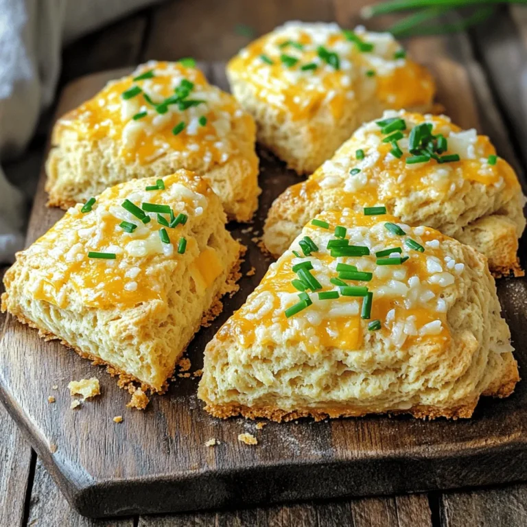 For your savory cheese scones, gather these key ingredients: - 2 cups all-purpose flour - 1 tablespoon baking powder - 1/2 teaspoon salt - 1/4 teaspoon black pepper - 1/4 teaspoon cayenne pepper (optional) - 1/2 cup cold unsalted butter, cubed - 1 cup shredded sharp cheddar cheese - 1/2 cup grated Parmesan cheese - 1/2 cup whole milk (or buttermilk) - 1 egg, beaten (for egg wash) - Fresh chives, finely chopped (for garnish) Using quality cheese is vital for flavor. Sharp cheddar brings a rich taste. Parmesan adds depth and a hint of nuttiness. Always choose fresh, high-quality cheese for the best results. You can enhance your scones with some fun add-ins. Consider these herbs and spices: - Fresh rosemary - Thyme - Garlic powder For cheese varieties, try: - Gruyère for a nutty twist - Feta for a tangy kick - Mozzarella for a gooey texture These options let you explore new flavors and keep your scones exciting. Enjoy experimenting! For the full recipe, check out the detailed instructions above. 1. Start by preheating your oven to 400°F (200°C). Line a baking sheet with parchment paper to prevent sticking. 2. In a large bowl, mix 2 cups of all-purpose flour, 1 tablespoon of baking powder, 1/2 teaspoon of salt, 1/4 teaspoon of black pepper, and 1/4 teaspoon of cayenne pepper. This blend gives your scones a nice kick. 3. Add 1/2 cup of cold, cubed unsalted butter to the flour mix. Use your fingers or a pastry cutter to blend until it looks like coarse crumbs. 4. Stir in 1 cup of shredded sharp cheddar cheese and 1/2 cup of grated Parmesan cheese. Make sure the cheese is spread evenly. 5. Slowly pour in 1/2 cup of whole milk (or buttermilk). Use a fork to mix until the dough sticks together. Be careful not to overmix; it should feel slightly sticky but easy to handle. 6. Turn the dough onto a floured surface. Gently knead it a few times until it forms a ball. Remember, you want a soft dough, not tough. 7. Pat the dough into a rectangle about 1 inch thick. Use a knife or pizza cutter to cut it into squares or triangles. 8. Place your cut scones on the prepared baking sheet, leaving about 1 inch of space between them. 9. Brush the tops with a beaten egg to give them a golden look when baked. 10. Bake the scones for 15-20 minutes. Keep an eye on them; they should turn lightly golden. 11. To check if they are ready, insert a toothpick into the center. If it comes out clean, your scones are perfect. 12. Remove the scones from the oven and let them cool on a wire rack for a bit. 13. While they are still warm, sprinkle some finely chopped chives on top for a fresh touch. These simple steps will lead you to delicious, savory cheese scones. For the complete recipe, refer to the Full Recipe. To make the best savory cheese scones, avoid common mistakes. Here are some tips: - Overmixing the dough: Mix just enough until the dough comes together. Overmixing makes scones tough. - Using warm butter: Always use cold butter. It helps create a flaky texture. - Skipping the chill: If time allows, chill the dough for a bit. It helps the scones rise better. For a flaky texture, keep these techniques in mind: - Cut in butter correctly: Use a pastry cutter or your fingers. Aim for coarse crumbs. - Use cold ingredients: Cold milk or buttermilk helps the dough stay cool. - Pat, don’t roll: Pat the dough into shape instead of rolling it out. This keeps layers intact. Savory cheese scones pair well with many drinks and spreads. Here are my favorites: - Pairing with soup: Serve these scones with a warm bowl of tomato basil or creamy potato soup. - Cheese and charcuterie boards: Include scones on a board with cured meats and fresh fruits. - Beverages: Enjoy with herbal tea, coffee, or a light white wine. For presentation, try these ideas: - Garnish with herbs: Sprinkle fresh chives or parsley on top for color. - Serve warm: Warm scones taste best. Serve them right out of the oven. - Use rustic dishes: Place scones on a wooden board or in a woven basket for a cozy look. For the full recipe and more details, check out the [Full Recipe]. {{image_2}} You can play with many cheese flavors in savory cheese scones. While sharp cheddar gives a nice bite, other cheeses can add depth. Here are some great choices: - Gruyère: This Swiss cheese adds a nutty twist. - Feta: Crumbled feta brings a salty taste that pairs well with herbs. - Blue cheese: If you like bold flavors, try adding blue cheese for a rich profile. - Goat cheese: This cheese adds creaminess and a tangy flavor. Combining cheeses can make your scones gourmet. For example, use half cheddar and half Gruyère. This mix creates a tasty balance. Experimenting with different cheeses can lead to fun and unique scone experiences. You can create sweet or savory variations with add-ins. Fresh herbs like rosemary or thyme can brighten the flavor. If you want a sweet twist, try adding dried cranberries or chopped apples. Seasonal fruits and vegetables also work great. In spring, add fresh asparagus or peas for a fresh touch. In the fall, try pumpkin puree or grated zucchini for moisture and flavor. Adding these elements allows you to customize your scones. Each season can bring new flavors to your kitchen. For the full recipe, check out the detailed steps. To keep your savory cheese scones fresh, store them in an airtight container. This helps maintain their texture and flavor. Place a piece of parchment paper between layers to prevent sticking. Keep them at room temperature for up to two days. If you need to store them longer, consider freezing. To freeze, let the scones cool completely. Wrap each one in plastic wrap and place them in a freezer bag. They will stay fresh for about three months. When you want to enjoy them, simply thaw them overnight in the fridge. To warm up your scones, the oven is the best method. Preheat it to 350°F (175°C). Place the scones on a baking sheet and heat for about 10 minutes. This keeps them crispy on the outside while soft inside. If you prefer a softer texture, microwave them for 15-20 seconds. However, this may make them a bit chewy. For the best results, try both methods and see which you like most! To boost the cheese flavor, choose sharp cheddar and aged Parmesan. You can also mix in herbs like rosemary or thyme for an extra kick. Adding a pinch of garlic powder can enhance the taste, too. For dairy-free or vegan options, use plant-based butter and non-dairy milk. Nutritional yeast can mimic the cheese flavor well. You can also try vegan cheese made from nuts or soy, which can add a nice creaminess. Yes, you can make the dough ahead. Wrap it tightly and keep it in the fridge for up to 24 hours. When ready, just cut and bake as usual. If baked, store scones in an airtight container at room temperature for up to two days. For longer storage, freeze them. Just reheat in the oven for a few minutes to bring back the freshness. Savory cheese scones pair well with soups or salads. A rich tomato soup or a fresh garden salad makes a great match. You can also serve them with dips like hummus or a spicy salsa for extra flavor. Consider a spread like herb-infused butter or cream cheese to enjoy on the side. These options elevate your scone experience, making it even more delightful. For more ideas, check the Full Recipe. In this post, we covered how to make delicious cheese scones. We discussed key ingredients, especially the importance of using quality cheese, and optional add-ins like herbs. The step-by-step guide helped you knead the dough and bake it to perfection. We shared tips for achieving a flaky texture and offered serving ideas. Finally, I hope you feel ready to experiment with variations and enjoy fresh scones at home. Your tasty creations await!