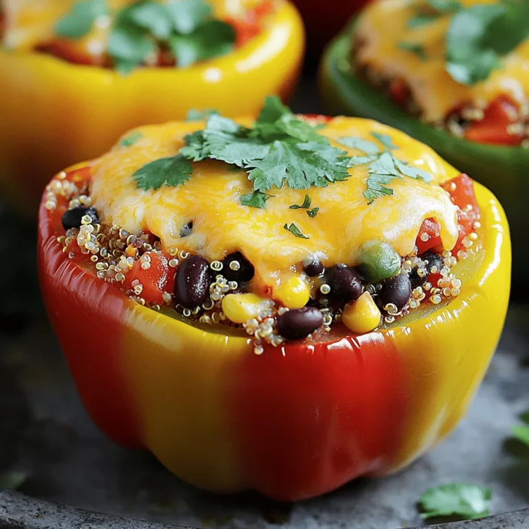 - 4 large bell peppers (any color) - 1 cup cooked quinoa - 1 cup black beans, rinsed and drained - 1 cup corn kernels (fresh, frozen, or canned) - 1 cup diced tomatoes (canned or fresh) - 1 teaspoon ground cumin - 1 teaspoon chili powder - ½ teaspoon garlic powder - 1 cup shredded cheddar cheese (plus extra for topping) - ¼ cup chopped fresh cilantro (optional) - Salt and pepper to taste - Olive oil for drizzling These ingredients make cheesy stuffed bell peppers both tasty and healthy. The bell peppers are colorful and fun to eat. Quinoa adds protein and fiber, making this dish filling. Black beans bring extra protein and a nice texture. Corn kernels sweeten the mix, while tomatoes add moisture and flavor. Spices like cumin and chili powder kick up the flavor. Garlic powder gives it a nice aroma. Cheddar cheese makes it cheesy and rich. You can sprinkle some fresh cilantro on top for a fresh taste. Use olive oil to help the peppers cook and brown nicely. Each stuffed pepper has about 300 calories. It has 15 grams of protein, 45 grams of carbs, and 10 grams of fat. Key ingredients offer great health benefits: - Bell Peppers: High in vitamin C and antioxidants. - Quinoa: A complete protein with all nine essential amino acids. - Black Beans: Good source of fiber and protein. - Corn: Adds vitamins and minerals, plus a bit of sweetness. - Cheddar Cheese: Provides calcium and protein. You can find the full recipe in the article. Enjoy cooking! 1. Preheat your oven to 375°F (190°C). This ensures even cooking for our stuffed peppers. 2. Cut the tops off the bell peppers. Remove the seeds and membranes. You want them clean and ready for stuffing. 3. Brush the outside of each pepper with olive oil. This helps them roast nicely in the oven. 4. Place the peppers upright in a baking dish. This keeps them stable while they cook. 1. In a large bowl, mix together the filling ingredients: cooked quinoa, black beans, corn, diced tomatoes, ground cumin, chili powder, garlic powder, and half of the shredded cheddar cheese. Stir until everything is well combined. 2. Season the mixture with salt and pepper. Taste it to make sure the flavors pop! 3. Stuff each bell pepper with the quinoa mixture. Press down lightly to pack it in. Fill them generously for a hearty meal. 4. Top each stuffed pepper with the remaining cheddar cheese. This will melt beautifully and add flavor. 1. Cover the baking dish with aluminum foil. This traps steam and helps the peppers cook through. 2. Bake for 25 minutes. This softens the peppers and warms the filling. 3. Remove the foil and bake for an additional 10-15 minutes. You want the cheese to melt and bubble. 4. Once done, take them out of the oven and let cool for a few minutes. This makes serving easier and safer. For the full recipe, refer to the [Full Recipe]. To bring out the best in your cheesy stuffed bell peppers, use fresh herbs and spices. I love adding a pinch of smoked paprika for a subtle smokiness. You can also try oregano or thyme for extra depth. Always season your mix with salt and pepper. Taste as you go. This simple step helps ensure every bite is packed with flavor. Baking is key for even cooking. Preheat your oven to 375°F (190°C) for the best results. Place the stuffed peppers upright in a baking dish, allowing them to cook evenly. Cover the dish with foil for the first part of baking. This traps steam and helps the peppers get tender. After 25 minutes, remove the foil to let the cheese get bubbly and golden. To make your dish shine, garnish with fresh cilantro or parsley. A dollop of sour cream or a slice of avocado adds color and creaminess. Serve the peppers on a colorful plate to make them pop. Pair them with a simple side salad or some crusty bread. This balance makes for a delightful meal. {{image_2}} You can change the protein in cheesy stuffed bell peppers to fit your taste. Use ground turkey, chicken, or beef for a meaty twist. Each option adds a unique flavor to the peppers. If you want to go meat-free, try black beans, lentils, or chopped mushrooms. These choices keep the dish hearty and satisfying for everyone. Cheese is the star here, but you can mix it up. Cheddar is great, but try pepper jack for a spicy kick. Mozzarella gives a creamy texture. You can also add more flavor with herbs like oregano or basil. Want more crunch? Add diced bell peppers, corn, or even cooked grains like rice or farro for extra texture and taste. If you need gluten-free options, this recipe is naturally safe. Just make sure your ingredients, like the beans and corn, are gluten-free. For those on low-carb or keto diets, swap quinoa for cauliflower rice. This change keeps the dish light while still being full of flavor. You can enjoy cheesy stuffed bell peppers without worry about your diet. Check out the Full Recipe for more ideas! To store leftovers, let the stuffed peppers cool first. Place them in an airtight container. They will last for up to four days in the fridge. When you’re ready to eat, reheat them in the oven or microwave. Use a microwave-safe dish and cover with a damp paper towel to keep them moist. If reheating in the oven, set it to 350°F and heat for about 15-20 minutes. Freezing stuffed peppers is easy. First, let them cool completely. Wrap each pepper tightly in plastic wrap or foil. Place them in a freezer-safe bag or container. They can stay frozen for up to three months. To thaw, move them to the fridge overnight. For reheating, bake them at 375°F for about 30-35 minutes, or until hot. You can make these cheesy stuffed bell peppers ahead of time. Prepare the filling and stuff the peppers, then store them in the fridge for up to two days. This makes busy days easier. For portioning, cut the peppers in half if you want smaller servings. This way, you can have quick meals ready to go. To spice up your cheesy stuffed bell peppers, add diced jalapeños or chopped serrano peppers. You can also mix in hot sauce or crushed red pepper flakes into the filling. This will give your dish a nice kick without overpowering the other flavors. Don't be shy; taste as you go to find the heat level you like best! Yes, you can use many types of cheese! Try Monterey Jack for a creamy texture or pepper jack for extra spice. If you want a sharp flavor, go for aged cheddar or even feta for a tangy twist. Mixing two or more cheeses can create a rich experience that elevates your meal. The best way to reheat cheesy stuffed bell peppers is in the oven. Preheat your oven to 350°F (175°C). Place the stuffed peppers in a baking dish and cover with foil to keep them moist. Bake for about 20 minutes or until they are heated through. You can also microwave them, but the oven gives better results. Absolutely! Brown rice makes a great substitute for quinoa. You can also use farro, barley, or even couscous. Each grain will add a unique flavor and texture to the dish. Just make sure to cook the grain first before mixing it with the other ingredients. If you bake stuffed peppers at 400°F (200°C), they usually take about 25 to 30 minutes. Keep an eye on them to ensure they get tender and the cheese melts perfectly. If you like a crispier texture, leave them in for an extra 5 minutes with the foil off. For the full recipe, check out the earlier section! These stuffed bell peppers offer a healthy and tasty meal option. We covered the ingredients, preparation steps, and helpful tips to enhance flavor. I shared variations to suit different diets and how to store leftovers. Remember, these peppers are versatile. You can easily adjust them to fit your taste. In conclusion, stuffed bell peppers are simple to make and full of flavor. Give them a try and enjoy a healthy meal. You'll love how great they taste and how easy they are to prepare.