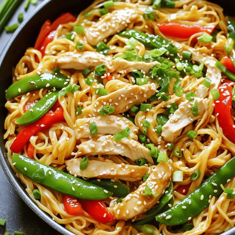 To make this quick dish, you need fresh and tasty ingredients. Here’s what to gather: - 200g rice noodles - 1 tablespoon vegetable oil - 2 chicken breasts, thinly sliced - 1 red bell pepper, julienned - 1 cup snap peas - 2 green onions, chopped - 3 cloves garlic, minced - 1 tablespoon ginger, minced - 3 tablespoons soy sauce - 1 tablespoon oyster sauce (or a vegetarian alternative) - 1 teaspoon sesame oil - ½ teaspoon black pepper - Sesame seeds for garnish You also need a few kitchen essentials for this recipe. These staples help make your stir fry easy and tasty: - A large skillet or wok - A pot for boiling noodles - A sharp knife for slicing ingredients - A cutting board for prep Add your personal touch with these optional garnishes and extras. They can enhance flavors and looks: - Fresh herbs like cilantro or basil - Chopped peanuts for crunch - Lime wedges for a citrus kick - Chili flakes for heat Feel free to mix and match these ingredients based on what you have at home. For the full recipe, check the earlier section. Enjoy your cooking! First, you will cook the rice noodles. Follow the package steps closely. Bring water to a boil in a pot. Add the noodles and cook them until soft. This usually takes about 3 to 5 minutes. Once done, drain the noodles. Rinse them with cold water to stop the cooking. This keeps them from sticking together later. Set the noodles aside for now. Next, let’s prepare the chicken and the veggies. Take two chicken breasts and slice them thinly. This helps them cook fast. Now, grab a red bell pepper. Cut it into thin strips, called julienne. You will also need one cup of snap peas. Wash and trim them. Chop three green onions into small pieces. Finally, mince three cloves of garlic and a tablespoon of ginger. These will add great flavor. Now, it’s time to cook everything in the skillet. Heat one tablespoon of vegetable oil in a large skillet or wok over medium-high heat. Add the sliced chicken first. Cook it for about 3 to 4 minutes until it turns golden and is fully cooked. Make sure to stir often. After the chicken is done, mix in the minced garlic and ginger. Stir for only 30 seconds until you smell the aroma. Next, toss in the red bell pepper and snap peas. Stir-fry these for 2 to 3 minutes. You want them to be tender but still crispy. Now, add the rice noodles back into the skillet. Pour in three tablespoons of soy sauce, one tablespoon of oyster sauce, and one teaspoon of sesame oil. Stir everything well for 2 more minutes. Finish by adding half a teaspoon of black pepper and adjusting the taste if needed. Toss in the chopped green onions last. Let it rest for a minute before serving. Sprinkle some sesame seeds on top for a nice finish. Enjoy your meal! For the full recipe, check out the details above. To cook rice noodles, use boiling water. Soak them for 4 to 6 minutes. They should be soft but firm. Drain and rinse under cold water. This step keeps them from sticking. You can also add a drop of oil to prevent clumping. Use high heat for a great stir fry. This helps to seal in the flavors. Add fresh garlic and ginger for depth. Soy sauce and oyster sauce pack a punch. Don’t forget the sesame oil for a nutty aroma. Toss in colorful veggies for visual appeal and taste. Use a large skillet or wok for quick cooking. Prepare all your ingredients before you start. This makes cooking smooth and fast. A sharp knife helps with quick chopping. Keep the heat high and stir often. This method cooks food evenly and quickly. For an easy cleanup, line your pan with parchment paper. For the full recipe, check out the detailed instructions! {{image_2}} You can easily make this dish vegetarian or vegan. Use tofu instead of chicken. Firm tofu holds up well in stir-fries. Make sure to press it to remove excess water. This helps it absorb flavors better. For a vegan sauce, substitute oyster sauce with mushroom sauce. It adds a nice umami taste. You can also add more veggies like broccoli, carrots, and bell peppers for extra nutrition. If you love heat, add red pepper flakes or sriracha. Start with a half teaspoon and taste. You can always add more if you want it spicier. Fresh chopped chili peppers also work well. Toss them in with the garlic and ginger for a fresh kick. This adds depth and excitement to the dish. Don't worry if you can’t find a specific ingredient. You can swap rice noodles for any noodle type you love. Egg noodles or even whole wheat noodles work great. If snap peas are not available, use green beans or bell peppers. They add crunch and color. The beauty of this dish is its flexibility. Use what you have and make it your own. To keep chicken stir fry noodles fresh, let them cool down first. Place the noodles in an airtight container. Make sure to separate the chicken and veggies if you can. This helps keep everything crisp. Store them in the fridge for up to three days. If you mix them all together, they might get soggy over time. When you’re ready to eat again, reheat the noodles gently. Use a skillet over low heat and add a splash of water or soy sauce. This adds moisture and flavor. Stir often to warm them evenly. You can also use the microwave. Just cover them with a damp paper towel. Heat for 1-2 minutes, stirring halfway through. Check if they’re hot enough before serving. If you want to keep leftovers longer, freezing is a good option. Place the cooled noodles in a freezer bag. Squeeze out as much air as possible before sealing. Label the bag with the date. They can last up to three months in the freezer. When you’re ready to use them, thaw them in the fridge overnight. Reheat as mentioned above. Enjoy your tasty meal! For the full recipe, check out the details. It takes only 15 minutes to make Chicken Stir Fry Noodles. The prep time is about 5 minutes, while cooking takes around 10 minutes. This quick recipe is perfect for busy weeknights when you need a tasty meal fast. Yes, you can use different proteins or noodles. You can swap chicken for beef, shrimp, or tofu. For noodles, try egg noodles or soba noodles. Just keep the cooking times in mind. Adjust them based on what you choose. You can serve Chicken Stir Fry Noodles with a side of fresh salad or spring rolls. They pair well with steamed broccoli or a simple cucumber salad. For extra flavor, add some chili sauce or soy sauce on the side. For the full recipe, click here. This blog post covered how to make quick chicken stir fry noodles. We explored key ingredients, step-by-step cooking, and tips for the perfect dish. I shared variations and storage advice to help you adapt and enjoy. You now have all the tools to make this meal your own. Get creative and have fun cooking! Enjoy your tasty stir fry and impress your friends and family.