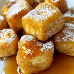 - 1 can of refrigerated cinnamon roll dough (8 rolls) - 4 large eggs - 1/2 cup milk - 1 teaspoon vanilla extract - 1 teaspoon ground cinnamon - 1/4 cup maple syrup - Powdered sugar for dusting - Butter for greasing the pan To make these bites, you need simple ingredients. The cinnamon roll dough is key. It brings that soft, sweet flavor. The eggs and milk form a custard mix that coats the dough. Vanilla and ground cinnamon add warmth and depth. Maple syrup gives a rich, sweet touch. Dusting with powdered sugar makes the bites pretty and sweet. - Additional spices (nutmeg, ginger) - Fresh fruit toppings (berries, bananas) - Whipped cream or yogurt for serving You can jazz up your bites with extra spices. Nutmeg or ginger can add a nice twist. Fresh fruit is a tasty option, too. Berries or bananas can brighten your plate. For a creamy finish, serve with whipped cream or yogurt. These options let you personalize your treat even more. You can find the full recipe [here](#). - Preheat your oven to 375°F (190°C) and grease a baking dish with butter. - Open the can of cinnamon rolls and cut each roll into quarters. - In a mixing bowl, whisk together the eggs, milk, vanilla extract, ground cinnamon, and maple syrup. This step makes a rich, sweet base. - Add the cut cinnamon roll pieces into the egg mixture and stir until coated. Make sure each piece gets good coverage. - Pour the mixture into the greased baking dish and spread it evenly before baking. This helps them cook evenly. - Bake in the oven for 20-25 minutes until golden and puffed. You want them to be light and fluffy. - Dust with powdered sugar and drizzle with extra maple syrup for serving. This adds the final sweet touch. For the full process, you can check the Full Recipe above. Enjoy your tasty treats! - Ensure the oven is fully preheated for even cooking. This step is key for perfect bites. - Don’t overmix the cinnamon roll pieces; a gentle stir is enough. This keeps them soft and fluffy. - Best served warm; pair with coffee or hot chocolate. The flavors blend beautifully together. - Add fresh fruits as toppings for a fresh twist. Berries or bananas enhance the taste. - Store leftovers in an airtight container in the refrigerator. This keeps them fresh for days. - Reheat in the oven or microwave before serving to retain texture. A quick warm-up makes all the difference. {{image_2}} You can mix it up with flavors. Add chocolate chips or raisins for extra sweetness. These little bites will taste even better with a burst of chocolate or the chewiness of raisins. Another twist is to use pumpkin spice instead of ground cinnamon. This change gives a warm, seasonal flavor that’s perfect for fall. If you want a dairy-free version, substitute almond milk for regular milk. This swap keeps it creamy without the dairy. For those who follow a vegan diet, use egg substitutes. Silken tofu or flaxseed meal works well and keeps the bites moist and tasty. Layering these bites with cream cheese frosting makes for a richer dessert. The sweet cream cheese adds a delightful touch. If you want something savory, add cheese and herbs. This twist turns the bites into a fun breakfast or brunch dish that surprises the palate. For the full recipe, check out the Full Recipe section to get started! To store your Cinnamon Roll French Toast Bites in the fridge, place them in an airtight container. This keeps them fresh. Make sure they cool down to room temperature before sealing. For best quality, eat them within three days. After that, they may lose some taste and texture. If you want to save some bites for later, freezing is a great option. First, let the bites cool completely. Then, place them in a freezer-safe bag or container. Squeeze out excess air to prevent freezer burn. When you're ready to eat, thaw them overnight in the fridge. To reheat, pop them in the oven at 350°F (175°C) for about 10-15 minutes, or until warmed through. This helps keep their soft texture. Cinnamon Roll French Toast Bites last about three days in the fridge. If frozen, they can last up to three months. Always check for signs of spoilage before eating. Look for an off smell, mold, or changes in color. If you see any of these, it's best to toss them out. This easy recipe requires about 10 minutes for prep and 25 minutes for cooking. You can have these tasty bites ready in just 35 minutes! Yes, you can prepare this dish a day in advance. Just follow all the steps, then cover and chill it overnight. When you are ready, bake it straight from the fridge. Just add a few extra minutes to the cooking time. These bites pair well with many dishes! Consider serving them with fresh fruit like berries or bananas. A hot cup of coffee or hot chocolate also makes a great match. Absolutely! If you prefer homemade dough, feel free to use it. Just follow the same steps for cutting and mixing. Store-bought dough makes it easier, but homemade adds a personal touch. To make your Cinnamon Roll French Toast Bites gluten-free, use gluten-free cinnamon roll dough. Many brands offer this option. Also, check that your other ingredients, like maple syrup, are gluten-free. This blog post showed you how to make delicious Cinnamon Roll French Toast Bites. You learned about the ingredients, from the basic roll dough to optional toppings. We went through the steps for preparing, baking, and serving these bites perfectly. You also got tips for storage and creative variations to try. With these easy recipes and ideas, you can impress friends and family with a tasty treat. Enjoy making and sharing your own unique version!