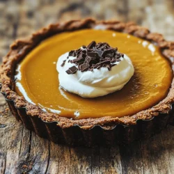 - 1 ½ cups graham cracker crumbs - ½ cup unsweetened cocoa powder - ½ cup unsalted butter, melted - ⅓ cup sugar - 1 teaspoon vanilla extract - 1 cup pumpkin puree (canned or homemade) - 1 cup heavy cream - ½ cup dark chocolate chips (70% cocoa or more) - ½ cup brown sugar - 3 large eggs - 1 teaspoon vanilla extract - 1 teaspoon cinnamon - ½ teaspoon nutmeg - ¼ teaspoon ginger - Pinch of salt When making this dark chocolate pumpkin tart, the right ingredients are key. The crust brings a rich, chocolatey base. For the crust, you will need graham cracker crumbs, cocoa powder, melted butter, sugar, and vanilla extract. Each ingredient adds depth and flavor. The filling is where the magic happens. Pumpkin puree provides a creamy texture, while heavy cream gives a rich taste. Dark chocolate chips add a deep, bold flavor. Brown sugar sweetens the mix, and eggs help bind it together. Spices like cinnamon, nutmeg, and ginger add warmth. Don’t forget the pinch of salt; it balances the sweetness. Using quality ingredients makes a difference. Choose dark chocolate with at least 70% cocoa for the best taste. Fresh spices enhance the flavor, making your dessert stand out. You can find the full recipe linked above to guide you through the process. - Preheat the oven to 350°F (175°C). - In a bowl, mix graham cracker crumbs, cocoa powder, sugar, and melted butter. - Press this mixture into a 9-inch tart pan, covering the bottom and sides evenly. - Bake the crust for 10 minutes, then remove and let it cool slightly. - In a small saucepan, melt dark chocolate chips over low heat. Stir continuously until smooth. - In a large bowl, whisk together pumpkin puree, heavy cream, brown sugar, eggs, vanilla extract, cinnamon, nutmeg, ginger, and a pinch of salt. - Pour the melted chocolate into the pumpkin mixture and stir until combined. - Pour the filling into the cooled tart crust. Smooth the top with a spatula. - Place the filled tart in the oven and bake for about 45 minutes, or until the filling is set. - Allow the tart to cool to room temperature, then refrigerate for at least 2 hours before serving. I found that letting the tart chill makes it easier to slice. You will love how the rich chocolate and pumpkin flavors blend! For more details, check the Full Recipe. To get the best texture for your tart, start with room temperature eggs. Cold eggs mix poorly and can create a lumpy filling. Let your eggs sit out for about 30 minutes before using them. This small step makes a big difference. Next, cool the melted chocolate slightly before adding it to the egg mixture. If the chocolate is too hot, it can cook the eggs, ruining your filling. Let it rest for about 5 minutes after melting. This waiting time ensures your tart has a smooth and creamy filling. To elevate the flavor of your tart, try adding spices like clove or allspice. These spices add warmth and depth. A pinch can transform the taste from good to great. Always choose high-quality dark chocolate. The richer the chocolate, the more intense the flavor. Look for chocolate with at least 70% cocoa. This choice truly impacts the taste and makes every bite a delight. For a stunning finish, serve your tart with whipped cream and grated chocolate. The cream adds a lightness that balances the rich filling. Grated chocolate adds a touch of elegance and visual appeal. When slicing the tart, use a sharp knife. A clean cut helps keep the layers intact. This attention to detail boosts the overall presentation. Enjoy the process, and don’t forget to take a moment to appreciate your beautiful creation! {{image_2}} You can change the crust for your Dark Chocolate Pumpkin Tart. If you need a gluten-free option, use almond flour. It adds a nice nutty flavor. For a fun twist, try an Oreo crust. Crush Oreos and mix them with melted butter. Press this mix into your tart pan. This adds a rich chocolate taste that pairs well with pumpkin. The filling can also have some fun twists. You can swap half of the pumpkin with mashed sweet potatoes. This makes the tart even creamier and adds a sweet touch. Another idea is to add a splash of coffee. This mocha twist enhances the chocolate flavor. Just a tablespoon will do the trick! Don't forget to make your tart look great! Top it with chopped pecans or candied ginger. Both add a lovely crunch and flavor contrast. Drizzling caramel sauce over the tart gives it extra sweetness. It also adds a beautiful shine. These small touches make your dessert stand out and impress your guests. You can find the Full Recipe for the Dark Chocolate Pumpkin Tart above. To keep your leftover Dark Chocolate Pumpkin Tart fresh, refrigerate it in an airtight container. This way, it stays tasty and moist. Try to eat it within 3-4 days for the best quality. If you've made too much, fear not! You can freeze sliced tart for up to 2 months. Just wrap each piece well to prevent freezer burn. When you're ready to enjoy it again, simply thaw the slices in the refrigerator before serving. When it comes to reheating, skip the microwave. It can ruin the tart's smooth texture. Instead, use your oven set to a low temperature. This method warms the tart evenly and keeps it delicious. For the best results, cover the tart with foil while reheating. Yes, you can use semi-sweet or milk chocolate, but flavor will vary. Dark chocolate gives a rich taste and pairs well with pumpkin. If you switch to milk chocolate, expect a sweeter and creamier tart. Semi-sweet chocolate offers a nice middle ground. Just remember, each type adds its own twist to the dessert. Yes, refrigerating helps set the filling and enhances flavor. After baking, let the tart cool at room temperature. Then, cover it and chill for at least two hours. This step makes slicing easier and improves the taste. The cold helps all the flavors mix well, giving you a smooth and creamy texture. Whipped cream, ice cream, or a scoop of crème fraîche complements this dessert well. Each topping adds a different taste. Whipped cream adds lightness, while ice cream brings creaminess. Crème fraîche adds a tangy note that contrasts nicely with the sweet tart. You can also sprinkle some grated chocolate on top for extra flair. Try different combos to find your favorite! This blog shows how to make a Dark Chocolate Pumpkin Tart in simple steps. You learned about the crust and filling ingredients, plus how to bake everything. Helpful tips can improve taste and texture. Remember, you can change the crust or filling to suit your taste. Store it right to enjoy later. Try serving it with whipped cream for a treat. Make this tart to impress your friends and family!