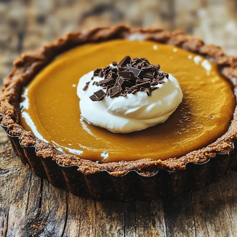 - 1 ½ cups graham cracker crumbs - ½ cup unsweetened cocoa powder - ½ cup unsalted butter, melted - ⅓ cup sugar - 1 teaspoon vanilla extract - 1 cup pumpkin puree (canned or homemade) - 1 cup heavy cream - ½ cup dark chocolate chips (70% cocoa or more) - ½ cup brown sugar - 3 large eggs - 1 teaspoon vanilla extract - 1 teaspoon cinnamon - ½ teaspoon nutmeg - ¼ teaspoon ginger - Pinch of salt When making this dark chocolate pumpkin tart, the right ingredients are key. The crust brings a rich, chocolatey base. For the crust, you will need graham cracker crumbs, cocoa powder, melted butter, sugar, and vanilla extract. Each ingredient adds depth and flavor. The filling is where the magic happens. Pumpkin puree provides a creamy texture, while heavy cream gives a rich taste. Dark chocolate chips add a deep, bold flavor. Brown sugar sweetens the mix, and eggs help bind it together. Spices like cinnamon, nutmeg, and ginger add warmth. Don’t forget the pinch of salt; it balances the sweetness. Using quality ingredients makes a difference. Choose dark chocolate with at least 70% cocoa for the best taste. Fresh spices enhance the flavor, making your dessert stand out. You can find the full recipe linked above to guide you through the process. - Preheat the oven to 350°F (175°C). - In a bowl, mix graham cracker crumbs, cocoa powder, sugar, and melted butter. - Press this mixture into a 9-inch tart pan, covering the bottom and sides evenly. - Bake the crust for 10 minutes, then remove and let it cool slightly. - In a small saucepan, melt dark chocolate chips over low heat. Stir continuously until smooth. - In a large bowl, whisk together pumpkin puree, heavy cream, brown sugar, eggs, vanilla extract, cinnamon, nutmeg, ginger, and a pinch of salt. - Pour the melted chocolate into the pumpkin mixture and stir until combined. - Pour the filling into the cooled tart crust. Smooth the top with a spatula. - Place the filled tart in the oven and bake for about 45 minutes, or until the filling is set. - Allow the tart to cool to room temperature, then refrigerate for at least 2 hours before serving. I found that letting the tart chill makes it easier to slice. You will love how the rich chocolate and pumpkin flavors blend! For more details, check the Full Recipe. To get the best texture for your tart, start with room temperature eggs. Cold eggs mix poorly and can create a lumpy filling. Let your eggs sit out for about 30 minutes before using them. This small step makes a big difference. Next, cool the melted chocolate slightly before adding it to the egg mixture. If the chocolate is too hot, it can cook the eggs, ruining your filling. Let it rest for about 5 minutes after melting. This waiting time ensures your tart has a smooth and creamy filling. To elevate the flavor of your tart, try adding spices like clove or allspice. These spices add warmth and depth. A pinch can transform the taste from good to great. Always choose high-quality dark chocolate. The richer the chocolate, the more intense the flavor. Look for chocolate with at least 70% cocoa. This choice truly impacts the taste and makes every bite a delight. For a stunning finish, serve your tart with whipped cream and grated chocolate. The cream adds a lightness that balances the rich filling. Grated chocolate adds a touch of elegance and visual appeal. When slicing the tart, use a sharp knife. A clean cut helps keep the layers intact. This attention to detail boosts the overall presentation. Enjoy the process, and don’t forget to take a moment to appreciate your beautiful creation! {{image_2}} You can change the crust for your Dark Chocolate Pumpkin Tart. If you need a gluten-free option, use almond flour. It adds a nice nutty flavor. For a fun twist, try an Oreo crust. Crush Oreos and mix them with melted butter. Press this mix into your tart pan. This adds a rich chocolate taste that pairs well with pumpkin. The filling can also have some fun twists. You can swap half of the pumpkin with mashed sweet potatoes. This makes the tart even creamier and adds a sweet touch. Another idea is to add a splash of coffee. This mocha twist enhances the chocolate flavor. Just a tablespoon will do the trick! Don't forget to make your tart look great! Top it with chopped pecans or candied ginger. Both add a lovely crunch and flavor contrast. Drizzling caramel sauce over the tart gives it extra sweetness. It also adds a beautiful shine. These small touches make your dessert stand out and impress your guests. You can find the Full Recipe for the Dark Chocolate Pumpkin Tart above. To keep your leftover Dark Chocolate Pumpkin Tart fresh, refrigerate it in an airtight container. This way, it stays tasty and moist. Try to eat it within 3-4 days for the best quality. If you've made too much, fear not! You can freeze sliced tart for up to 2 months. Just wrap each piece well to prevent freezer burn. When you're ready to enjoy it again, simply thaw the slices in the refrigerator before serving. When it comes to reheating, skip the microwave. It can ruin the tart's smooth texture. Instead, use your oven set to a low temperature. This method warms the tart evenly and keeps it delicious. For the best results, cover the tart with foil while reheating. Yes, you can use semi-sweet or milk chocolate, but flavor will vary. Dark chocolate gives a rich taste and pairs well with pumpkin. If you switch to milk chocolate, expect a sweeter and creamier tart. Semi-sweet chocolate offers a nice middle ground. Just remember, each type adds its own twist to the dessert. Yes, refrigerating helps set the filling and enhances flavor. After baking, let the tart cool at room temperature. Then, cover it and chill for at least two hours. This step makes slicing easier and improves the taste. The cold helps all the flavors mix well, giving you a smooth and creamy texture. Whipped cream, ice cream, or a scoop of crème fraîche complements this dessert well. Each topping adds a different taste. Whipped cream adds lightness, while ice cream brings creaminess. Crème fraîche adds a tangy note that contrasts nicely with the sweet tart. You can also sprinkle some grated chocolate on top for extra flair. Try different combos to find your favorite! This blog shows how to make a Dark Chocolate Pumpkin Tart in simple steps. You learned about the crust and filling ingredients, plus how to bake everything. Helpful tips can improve taste and texture. Remember, you can change the crust or filling to suit your taste. Store it right to enjoy later. Try serving it with whipped cream for a treat. Make this tart to impress your friends and family!