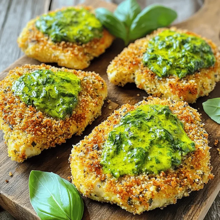 - 4 boneless, skinless chicken breasts - 1 cup fresh basil leaves, packed - 1/2 cup grated Parmesan cheese - 1 cup breadcrumbs (preferably Italian seasoned) - 1 large egg - 1/2 cup all-purpose flour - 3 cloves garlic, minced - 1 teaspoon lemon zest - Salt and pepper to taste - Olive oil, for frying - Fresh basil leaves, for garnish To make Italian Basil Chicken Cutlets, gather these ingredients. Start with four boneless, skinless chicken breasts. The chicken gives a juicy base for the dish. Next, grab a cup of fresh basil leaves. This herb adds bright flavor and aroma. You will also need half a cup of grated Parmesan cheese. It brings a savory depth to your cutlets. For the crispy coating, use one cup of breadcrumbs. I suggest Italian seasoned breadcrumbs for extra flavor. You will also need one large egg to help bind the coating. Don’t forget a half cup of all-purpose flour to coat the chicken first. Minced garlic is a must, so use three cloves. Garlic enhances the taste of the basil. We’ll add a teaspoon of lemon zest for a fresh kick. Season with salt and pepper to bring out all the flavors. Finally, have olive oil ready for frying. It gives the chicken a crispy finish. Fresh basil leaves make a beautiful garnish. They add color and flavor to the final dish. You can find the full recipe to guide you through the cooking process. How to combine the basil mixture Start by gathering your fresh basil leaves. In a food processor, add the basil, minced garlic, lemon zest, and grated Parmesan cheese. Pulse everything together until it becomes a smooth paste. Taste the mixture and add salt and pepper as needed. This mix will give your chicken a burst of Italian flavor. Flattening the chicken cutlets Take each chicken breast and place it between two pieces of plastic wrap or parchment paper. Using a meat mallet or a rolling pin, gently pound the chicken until it is about 1/2 inch thick. This step helps the chicken cook evenly, making sure it stays juicy. Setting up a breading station Next, prepare a breading station. You need three shallow bowls. Fill one with flour and season it with salt and pepper. In the second bowl, crack and beat one large egg. In the third bowl, add the breadcrumbs. I recommend using Italian seasoned breadcrumbs for extra flavor. Dredging the chicken Now it’s time to coat the chicken. First, take a flattened chicken breast and dip it into the flour. Shake off any excess flour. Next, dip it into the beaten egg, making sure it is fully coated. Finally, roll it in the breadcrumbs, pressing gently to ensure it sticks well. Repeat this for all the chicken cutlets. Frying techniques for best results Heat a generous amount of olive oil in a large skillet over medium-high heat. Once the oil is hot, carefully add the coated chicken cutlets. Fry each side for about 4-5 minutes, or until they are golden brown and cooked through. Avoid overcrowding the pan; fry in batches if needed. This helps them crisp up nicely. Adding the basil mixture When the chicken is done frying, spread a layer of the basil mixture on top of each cutlet. This step is key as the heat from the chicken will melt the mixture slightly, creating a flavorful crust. Enjoy the blend of fresh basil and cheese as it enhances each bite! For the full recipe, click here. - Best oil choices for frying I recommend using olive oil. It has a great flavor and a high smoke point. Canola oil is also a good choice if you want a neutral taste. Both oils work well for frying chicken cutlets. - Ensuring even cooking To cook evenly, pound the chicken to 1/2 inch thick. This helps the cutlets cook at the same rate. Also, don’t overcrowd the pan. Fry in batches if needed. This keeps the oil hot and helps get that golden crust. - Tips for coating the chicken perfectly Set up your breading station with flour, egg, and breadcrumbs. Make sure to season the flour with salt and pepper. Dip the chicken in flour first, then egg, and finally breadcrumbs. This three-step process gives a nice, crispy coating. - Complementary side dishes Italian Basil Chicken Cutlets pair well with a fresh salad or roasted vegetables. You can also serve it with pasta tossed in olive oil and garlic for a full meal. - Best sauces to pair A light marinara or a lemon butter sauce enhances the flavors. If you enjoy something creamy, a basil pesto sauce works great too. These options add extra flavor to your cutlets. - Presentation ideas for meal aesthetics For a beautiful plate, arrange the cutlets on a large platter. Garnish with fresh basil leaves. You can also drizzle some balsamic glaze over the top for color and flavor. This makes your meal look as good as it tastes. {{image_2}} You can easily customize this recipe to fit your needs. Here are some options: - Gluten-free options: Use gluten-free breadcrumbs and flour. Almond flour works well too. - Dairy-free modifications: Substitute nutritional yeast for Parmesan. It gives a cheesy flavor without dairy. - Vegan substitutions: Replace chicken with tofu or tempeh. Use a flax egg instead of a regular egg for coating. You can serve Italian Basil Chicken Cutlets in various ways. Here are some ideas: - Baked vs. fried variations: For a healthier option, bake the cutlets at 400°F for 20 minutes. This keeps them crispy without frying. - Serving in salads or wraps: Slice the cutlets and toss them in a salad or wrap them in a tortilla. Add fresh veggies for crunch. - Reimagining as a pasta dish: Serve the chicken on a bed of pasta. Drizzle with olive oil and sprinkle with extra basil for flavor. These variations give you room to play and make the dish your own! For the full recipe, check out the details above. To keep your Italian Basil Chicken Cutlets fresh, follow these tips: - Refrigerating: Place leftovers in an airtight container. This helps keep them moist. Store in the fridge for up to three days. - Freezing: For longer storage, wrap each cutlet in plastic wrap. Place them in a freezer bag. They can last up to three months in the freezer. - Reheating: To reheat, place the cutlets in a skillet over low heat. Add a splash of water or broth to keep them moist. Cover with a lid. This helps to avoid dryness and keeps the flavor intact. Understanding how long your cutlets last is key. - Fridge Life: In the fridge, your cutlets stay fresh for about three days. - Spoilage Signs: Watch for changes in color and smell. If they look dull or smell off, toss them. Always trust your senses when it comes to food safety. These tips help you enjoy your delicious Italian Basil Chicken Cutlets even after the first meal! How long to cook chicken cutlets? Cook chicken cutlets for about 4-5 minutes on each side. The goal is to achieve a golden brown crust. Make sure the chicken reaches an internal temperature of 165°F. This keeps it juicy and safe to eat. Can I make this dish ahead of time? Yes, you can prepare the chicken cutlets ahead of time. After frying, let them cool completely. Store them in the fridge for up to two days. When ready, reheat them in a hot skillet for a few minutes. What can I serve with Italian Basil Chicken Cutlets? These cutlets pair well with many sides. Consider serving them with pasta, salad, or garlic bread. You might also enjoy them with roasted vegetables or a light couscous salad. Is it safe to freeze cooked chicken? Yes, it is safe to freeze cooked chicken. Place the cutlets in an airtight container or freezer bag. They will last for up to three months in the freezer. Just thaw them in the fridge before reheating. Can I use dried basil instead of fresh? You can use dried basil, but fresh basil gives more flavor. If using dried, use about one-third of the amount. Dried herbs are more concentrated, so a little goes a long way. What's the best way to ensure chicken is cooked through? Use a meat thermometer to check the chicken's internal temperature. It should reach 165°F. If you don't have a thermometer, cut into the thickest part of the chicken. The meat should be white, not pink, and juices should run clear. This guide walks you through making delicious Italian Basil Chicken Cutlets. You learned about key ingredients, preparation steps, and cooking techniques. I shared helpful tips, serving ideas, and variations to suit your taste. Remember, choosing the right oil and ensuring even cooking makes a big difference. Storing and reheating leftovers will keep your meal fresh. With these steps, you can create a dish everyone will love. Enjoy your cooking journey and explore your kitchen with confidence!