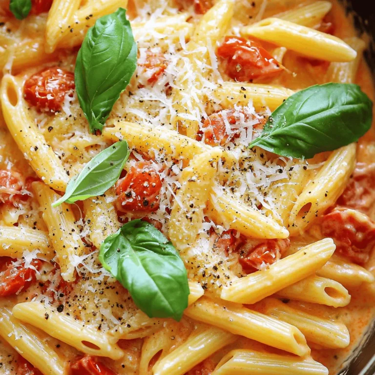 To make this dish, gather these key ingredients: - 300g pasta (penne or fusilli works well) - 1 tablespoon olive oil - 4 cloves garlic, minced - 1 onion, finely chopped - 1 can (400g) diced tomatoes - 1 cup vegetable broth - 1 cup heavy cream - 1 teaspoon Italian seasoning - 1 teaspoon sugar (to balance acidity) - Salt and pepper to taste - Fresh basil leaves, for garnish - Grated Parmesan cheese, for serving These items create a rich and creamy sauce that coats the pasta. The diced tomatoes give the dish its base flavor, while the heavy cream adds a smooth texture. Garlic and onion bring depth, and Italian seasoning ties it all together. You can add extra ingredients to make this dish your own. Here are some fun ideas: - Spinach or kale for added greens - Cherry tomatoes for bursts of freshness - Red pepper flakes for a little heat - Cooked chicken or shrimp for protein - Lemon zest for a bright twist These additions can enhance flavors and textures, making your pasta unique. If you're missing something, don't worry! Here are some easy swaps: - Use whole wheat or gluten-free pasta instead of regular pasta. - Swap heavy cream with coconut milk for a lighter option. - Replace vegetable broth with chicken broth for more flavor. - Use crushed tomatoes if diced tomatoes are unavailable. These substitutions keep the dish delicious while catering to your needs. You can find the Full Recipe for detailed steps to prepare this delightful meal. Start by gathering all your ingredients. This makes cooking easier. You will need: - 300g pasta (penne or fusilli works well) - 1 tablespoon olive oil - 4 cloves garlic, minced - 1 onion, finely chopped - 1 can (400g) diced tomatoes - 1 cup vegetable broth - 1 cup heavy cream - 1 teaspoon Italian seasoning - 1 teaspoon sugar (to balance acidity) - Salt and pepper to taste - Fresh basil leaves, for garnish - Grated Parmesan cheese, for serving Chop the onion and mince the garlic. This saves time later. Heat a large skillet over medium heat and add the olive oil. Once hot, add the chopped onion. Cook it for about 3-4 minutes. It should become soft and clear. Then, add the minced garlic. Cook it for 1-2 minutes until you smell its rich aroma. Next, pour in the diced tomatoes and vegetable broth. Add the heavy cream and stir well. Now, sprinkle in the Italian seasoning, sugar, salt, and pepper. Stir again for an even mix. Bring the mixture to a gentle simmer. Once it bubbles, add the pasta. Make sure the pasta is well covered in the sauce. Cover the skillet and cook for 10-12 minutes. Stir it occasionally to prevent sticking. The pasta should be al dente and absorb the creamy sauce. If the pasta looks dry, add a bit more vegetable broth or water. This helps keep it creamy. When done, remove the skillet from heat. Let it sit for a couple of minutes. This lets the sauce thicken. To check if the pasta is done, taste a piece. It should be firm yet tender. If you prefer softer pasta, cook it a minute more. Be careful not to overcook it. Overcooked pasta becomes mushy. Remember, it will continue to cook slightly while it sits. Enjoy your One Pan Creamy Tomato Pasta! To make your sauce creamy, use heavy cream. This adds rich flavor. The key is to add it after cooking the garlic and onion. This way, the cream mixes well with the other ingredients. Stir it in slowly, letting it blend fully. Adding sugar balances the acidity of the tomatoes. This small step makes a big difference. One common mistake is overcooking the pasta. Cook it until al dente. This means it should still have a slight bite. If you add the pasta too early, it can get mushy. Another mistake is not seasoning enough. Always taste the sauce. Adjust salt and pepper to your liking. Finally, don’t skip the resting time after cooking. It helps the sauce thicken. To boost the flavor, add fresh herbs. Basil or parsley work great. You can also use crushed red pepper for a kick. For a deeper taste, try adding a splash of balsamic vinegar. It adds complexity without overpowering. Lastly, finish with grated Parmesan cheese. It melts beautifully and enhances the dish. For the full experience, check the Full Recipe. {{image_2}} To make this dish vegetarian, skip the Parmesan cheese. Use a plant-based cream instead of heavy cream. You can also add more veggies, like spinach or mushrooms. These options keep the meal tasty and healthy. If you want more protein, you can add cooked chicken or shrimp. Sauté them in the pan before adding the onion. For a meatless option, try chickpeas or lentils. They pack a protein punch and blend well with the sauce. In spring and summer, fresh tomatoes can replace canned ones. They add a rich, sweet flavor. In fall, consider roasted butternut squash or zucchini. These swaps keep your dish fresh and exciting all year round. For the full recipe, check out the details above. To keep your One Pan Creamy Tomato Pasta fresh, let it cool first. Then, place it in an airtight container. Store it in the fridge for up to three days. Make sure to label the container with the date. This helps you remember how long it has been stored. When you are ready to eat the leftovers, you can reheat it on the stove or in the microwave. For the stove, add a splash of water or broth to the pan. Heat it over low heat, stirring often. In the microwave, use a microwave-safe dish. Cover it with a lid or a damp paper towel to keep it moist. Heat in short bursts, stirring in between to avoid hot spots. If you want to save it for later, freezing is a great option. Portion the pasta into freezer-safe bags or containers. Remove as much air as possible before sealing. Label the bags with the date. To thaw, place it in the fridge overnight. For a quick option, you can microwave it directly from the freezer. Just add a little extra liquid to help it heat evenly. I recommend using penne or fusilli for this recipe. These shapes hold sauce well. They cook evenly and absorb flavors easily. Rigatoni also works if you prefer a larger pasta. Yes, you can! To make this dish dairy-free, swap heavy cream with coconut milk. Use nutritional yeast in place of Parmesan for a cheesy flavor. This keeps the meal creamy and tasty without dairy. This dish lasts about 3 to 4 days in the fridge. Store it in an airtight container to keep it fresh. Just make sure it cools down before putting it away. Absolutely! You can use fresh tomatoes, crushed tomatoes, or even tomato sauce. Just adjust the seasoning as needed. Canned tomatoes are great for convenience and flavor, but fresh adds a nice touch. This pasta pairs well with a simple green salad or garlic bread. You can also try serving it with steamed veggies for a healthy side. A glass of red wine makes it feel extra special! In this blog post, we explored the essentials you need for One Pan Creamy Tomato Pasta. We covered key ingredients, cooking steps, and tips to make it creamy. You can customize this dish with add-ons or seasonal swaps. Storing and reheating leftovers was also discussed for your convenience. Whether you prefer vegetarian options or hearty proteins, this pasta dish is easy and flexible. Enjoy experimenting with flavors and making it your own!