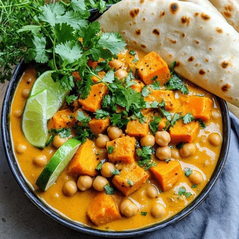 For the sweet potato chickpea curry, you'll need: - 2 medium sweet potatoes, peeled and diced - 1 can (15 oz) chickpeas, drained and rinsed - 1 onion, chopped - 3 cloves garlic, minced - 1 inch ginger, grated - 1 can (14 oz) coconut milk - 1 cup vegetable broth - 2 tablespoons red curry paste - 1 teaspoon ground cumin - 1 teaspoon turmeric - 1 tablespoon olive oil - Salt and pepper to taste - Fresh cilantro, chopped (for garnish) - Lime wedges (for serving) These ingredients create a rich and creamy curry with a nice balance of flavors. If you need to make changes, here are some simple swaps: - Sweet Potatoes: Use butternut squash or carrots for a similar texture. - Chickpeas: Substitute with lentils or black beans for a different protein. - Coconut Milk: Almond milk or oat milk can work, but they will change the flavor. - Red Curry Paste: Try yellow curry paste for a milder taste. These options make the dish versatile for various diets. When picking sweet potatoes and other veggies, follow these tips: - Sweet Potatoes: Look for smooth, firm skin without bruises. They should feel heavy for their size. - Onions: Choose onions that are dry and have no soft spots. - Garlic: Pick bulbs that are firm and dry. Avoid any that show signs of sprouting. - Ginger: Select ginger that is firm and smooth. The fresher, the better. Fresh produce enhances the flavor and nutrition of your curry. Enjoy the cooking process! To start, gather your ingredients. You need sweet potatoes, chickpeas, onion, garlic, ginger, coconut milk, vegetable broth, and spices. Once you have everything, peel and dice the sweet potatoes. Then, chop the onion and mince the garlic. Grating the ginger adds a nice zing. Next, heat olive oil in a large pot over medium heat. Add the chopped onion and sauté for about 5 minutes. The onion should turn soft and shiny. After that, stir in the minced garlic and grated ginger. Cook for about 2 minutes until you smell the lovely aroma. Now, toss in the diced sweet potatoes. Add the red curry paste, cumin, and turmeric. Stir everything well. This step allows the sweet potatoes to soak up the spices. Cook for 3-4 minutes, stirring often. Then, pour in the coconut milk and vegetable broth. Bring this mix to a simmer. Let it cook for 15-20 minutes. The sweet potatoes should become tender. After the sweet potatoes are soft, add the drained chickpeas. Cook for another 5 minutes to heat them through. Season with salt and pepper to your taste. Finally, remove the pot from the heat. Let it sit for a few minutes to thicken up. Using fresh ingredients makes a big difference. Fresh herbs, like cilantro, bring bright flavors. Always sauté your onions first; this builds a strong base for your dish. When you add spices, cook them briefly. This releases their oils and boosts their taste. The coconut milk adds creaminess, while the vegetable broth enhances the overall flavor. Don’t forget to taste along the way. Adjust the spices to your liking. If you want more heat, add extra curry paste. The key to a great curry is the right thickness. If your curry is too thin, let it simmer longer. This will help it reduce and thicken. If it’s too thick, add a bit more vegetable broth or coconut milk. Stir well and let it heat through. For a silky texture, mash a few sweet potatoes in the pot. This will make the curry creamier without needing extra cream. Remember, letting the curry rest for a short while helps it set up nicely. Serve it hot, garnished with fresh cilantro and lime wedges for a pop of color and flavor. For the complete recipe, check out the Full Recipe. To make your sweet potato chickpea curry even tastier, try these tips: - Add fresh herbs: Fresh cilantro or parsley adds brightness and flavor. - Use lime juice: A squeeze of lime at the end lifts the dish. - Experiment with spices: Add a pinch of cayenne for heat or some garam masala for more depth. - Include a dash of soy sauce: This adds a nice umami flavor to the mix. These small changes can really make your dish pop! When cooking sweet potato chickpea curry, avoid these common errors: - Not cutting sweet potatoes evenly: Uniform pieces cook at the same rate. - Skipping the sauté step: Cooking the onion, garlic, and ginger first builds flavor. - Overcooking the chickpeas: They only need a few minutes to heat up. Too long makes them mushy. - Ignoring seasoning: Taste as you go! Adjust salt and pepper for the best result. These tips will help you avoid pitfalls and create a better dish. Having the right tools can make cooking easier. Here’s what you need: - Large pot: A sturdy pot helps in even cooking and stirring. - Wooden spoon: This will make mixing easy and prevents scratching your pot. - Sharp knife: A good knife makes chopping sweet potatoes and onions quick and safe. - Cutting board: A solid board provides a safe space to prepare your ingredients. With these tools, you’ll be ready to make a delicious sweet potato chickpea curry. For the full recipe, check out the details above! {{image_2}} You can easily add more veggies to your sweet potato chickpea curry. Think about adding spinach, bell peppers, or carrots. Chopped spinach adds bright color and extra nutrients. Bell peppers give a nice crunch. Carrots add a sweet touch that pairs well with the curry. Simply chop them and add during cooking. This way, they soften but keep some texture. If you want to boost protein, try adding tofu or tempeh. Both are great plant-based options. Cube firm tofu and sauté it with the onions. Tempeh can add a nutty flavor. You can also use cooked lentils for a quick protein fix. If you want meat, chicken or shrimp works well too. Just cook them first, then add to the curry. Adjust the spice level to fit your taste. For a spicy curry, add more red curry paste or a pinch of cayenne pepper. If you prefer mild, use less curry paste. You can also add a dollop of yogurt as a cooling agent. This helps balance the heat and adds creaminess. Remember, you can always serve hot sauce on the side for those who want more heat. For more tips and to see the complete dish, check out the Full Recipe. Store your sweet potato chickpea curry in an airtight container. Let it cool to room temperature first. Then, place it in the fridge. It will stay fresh for up to four days. Label the container with the date for easy tracking. If you want to keep it longer, consider freezing it. To reheat the curry, heat it on the stove over low heat. Stir it often to avoid burning. You can also use a microwave. Place the curry in a microwave-safe bowl. Cover it loosely and heat in short bursts, stirring in between. This keeps the flavors fresh and the texture nice. Freezing is a great option if you have extra curry. Portion the curry into freezer-safe containers. Leave some space at the top for expansion. It can stay frozen for up to three months. When you’re ready to eat it, thaw it in the fridge overnight. Reheat it on the stove or in the microwave as needed. Enjoy the deliciousness again! You can find the full recipe above for more details. Yes, you can use fresh chickpeas. They need cooking first. Soak them overnight and boil them until tender. This takes about 1 to 2 hours. Using fresh gives a nice texture. However, canned chickpeas are quick and easy. They save time, which is great for busy days. Absolutely! Sweet potato chickpea curry is perfect for meal prep. It keeps well in the fridge. You can make a big batch and store it. Just divide it into containers. This dish tastes great even after a few days. It also freezes well, making it a smart choice for quick meals. In the fridge, it lasts about 4 to 5 days. Be sure to store it in an airtight container. This keeps it fresh and flavorful. If you notice any signs of spoilage, toss it out. Enjoy it warm for best taste. Check out the Full Recipe for more details on making this dish! This blog post covered all you need to know about making sweet potato chickpea curry. We discussed ingredients, cooking steps, and storage tips. You learned how to choose fresh produce and avoid common mistakes. Variations showed how to customize flavors and add protein. Proper storage methods will help keep your leftovers tasty. Cooking can be fun and rewarding. With these tips, you can enjoy a delicious meal anytime. Let your creativity shine as you explore this dish!