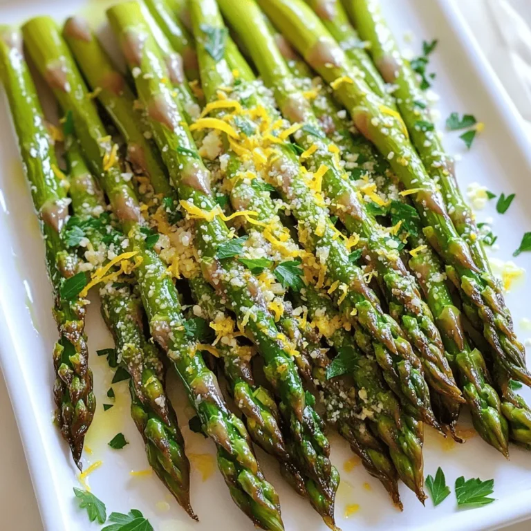 To make lemon garlic roasted asparagus, you need a few simple items: - 1 pound fresh asparagus, trimmed - 3 tablespoons olive oil - 2 cloves garlic, minced - Zest of 1 lemon - Juice of 1 lemon - 1 teaspoon salt - 1/2 teaspoon black pepper - 1/4 teaspoon red pepper flakes (optional) - 2 tablespoons grated Parmesan cheese (optional) You can add more flavor to this dish. Consider mixing in: - Lemon zest or juice for extra citrus punch - Fresh herbs like thyme or parsley for a fresh taste - Toasted nuts for crunch These additions can elevate the dish and make it your own. If you don't have an ingredient, don't worry. Here are some swaps: - Use avocado oil instead of olive oil for a different flavor - Try garlic powder if you lack fresh garlic - You can swap lemon with lime for a different citrus taste These options keep the dish fun and flexible. For the full recipe, check out the details above! Start by washing your asparagus. Look for fresh stalks that are firm and bright green. Trim the tough ends off with a sharp knife. About one to two inches should do. This helps the asparagus cook evenly and taste better. In a large bowl, mix the olive oil, minced garlic, lemon zest, and lemon juice. Add in the salt, black pepper, and red pepper flakes if you like heat. Whisk this mixture until it blends well. This coating gives the asparagus a bright, zesty flavor. Preheat your oven to 400°F (200°C). Toss the trimmed asparagus in the lemon-garlic mixture. Make sure each piece is well coated. Spread them out on a baking sheet lined with parchment paper. Roast for 15 to 20 minutes, until they are tender but still crisp. If you like cheese, sprinkle Parmesan on top in the last five minutes. This adds a nice golden finish. When done, remove the asparagus and serve it hot. Drizzle with extra lemon juice for more flavor. For the full recipe, check out the section above. Roasting asparagus takes just the right time. Aim for 15 to 20 minutes at 400°F. Check after 15 minutes. You want the asparagus tender yet crisp. If too soft, you may have roasted it too long. The tips can brown slightly, adding great flavor. Lemon and garlic shine in this dish. Use fresh garlic for the best taste. Lemon zest adds brightness. Feel free to adjust the salt and pepper to your liking. Red pepper flakes give a nice kick. If you like cheese, add Parmesan during the last five minutes. A few key tools make this dish easy. You need a mixing bowl to combine ingredients. A whisk helps blend the lemon-garlic sauce well. A baking sheet lined with parchment paper makes cleanup simple. Finally, tongs help you toss the asparagus evenly. For the full recipe, check the details above. {{image_2}} You can mix in other veggies with your asparagus. Try adding baby carrots or bell peppers. Cut them into similar sizes for even cooking. Broccoli florets also work well. This adds more color and nutrients to your dish. The lemon-garlic flavor pairs nicely with these vegetables. Just make sure to adjust cooking times if needed. Feel free to play with the seasonings! Instead of lemon, use lime for a fresh twist. You can also try balsamic vinegar for a sweet touch. Add herbs like thyme or rosemary for more depth. If you want spice, include cayenne pepper or smoked paprika. These changes keep the dish exciting and tasty. This recipe is easy to adjust for different diets. For vegan options, skip the Parmesan cheese. You can also replace olive oil with avocado oil for a mild flavor. If you need gluten-free, rest easy; this dish is naturally gluten-free. These small tweaks let everyone enjoy the dish without worry. Check out the Full Recipe for more ideas on customization. After enjoying your lemon garlic roasted asparagus, let it cool. Place leftovers in an airtight container. Store in the fridge for up to three days. Keeping the asparagus in the right container helps retain its taste and texture. To reheat, preheat your oven to 350°F (175°C). Spread the asparagus on a baking sheet. Heat for about 10 minutes or until warmed through. This method helps keep the asparagus crisp. You can also use a microwave. Heat in short bursts, checking often to avoid sogginess. If you want to freeze asparagus, do it right after cooking. Place cooled asparagus in a freezer-safe bag. Remove excess air and seal tightly. It can last for up to three months in the freezer. When you’re ready to eat, thaw it in the fridge overnight before reheating. This keeps it tasty and fresh. For detailed steps, check the Full Recipe. Yes, you can use frozen asparagus. But fresh asparagus tastes better. Frozen asparagus often has a softer texture. If you choose frozen, thaw it first. Drain any excess water before roasting. This helps the asparagus roast evenly. Asparagus is done when it is tender yet crisp. You should see slight browning at the tips. A good test is to pierce it with a fork. If it goes in easily, it's ready. Typically, roasting takes about 15-20 minutes at 400°F. Lemon Garlic Roasted Asparagus pairs well with many dishes. Here are a few tasty options: - Grilled chicken or fish - Quinoa or rice pilaf - A fresh green salad - Roasted potatoes or sweet potatoes These sides balance the flavors well and create a lovely meal. For the full recipe, check the main section. This article covered the key ingredients, steps, and tips for making Lemon Garlic Roasted Asparagus. You can enhance flavors and swap ingredients based on your taste. I shared easy methods for cooking, storing, and reheating your dish. The variations let you customize the recipe for any diet. Remember, fresh asparagus shines in this dish. Use my tips for the best taste. Enjoy cooking and savor each bite!