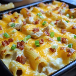 - 12 oz ziti pasta - 2 cups cooked, shredded chicken - 1 (8 oz) package cream cheese, softened - 1 cup ranch dressing Crack Chicken Baked Ziti has simple but tasty ingredients. Ziti pasta gives it a hearty base. I like using cooked, shredded chicken for ease and flavor. Cream cheese adds richness, while ranch dressing brings a zesty twist. - 1 cup shredded sharp cheddar cheese - 1 cup shredded mozzarella cheese - 1/2 teaspoon garlic powder - 1/2 teaspoon onion powder - 1/4 teaspoon black pepper - 1/4 teaspoon paprika Cheese makes this dish creamy and gooey. I use sharp cheddar for a bold flavor and mozzarella for meltiness. The spices, like garlic and onion powder, add depth to each bite. Black pepper and paprika give a slight kick. - 1 cup cooked and crumbled bacon (optional) - Chopped green onions for garnish Bacon adds a nice crunch and smoky flavor. If you want to impress, sprinkle crumbled bacon on top. Green onions give a fresh touch and bright color when serving. You can find the full recipe for all these tasty elements in one place. 1. First, preheat your oven to 375°F (190°C). This step is key for even baking. 2. Next, cook the ziti pasta. Follow the package instructions until it is al dente. Drain the pasta and set it aside. 3. In a large mixing bowl, combine an 8 oz package of softened cream cheese and 1 cup of ranch dressing. Mix until the mixture is smooth and creamy. This is the heart of the dish. 1. Now, add 2 cups of cooked, shredded chicken to the bowl. Also, add 1/2 teaspoon of garlic powder, 1/2 teaspoon of onion powder, 1/4 teaspoon of black pepper, and 1/4 teaspoon of paprika. Stir well until the chicken is fully coated with the creamy mixture. 2. Gently fold in the cooked ziti pasta along with 1 cup of shredded sharp cheddar cheese and 1 cup of shredded mozzarella cheese. Make sure everything is evenly combined for the best flavor. 1. Transfer the entire mixture into a greased 9x13 inch baking dish. Spread it out evenly to ensure it bakes well. 2. Top the mixture with the remaining shredded cheddar and mozzarella cheeses. This will create a delicious, cheesy crust. 3. Bake in your preheated oven for 25-30 minutes. Look for a bubbly and slightly golden top. 4. Once done, remove from the oven and let it cool for a few minutes. Garnish with chopped green onions before serving. Enjoy this comforting meal! For more details, refer to the Full Recipe. To get the right pasta texture, cook the ziti until it is al dente. This means it should still have a slight bite. If you cook it too long, it can become mushy in the oven. Always drain the pasta well. This keeps it from adding extra moisture to your dish. Mixing ingredients evenly is key. I recommend using a large bowl. Start with the cream cheese and ranch dressing. Blend them well before adding anything else. Then, mix in the chicken and seasonings. Finally, fold in the cooked ziti and cheese slowly. This way, everything gets coated nicely. To boost the flavor, you can add more spices. Try adding a pinch of red pepper flakes for heat. Fresh herbs, like parsley or basil, can brighten the dish too. If you want a tangy twist, add a splash of lemon juice. Adjust spice levels to your taste. If you like it mild, stick to the basic seasonings. For more kick, add cayenne pepper or more black pepper. Always taste the mix before baking. This way, you can tweak it to your liking. To avoid soggy pasta, remember to drain and cool the ziti. Don't let it sit in water. The key is to mix it in right away with the creamy sauce. Watch the cheese while it bakes. Cover the dish with foil for the first half of baking. This keeps the cheese from burning. After 15 minutes, you can remove the foil. This lets the cheese melt and bubble nicely without overcooking. For a full recipe, check the details above. {{image_2}} You can change this dish to suit your taste. Here are some ideas: - Different cheese options: Try using gouda or pepper jack for a fun twist. You can also mix in some feta for tanginess. The cheese really makes this dish shine. - Using leftover rotisserie chicken: This is a great way to save time. Just shred the chicken right off the bone. It adds lots of flavor and makes prep quicker. We all have different needs when we eat. Here are some ways to adapt this dish: - Gluten-free substitutions: Use gluten-free ziti or any gluten-free pasta. This way, everyone can enjoy the meal without worry. - Vegetarian or low-carb adaptations: For a vegetarian version, swap out the chicken for mushrooms or zucchini. For a low-carb option, use spaghetti squash instead of pasta. Both choices keep the dish tasty. Pair this baked ziti with great sides to make a meal. Here are some ideas: - Pairings that complement the dish: Serve with garlic bread or a fresh green salad. A light vinaigrette works well to balance the creamy ziti. - Ideas for sides and salads: A classic Caesar salad or a simple cucumber salad can add crunch. These sides brighten the meal and bring freshness. These variations and ideas will help you create a dish that's just right for you. For the full recipe, be sure to check the main sections above. To keep your Crack Chicken Baked Ziti fresh, use an airtight container. This helps prevent spoilage and keeps flavors intact. Place it in the fridge right after it cools. It will last about 3 to 4 days. Make sure to enjoy it within this time frame for the best taste. If you want to save some for later, freezing is a great option. First, let the baked ziti cool completely. Then, cut it into portions for easy meals. Wrap each portion tightly in plastic wrap. Place them in a freezer-safe bag or container. It can last for up to 3 months in the freezer. To reheat, let it thaw in the fridge overnight. Then, bake it at 350°F (175°C) until hot. Preparing Crack Chicken Baked Ziti ahead of time is simple. Cook the ziti and chicken the day before. Store them separately in the fridge. You can mix the creamy sauce and spices too. This way, all components are ready to go. When you are ready to cook, just combine everything and bake. This makes for quick assembly and a hassle-free dinner. Crack Chicken Baked Ziti is a creamy pasta dish full of flavor. It combines ziti pasta, shredded chicken, and a creamy sauce made with cream cheese and ranch dressing. The cheese melts into gooey perfection, creating a comforting meal. The addition of spices like garlic powder and paprika gives it a nice kick. If you want more flavor, crumbled bacon adds a tasty crunch. This dish is rich, hearty, and perfect for any night. Yes, you can make Crack Chicken Baked Ziti ahead of time! Prepare the dish up to the baking step. Cover it tightly and store it in the fridge. You can keep it there for about two days. When you're ready to eat, just bake it as directed. If it's cold from the fridge, it may take a bit longer to cook. To reheat leftovers, use the oven for the best results. Preheat the oven to 350°F (175°C). Place the ziti in an oven-safe dish. Cover it with foil to keep it moist. Heat for about 20 minutes or until warm. You can also microwave it, but add a splash of water to keep it from drying out. Heat in short bursts, stirring often, until it's hot. Enjoy your delicious leftovers! Crack Chicken Baked Ziti combines easy ingredients for a tasty meal. With ziti pasta, shredded chicken, and creamy cheese, it’s hard to resist. Follow the steps to bake it perfectly, avoiding common mistakes. Personalize it with favorite spices or optional toppings like bacon. Remember to store and reheat leftovers correctly. This dish is flexible for everyone, no matter their diet. Explore variations to find what you love most in this comforting meal. Enjoy creating and sharing this dish often!