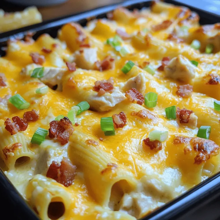 - 12 oz ziti pasta - 2 cups cooked, shredded chicken - 1 (8 oz) package cream cheese, softened - 1 cup ranch dressing Crack Chicken Baked Ziti has simple but tasty ingredients. Ziti pasta gives it a hearty base. I like using cooked, shredded chicken for ease and flavor. Cream cheese adds richness, while ranch dressing brings a zesty twist. - 1 cup shredded sharp cheddar cheese - 1 cup shredded mozzarella cheese - 1/2 teaspoon garlic powder - 1/2 teaspoon onion powder - 1/4 teaspoon black pepper - 1/4 teaspoon paprika Cheese makes this dish creamy and gooey. I use sharp cheddar for a bold flavor and mozzarella for meltiness. The spices, like garlic and onion powder, add depth to each bite. Black pepper and paprika give a slight kick. - 1 cup cooked and crumbled bacon (optional) - Chopped green onions for garnish Bacon adds a nice crunch and smoky flavor. If you want to impress, sprinkle crumbled bacon on top. Green onions give a fresh touch and bright color when serving. You can find the full recipe for all these tasty elements in one place. 1. First, preheat your oven to 375°F (190°C). This step is key for even baking. 2. Next, cook the ziti pasta. Follow the package instructions until it is al dente. Drain the pasta and set it aside. 3. In a large mixing bowl, combine an 8 oz package of softened cream cheese and 1 cup of ranch dressing. Mix until the mixture is smooth and creamy. This is the heart of the dish. 1. Now, add 2 cups of cooked, shredded chicken to the bowl. Also, add 1/2 teaspoon of garlic powder, 1/2 teaspoon of onion powder, 1/4 teaspoon of black pepper, and 1/4 teaspoon of paprika. Stir well until the chicken is fully coated with the creamy mixture. 2. Gently fold in the cooked ziti pasta along with 1 cup of shredded sharp cheddar cheese and 1 cup of shredded mozzarella cheese. Make sure everything is evenly combined for the best flavor. 1. Transfer the entire mixture into a greased 9x13 inch baking dish. Spread it out evenly to ensure it bakes well. 2. Top the mixture with the remaining shredded cheddar and mozzarella cheeses. This will create a delicious, cheesy crust. 3. Bake in your preheated oven for 25-30 minutes. Look for a bubbly and slightly golden top. 4. Once done, remove from the oven and let it cool for a few minutes. Garnish with chopped green onions before serving. Enjoy this comforting meal! For more details, refer to the Full Recipe. To get the right pasta texture, cook the ziti until it is al dente. This means it should still have a slight bite. If you cook it too long, it can become mushy in the oven. Always drain the pasta well. This keeps it from adding extra moisture to your dish. Mixing ingredients evenly is key. I recommend using a large bowl. Start with the cream cheese and ranch dressing. Blend them well before adding anything else. Then, mix in the chicken and seasonings. Finally, fold in the cooked ziti and cheese slowly. This way, everything gets coated nicely. To boost the flavor, you can add more spices. Try adding a pinch of red pepper flakes for heat. Fresh herbs, like parsley or basil, can brighten the dish too. If you want a tangy twist, add a splash of lemon juice. Adjust spice levels to your taste. If you like it mild, stick to the basic seasonings. For more kick, add cayenne pepper or more black pepper. Always taste the mix before baking. This way, you can tweak it to your liking. To avoid soggy pasta, remember to drain and cool the ziti. Don't let it sit in water. The key is to mix it in right away with the creamy sauce. Watch the cheese while it bakes. Cover the dish with foil for the first half of baking. This keeps the cheese from burning. After 15 minutes, you can remove the foil. This lets the cheese melt and bubble nicely without overcooking. For a full recipe, check the details above. {{image_2}} You can change this dish to suit your taste. Here are some ideas: - Different cheese options: Try using gouda or pepper jack for a fun twist. You can also mix in some feta for tanginess. The cheese really makes this dish shine. - Using leftover rotisserie chicken: This is a great way to save time. Just shred the chicken right off the bone. It adds lots of flavor and makes prep quicker. We all have different needs when we eat. Here are some ways to adapt this dish: - Gluten-free substitutions: Use gluten-free ziti or any gluten-free pasta. This way, everyone can enjoy the meal without worry. - Vegetarian or low-carb adaptations: For a vegetarian version, swap out the chicken for mushrooms or zucchini. For a low-carb option, use spaghetti squash instead of pasta. Both choices keep the dish tasty. Pair this baked ziti with great sides to make a meal. Here are some ideas: - Pairings that complement the dish: Serve with garlic bread or a fresh green salad. A light vinaigrette works well to balance the creamy ziti. - Ideas for sides and salads: A classic Caesar salad or a simple cucumber salad can add crunch. These sides brighten the meal and bring freshness. These variations and ideas will help you create a dish that's just right for you. For the full recipe, be sure to check the main sections above. To keep your Crack Chicken Baked Ziti fresh, use an airtight container. This helps prevent spoilage and keeps flavors intact. Place it in the fridge right after it cools. It will last about 3 to 4 days. Make sure to enjoy it within this time frame for the best taste. If you want to save some for later, freezing is a great option. First, let the baked ziti cool completely. Then, cut it into portions for easy meals. Wrap each portion tightly in plastic wrap. Place them in a freezer-safe bag or container. It can last for up to 3 months in the freezer. To reheat, let it thaw in the fridge overnight. Then, bake it at 350°F (175°C) until hot. Preparing Crack Chicken Baked Ziti ahead of time is simple. Cook the ziti and chicken the day before. Store them separately in the fridge. You can mix the creamy sauce and spices too. This way, all components are ready to go. When you are ready to cook, just combine everything and bake. This makes for quick assembly and a hassle-free dinner. Crack Chicken Baked Ziti is a creamy pasta dish full of flavor. It combines ziti pasta, shredded chicken, and a creamy sauce made with cream cheese and ranch dressing. The cheese melts into gooey perfection, creating a comforting meal. The addition of spices like garlic powder and paprika gives it a nice kick. If you want more flavor, crumbled bacon adds a tasty crunch. This dish is rich, hearty, and perfect for any night. Yes, you can make Crack Chicken Baked Ziti ahead of time! Prepare the dish up to the baking step. Cover it tightly and store it in the fridge. You can keep it there for about two days. When you're ready to eat, just bake it as directed. If it's cold from the fridge, it may take a bit longer to cook. To reheat leftovers, use the oven for the best results. Preheat the oven to 350°F (175°C). Place the ziti in an oven-safe dish. Cover it with foil to keep it moist. Heat for about 20 minutes or until warm. You can also microwave it, but add a splash of water to keep it from drying out. Heat in short bursts, stirring often, until it's hot. Enjoy your delicious leftovers! Crack Chicken Baked Ziti combines easy ingredients for a tasty meal. With ziti pasta, shredded chicken, and creamy cheese, it’s hard to resist. Follow the steps to bake it perfectly, avoiding common mistakes. Personalize it with favorite spices or optional toppings like bacon. Remember to store and reheat leftovers correctly. This dish is flexible for everyone, no matter their diet. Explore variations to find what you love most in this comforting meal. Enjoy creating and sharing this dish often!