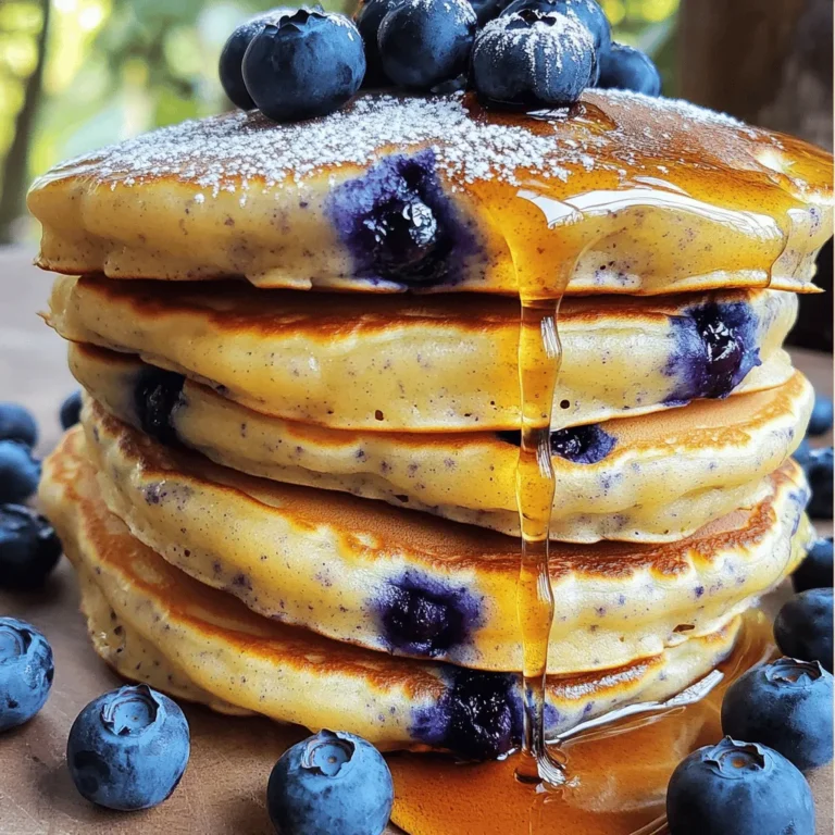 To make fluffy pancakes with blueberries, you need simple and fresh ingredients. Here’s what you’ll need: - 1 cup all-purpose flour - 2 tablespoons sugar - 1 tablespoon baking powder - 1/2 teaspoon salt - 1 cup milk (dairy or non-dairy) - 1 large egg - 2 tablespoons melted butter (or vegetable oil for a dairy-free option) - 1 teaspoon vanilla extract - 1 cup fresh blueberries - Olive oil or butter for cooking These ingredients work together to create the perfect pancake. The flour gives structure, while the baking powder helps them rise. Sugar adds sweetness, and the blueberries bring a burst of flavor. You can easily find these items in your pantry or local store. For a full recipe, check out the [Full Recipe]. Enjoy making these delicious pancakes! First, grab a mixing bowl. Add 1 cup of all-purpose flour, 2 tablespoons of sugar, 1 tablespoon of baking powder, and 1/2 teaspoon of salt. Use a whisk to mix them well. This step is key for even flavor. In another bowl, whisk together 1 cup of milk, 1 large egg, 2 tablespoons of melted butter, and 1 teaspoon of vanilla extract. Mix until smooth. This helps create a rich taste in your pancakes. Now, pour the wet mix into the dry mix. Gently fold them together using a spatula. It’s important not to overmix. A few lumps are fine. Finally, fold in 1 cup of fresh blueberries. This adds bursts of flavor in every bite. For the full recipe, check out how to cook these fluffy blueberry pancakes. To make fluffy pancakes, you must avoid overmixing the batter. When you mix too much, your pancakes turn out dense. You want some lumps in your batter. This helps keep them light and airy. Using room temperature ingredients is also key. Cold ingredients can make the batter hard to mix. It may also affect how well the pancakes rise. Let your milk and egg sit out for about 30 minutes before mixing. This small step makes a big difference! Getting the skillet temperature just right is essential. If it’s too hot, pancakes burn on the outside but remain raw inside. A medium heat works best. For greasing, you can use olive oil or butter. A non-stick spray works well, too. Lightly coat the skillet before pouring in the batter. This keeps the pancakes from sticking and makes flipping them easy. For more details, check out the Full Recipe! {{image_2}} You can change up these fluffy pancakes to fit your taste. Try adding chocolate chips for a sweet twist. Just fold in a handful of chips with the blueberries. Nuts also work well. Chopped walnuts or pecans add a nice crunch. You can even sprinkle in spices like cinnamon or nutmeg for warmth. Each of these options will give your pancakes a unique flavor. How you serve these pancakes can make them even more delicious. Drizzle warm maple syrup over the top for a classic touch. You can also add a dollop of whipped cream for extra creaminess. Yogurt is a great choice too. It adds a fresh taste and a bit of tang. For a fun twist, add extra blueberries on top. They make the dish look lovely and taste great. Enjoy these fluffy pancakes your way! Check out the Full Recipe for more tips. To store leftover pancakes, let them cool first. Place them in an airtight container. You can stack them with parchment paper in between to avoid sticking. Keep them in the fridge for up to three days. When you're ready to eat, just reheat them in the microwave or on the skillet. They will still taste great! You can freeze pancakes for later use. Once they cool, place them in a single layer on a baking sheet. After about an hour in the freezer, move them to a freezer bag. Make sure to remove as much air as possible. They can last up to two months in the freezer. When you want to enjoy them, just reheat in the microwave or toaster. This way, you’ll have delicious pancakes ready anytime! For the full recipe, check out the Fluffy Blueberry Pancakes section. Yes, you can use frozen blueberries. They work well in this recipe. Just add them directly to the batter without thawing. Be aware that they may change the color of your pancakes a bit. Frozen berries can also make the batter a little more watery. This won’t ruin your pancakes, but keep an eye on the cooking time. If you need to replace eggs, there are good options. You can use 1/4 cup of unsweetened applesauce. Another choice is 1/4 cup of mashed banana. You can also use 1 tablespoon of ground flaxseed mixed with 2.5 tablespoons of water. Let it sit for a few minutes to thicken. Each of these options will help bind the ingredients together. To keep pancakes from sticking, use a good non-stick pan. Preheat the pan on medium heat before adding oil or butter. Then, use just enough oil or butter to coat the bottom. You can use a paper towel to spread it evenly. If your pancakes still stick, try lowering the heat. Cooking at a lower temperature can help them cook more evenly without sticking. You now have a simple and tasty pancake recipe. We covered ingredients, mixing techniques, and cooking tips. You learned how to keep your pancakes fluffy and ways to customize them. Storing leftover pancakes is easy with tips for refrigerating and freezing. When ready, enjoy these pancakes topped with your favorites like syrup or yogurt. Get cooking and share your delicious results!