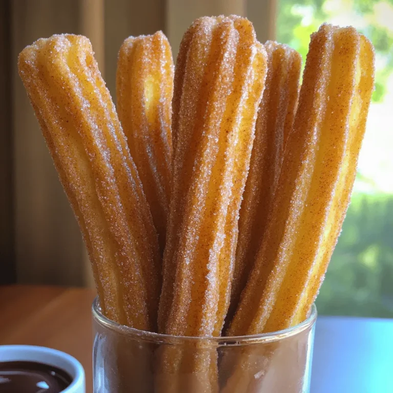Cinnamon sugar churros are simple to make and need just a few key ingredients. Here’s what you will need: - 1 cup water - 1/2 cup unsalted butter - 1 tablespoon sugar - 1/4 teaspoon salt - 1 cup all-purpose flour - 2 large eggs - 1 teaspoon vanilla extract - Vegetable oil (for frying) - 1/2 cup sugar (for coating) - 1 tablespoon ground cinnamon These ingredients work together to create a rich and tasty treat. The water and butter form a smooth dough. The sugar adds sweetness, while the salt enhances the flavor. All-purpose flour gives the churros their perfect texture. The eggs help bind the dough and add richness. Vanilla extract adds a nice flavor. The vegetable oil is for frying, giving the churros their crispy outside. Finally, the cinnamon sugar coating gives that classic churro taste. For the full recipe, you can refer to the recipe section above. Now that you have the ingredients ready, let's move on to making these delicious treats! First, grab a medium saucepan. Combine 1 cup of water, 1/2 cup of unsalted butter, 1 tablespoon of sugar, and 1/4 teaspoon of salt. Turn the heat to medium. Stir as the butter melts. Once it boils, remove from heat. Now, add 1 cup of all-purpose flour to the mixture. Stir until it forms a ball. Let it cool for about 5 minutes. Next, add 2 large eggs one at a time. Mix well each time before adding the next egg. This helps make the dough smooth. Then, blend in 1 teaspoon of vanilla extract. This adds a nice flavor to your churros. Now, heat vegetable oil in a deep pan or fryer. Aim for 375°F (190°C). This is the perfect temperature for frying. Take your churro dough and transfer it to a piping bag with a star-shaped nozzle. Pipe 4 to 6-inch strips of dough into the hot oil, cutting them off with scissors. Fry until golden brown, about 2-3 minutes on each side. Once done, remove the churros and drain them on paper towels. While they are still warm, coat them in a mix of 1/2 cup sugar and 1 tablespoon ground cinnamon. This will give your churros that classic sweet and spicy flavor. Enjoy your delicious creation! For the complete process, check out the Full Recipe. To make great churros, start by boiling the mixture correctly. Boil the water, butter, sugar, and salt until the butter melts. This step helps to create a smooth dough. Next, ensure your oil is at the right temperature, around 375°F (190°C). If the oil is too cold, your churros will soak up oil and become greasy. If it's too hot, they may burn before cooking through. Use a thermometer for accuracy. Coating churros in cinnamon sugar is simple and fun. Mix sugar and cinnamon in a shallow dish. While the churros are still warm, roll them in the mixture. This gives them a sweet, crunchy exterior. For a creative presentation, arrange the churros in a tall glass or a basket. You can sprinkle extra cinnamon sugar on top for flair. Serve with a warm chocolate dipping sauce for a treat that everyone will love. Want more ideas? Check out the Full Recipe for extra tips! {{image_2}} You can make your churros even more special. Try drizzling melted chocolate or caramel on top. This adds a rich, sweet layer that makes each bite more exciting. You can also play with spices. A hint of nutmeg or a dash of cayenne pepper can give your churros a unique twist. These flavors blend well with the warm cinnamon sugar coating. Churros taste great with different sauces. A creamy chocolate sauce is always a hit. It pairs well with the cinnamon sugar. If you want something fresh and different, try a spicy fruit salsa. The sweetness of the fruit with a bit of heat creates an exciting contrast. Both options elevate your churro experience. For the full recipe, check out the detailed instructions above. To store leftover churros, let them cool first. Place them in an airtight container. You can keep them at room temperature for one day. For longer storage, put them in the fridge. Churros can last up to three days in the fridge. When reheating, the goal is to keep them crispy. Preheat your oven to 350°F (175°C). Place the churros on a baking sheet. Heat them for about 5-10 minutes. This keeps them from getting soggy. Avoid using the microwave, as it makes them soft and chewy. You can freeze churro dough or cooked churros. To freeze dough, wrap it tightly in plastic wrap. Place it in a freezer bag and remove as much air as possible. Dough can be frozen for up to three months. For cooked churros, let them cool. Then, place them in a single layer on a baking sheet. Freeze them for about one hour. Once frozen, transfer them to a freezer bag. They can last up to three months in the freezer. To thaw, move the churros to the fridge overnight. For reheating, use the oven at 350°F (175°C) for 10-15 minutes. This method keeps them crispy and delicious. Enjoy your churros as if they were just made! How long do churros stay fresh? Churros taste best when fresh. They stay good for about one day at room temperature. If you keep them in a sealed bag, they can last up to two days. However, they may lose some crunch. Can I bake churros instead of frying? Yes, you can bake churros! Preheat your oven to 400°F (200°C). Pipe the dough onto a baking sheet lined with parchment paper. Bake for 20-25 minutes until golden. They won’t be as crispy as fried ones, but they will still be tasty. What's the best way to keep churros crispy? To keep churros crispy, store them in an open container. Avoid sealing them in a bag. Reheat them in an oven at 350°F (175°C) for a few minutes to restore the crunch. Can I use whole wheat flour for churros? You can use whole wheat flour for churros, but the texture will change. The churros may be denser and less airy. Use a mix of all-purpose and whole wheat for a better balance. What size piping nozzle is best for churros? A star-shaped piping nozzle works best for churros. A 1/2-inch or 1-inch opening gives the right shape. This creates the classic ridged look and helps them cook evenly. Where did churros originate? Churros likely originated in Spain. They are a popular treat in many Spanish-speaking countries. They are often enjoyed for breakfast or as a snack. Are churros served in different ways globally? Yes! In Mexico, churros are often served with chocolate sauce. In Spain, they might be dipped in thick hot chocolate. Every country adds its twist, making churros a truly global treat. Making churros involves simple ingredients and easy steps. We boiled water, butter, sugar, and salt. Then we mixed in the flour and eggs to create dough. Frying them at the right temperature gives churros their crispiness. With tips on serving and storage, you can enjoy churros fresh or later. Don't forget to try different flavors and dips. Churros are fun treats, and you can make them your own. Now, gather your ingredients and start frying your delicious churros. Enjoy every bite!