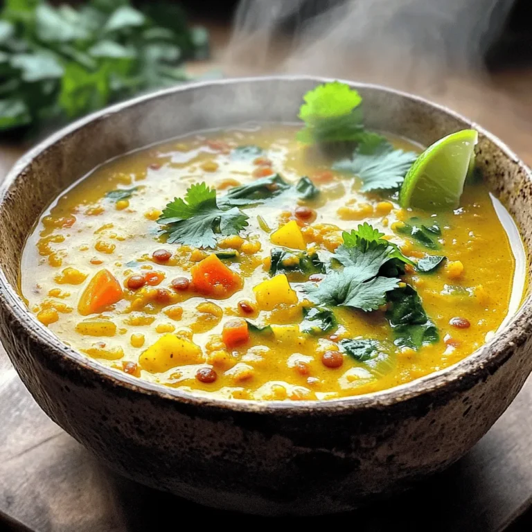 Making Coconut Curry Lentil Soup is simple and fun. You only need a few key ingredients to create this warm and rich dish. Here's what you'll need: - 1 cup red lentils, rinsed - 1 can (14 oz) coconut milk - 4 cups vegetable broth - 1 medium onion, diced - 2 cloves garlic, minced - 1 inch ginger, grated - 1 tablespoon red curry paste - 1 teaspoon turmeric powder - 1 teaspoon cumin powder - 1 bell pepper, diced - 2 cups spinach (fresh or frozen) - 1 tablespoon olive oil - Salt and pepper to taste - Fresh cilantro, for garnish - Lime wedges, for serving These ingredients create a tasty and hearty soup. I love the way the coconut milk adds creaminess. The spices give it a nice kick. Don't forget to check the [Full Recipe] for all the steps to make this delicious soup. 1. First, heat 1 tablespoon of olive oil in a large pot over medium heat. 2. Add the diced onion. Sauté it until it becomes translucent, about 3-4 minutes. The onion should soften and smell sweet. 1. Next, stir in 2 cloves of minced garlic and 1 inch of grated ginger. Cook them for about 1-2 minutes until they smell fragrant. This step adds a nice depth of flavor. 2. Now, mix in 1 tablespoon of red curry paste. Stir it well with the onion mixture. Let it cook for 1-2 minutes to let the flavors develop. 3. Pour in 4 cups of vegetable broth and 1 can (14 oz) of coconut milk. Stir until everything combines. This creates a creamy, rich base. 1. Add 1 cup of rinsed red lentils, 1 teaspoon of turmeric, 1 teaspoon of cumin, and 1 diced bell pepper. Bring the mixture to a boil. 2. Once boiling, reduce the heat to a simmer. Cover the pot and let it cook for 20-25 minutes. Stir occasionally until the lentils are tender. 3. After the lentils are cooked, stir in 2 cups of spinach until it's wilted. Season with salt and pepper to taste. 4. Remove from heat and let the soup rest for a few minutes before serving. You can find the full recipe to make this delicious soup. Enjoy the warmth and flavor of this dish! To make the best coconut curry lentil soup, rinse your lentils well. This step removes dust and small stones. It also helps the lentils cook evenly. You can adjust the curry paste based on your taste. Start with one tablespoon, and add more if you like it spicier. You can add extra spices for more depth. Consider cumin or coriander. Fresh herbs like basil or mint can brighten the dish. For garnishing, use fresh cilantro. A squeeze of lime makes a big difference in taste. Watch the cooking time for lentils. Overcooking can make them mushy. Taste and adjust your seasonings as needed. Don’t skip this step; it’s key for great flavor. Explore the [Full Recipe] for the complete list of ingredients and steps! {{image_2}} You can swap out red lentils for chickpeas or quinoa. Chickpeas add a hearty texture. Quinoa boosts protein and gives a nice crunch. You can also mix in veggies like carrots, zucchini, or mushrooms. Each choice adds a new layer of flavor to your soup. To spice things up, consider adding more heat. Red pepper flakes or fresh chili can make the soup hotter. You can also try different curries. Green curry paste will give a fresh taste, while massaman curry provides a sweet and nutty flavor. This soup can easily become vegan or gluten-free. The recipe is already vegan since it uses coconut milk. For gluten-free, just check your curry paste. You can also lower the calories by using less coconut milk or adding more veggies. This keeps it tasty without the extra fat. To store your leftovers, let the soup cool first. Pour the soup into an airtight container. It keeps well in the fridge for up to five days. Always label your container with the date. This way, you'll know when to enjoy it again! For long-term storage, freezing works great. Use a freezer-safe container or zip-top bag. Leave some space at the top of the container, as the soup will expand when frozen. Your soup can last up to three months in the freezer. When you're ready to eat, thaw it in the fridge overnight. To reheat frozen soup, warm it on the stove over low heat. Stir often to prevent sticking. You can also use the microwave, but stir halfway through to heat it evenly. This soup pairs well with many side dishes. Try serving it with crusty bread for dipping. Rice is another excellent option, as it soaks up the flavors. You can also add a simple salad for freshness. Each bite will be a delight! Coconut curry lentil soup lasts about 4 to 5 days in the fridge. Make sure to store it in a tightly sealed container. If you freeze it, it can last up to 3 months. Just thaw it overnight in the fridge before reheating. Yes, you can make this soup ahead of time. Prepare the soup and let it cool completely. Then, store it in the fridge or freeze it. If you freeze it, portion it out for easy meals later. Reheat it on the stove or in the microwave before serving. If you want to avoid coconut milk, try almond milk or soy milk. Both can add creaminess to the soup. You can also use vegetable broth with a splash of olive oil for richness. Remember to adjust seasonings to match your choice! This blog post covered making a delicious coconut curry lentil soup. We listed the essential ingredients, shared step-by-step cooking instructions, and highlighted tips for perfecting your dish. Remember to rinse your lentils and adjust flavors to your taste. You can also swap ingredients and make it fit your diet. Don’t be afraid to get creative with flavors and variations. Enjoy this warming soup, and share it with friends and family. Happy cooking!