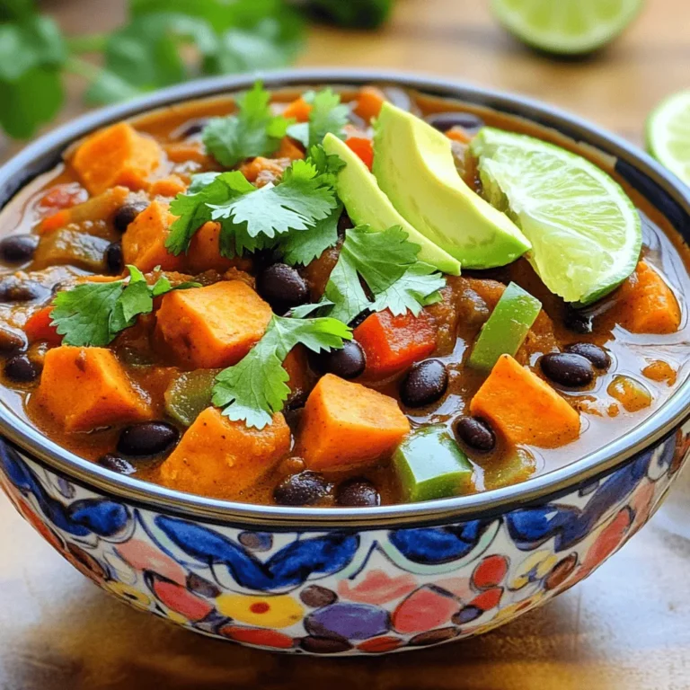 - 2 medium sweet potatoes, diced - 1 can (15 oz) black beans, drained and rinsed - 1 can (14 oz) diced tomatoes (with juices) - 1 cup vegetable broth - 1 medium onion, diced - Fresh cilantro or parsley for garnish - 2 tablespoons olive oil - 1 tablespoon chili powder - 1 teaspoon cumin - 1/2 teaspoon cayenne pepper Sweet Potato Black Bean Chili relies on simple yet bold flavors. The sweet potatoes provide a creamy base, while black beans add protein and texture. Diced tomatoes give the chili a juicy tang. The vegetable broth enhances the soup's depth. Use vegetable broth for a rich flavor without meat. Diced onion brings sweetness and aroma to the dish. The spices are key to this recipe. Olive oil helps to sauté the onions and spices, building a solid flavor base. Chili powder and cumin bring warmth and earthiness. Adjust the cayenne pepper to control the heat. These ingredients work together to create a comforting bowl of chili. For the full recipe, check the details in the cooking instructions. Start by heating olive oil in a large pot over medium heat. It should shimmer but not smoke. Then, add the diced onion. Sauté the onion for about five minutes until it becomes translucent. This step helps build a solid flavor base for your chili. Next, stir in the minced garlic, red bell pepper, and green bell pepper. Cook the mixture for about three to four minutes. You want the peppers to soften and release their sweet aroma into the pot. This adds a rich layer of flavor. Now, it’s time to spice things up. Add chili powder, cumin, smoked paprika, cayenne pepper, salt, and pepper. Stir well to coat the vegetables with the spices. Let it cook for about one minute. This helps the spices bloom and enhances their flavors. Mix in the diced sweet potatoes next. Ensure they’re thoroughly combined with the spices and vegetables. Then, pour in the black beans, diced tomatoes with their juices, and vegetable broth. Stir everything together until evenly mixed. This creates a hearty, comforting base for your chili. Bring the mixture to a gentle boil. Once boiling, reduce the heat to low, cover the pot, and let it simmer. Cook for about 25 to 30 minutes, or until the sweet potatoes are tender. Stir occasionally to prevent sticking. This slow cooking allows the flavors to meld beautifully. After simmering, taste the chili and adjust the seasoning as necessary. You can add more salt, pepper, or spices to your liking. Ladle the chili into bowls, garnish with fresh cilantro or parsley, and add any optional toppings like avocado slices or lime wedges. Enjoy your flavorful comfort bowl! For the full recipe, check the detailed instructions provided. To make your chili just right, cut sweet potatoes evenly. This helps them cook at the same time. Stir the chili occasionally while it simmers. This keeps it from sticking to the pot. Let your chili sit for a few hours or even overnight. This allows the flavors to meld beautifully. Taste the chili after it cooks. If you want more spice, add it little by little to find your perfect heat. Serve your chili in bright, colorful bowls. This adds fun to your meal. Top it with fresh herbs like parsley or avocado slices. These colorful toppings make your dish look even more inviting. {{image_2}} You can make this chili even better by adding protein. Cooked lentils are a great choice. They mix well and add a nice texture. If you prefer meat, ground turkey or beef works too. Just brown it before adding the other ingredients. This adds a savory depth to your chili. Spice can change everything in your chili! Adjust the cayenne pepper to match your heat level. If you love spice, add more. You can also try different chili powders, like chipotle. This will give your dish a smoky flavor. Play with spices until you find your perfect mix. Don't be afraid to get creative with veggies! Zucchini or corn can add fun textures. They also boost nutrition. You can swap black beans for other beans, like kidney or pinto beans. Each bean gives a unique taste and feel. Try these changes to make the dish your own. For the complete experience, check out the Full Recipe to explore all the delicious details! To keep your Sweet Potato Black Bean Chili fresh, store any leftovers in airtight containers. This helps lock in flavors and prevent spoilage. You can safely keep the chili in the fridge for up to 5 days. If you want to save some for later, freezing is a great option. Freeze the chili in individual portions for easy meals. It can be stored for up to 3 months. Just remember to label each container with the date. When you're ready to enjoy your chili again, reheat it on the stove over medium heat. Stir occasionally until it is heated through. If the chili seems too thick, add a splash of vegetable broth to loosen it up. Enjoy your comforting bowl of chili! Yes, this chili can be made in advance; it often tastes better the next day. The flavors blend well overnight. You can store it in the fridge and reheat when needed. Yes, all ingredients are naturally gluten-free. You can enjoy it without worry. It fits well in gluten-free diets. Add more cayenne pepper or diced jalapeños during cooking. Start with a little and taste as you go. This way, you can find the heat level you enjoy. Great options include cornbread, rice, or tortilla chips. Each adds a nice crunch or softness. You can dip or scoop, making it fun to eat. Yes, butternut squash or regular potatoes can be used as alternatives. Both will change the taste slightly but still keep it delicious. Popular choices include avocado, cheese, sour cream, or fresh lime juice. These toppings add creaminess and zest. Customize your bowl to your liking! This blog post covered how to make a delicious Sweet Potato Black Bean Chili. You learned about the key ingredients, spices, and step-by-step instructions to prepare it perfectly. With tips on enhancing flavor and variations to change things up, this chili can suit anyone's taste. Enjoy making this chili for your next meal. It's healthy, filling, and easy to store. Get creative with toppings and enjoy your tasty dish!