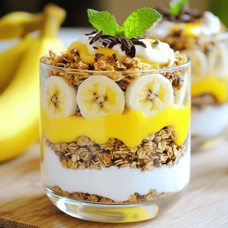 To make this creamy banana dessert, you’ll need some simple yet tasty ingredients. Here’s what you’ll gather: - 2 ripe bananas, sliced - 1 cup Greek yogurt (vanilla or plain) - 1/2 cup coconut cream - 2 tablespoons honey or maple syrup - 1 teaspoon vanilla extract - 1/4 teaspoon ground cinnamon - 1/2 cup granola - 1/4 cup dark chocolate shavings (optional) - Fresh mint leaves for garnish These ingredients create a smooth and sweet treat. You can adjust the honey or maple syrup based on how sweet you like it. I love using ripe bananas because they add natural sweetness. The Greek yogurt and coconut cream make the dessert creamy and rich. Feel free to get creative! You can use different types of granola or even add some nuts for extra crunch. Remember, the key to a great creamy banana dessert is having fun with the flavors. For the full recipe, check out the details above and start creating your own delicious treat! - Step 1: Mix the creamy base Start by grabbing a medium bowl. Add the Greek yogurt and coconut cream. Pour in the honey or maple syrup, then the vanilla extract. Sprinkle in the ground cinnamon. Mix until it is smooth and creamy. This base is what makes your dessert rich and tasty. - Step 2: Layer the ingredients in serving glasses Take your serving glasses or bowls. Put a spoonful of the creamy mix at the bottom. This is your first layer. Next, add a layer of sliced bananas. The bananas give a nice, sweet flavor. Then, sprinkle some granola on top for a crunchy bite. - Step 3: Repeat layers until filled Keep layering! Add more of the creamy mix, followed by more bananas and granola. You can do this 2 to 3 times. Make sure the top layer is the creamy mix. This makes it look nice and inviting. - Step 4: Garnish before serving To finish, sprinkle dark chocolate shavings on top if you like. Add a fresh mint leaf for a pop of color. This makes your dessert look fancy. You can serve it right away or chill it in the fridge for up to an hour. This helps the flavors mix even better. Feel free to check the Full Recipe for more details and tips. Enjoy your creamy banana dessert! - Use ripe bananas for maximum sweetness Ripe bananas have more natural sugar. They taste sweeter and creamier. Look for bananas with brown spots. This shows they are ripe and ready to use. - Opt for full-fat coconut cream for creaminess Full-fat coconut cream gives your dessert a rich texture. It adds a lovely creaminess that blends well with the other ingredients. You can find it in cans at most stores. - Adjust sweetness to taste Everyone has different preferences for sweetness. Start with two tablespoons of honey or maple syrup. Taste the mixture and add more if you like it sweeter. This way, you can make it just right for you. These tips will help you make the best creamy banana dessert. Enjoy the process and get creative! {{image_2}} You can make this creamy banana dessert even more fun with a few twists. Here are some ideas: - Substitute Greek yogurt with dairy-free alternatives: If you want a dairy-free option, use coconut yogurt or almond yogurt. These options keep the texture creamy and add a nice flavor. - Add nuts for extra crunch: Chopped walnuts or almonds can make the dessert crunchy. Just sprinkle them between layers. They also add healthy fats and protein. - Explore different flavorings: Want to change the flavor? Try mixing in peanut butter or almond butter into the yogurt. This adds a rich taste and pairs well with bananas. These variations can make your creamy banana dessert unique, and you can enjoy it in new ways. For the full recipe, check out the Banana Bliss Parfait. To keep your creamy banana dessert fresh, store any leftovers in an airtight container. This helps prevent the dessert from drying out. If you have made the Banana Bliss Parfait, place it in the fridge right away. It will stay fresh for up to three days. If you want to freeze the components, freeze the sliced bananas separately. Use a freezer bag to avoid freezer burn. You can freeze the creamy mixture, too. Just make sure to leave some space in the container for expansion. Thaw it in the fridge before serving. These storage tips ensure every bite tastes great, even days later. Enjoy your dessert anytime! Can I make this dessert ahead of time? Yes, you can make this dessert ahead. Just prepare it and chill in the fridge. It keeps well for up to one hour. If you want to make it a day before, store the layers separately. This helps keep the granola crunchy. How do I ripen bananas quickly? To ripen bananas fast, place them in a paper bag. Close the bag loosely and leave it at room temperature. The ethylene gas will speed up the ripening. You can also use an oven. Bake unpeeled bananas at 300°F for about 15-20 minutes. Watch them closely, as they can get too soft. What can I use instead of granola? If you don’t have granola, try crushed nuts or seeds. You can also use cookie crumbles or crushed cereal. These options add crunch and flavor. Just make sure to pick something you love! For a healthier twist, use toasted oats or puffed rice. For the full recipe, you can refer to the Banana Bliss Parfait. You learned how to make a tasty creamy banana dessert. We covered the ingredients, instructions, and ways to add your own twist. Remember to use ripe bananas for the best flavor and creaminess. You can also play with different toppings and storage methods. This dish is easy to prepare and a great treat for any occasion. Enjoy making it your own and sharing it with friends and family!