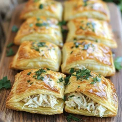 To make Garlic Chicken Puffs, gather these key items: - 1 cup cooked chicken, shredded - 1 cup cream cheese, softened - 4 cloves garlic, minced - 1 teaspoon onion powder - 1 teaspoon dried thyme - 1 tablespoon fresh parsley, chopped - 1 package (1 lb) puff pastry, thawed - 1 egg, beaten (for egg wash) - Salt and pepper to taste - Olive oil for drizzling These ingredients form the base of the puffs. The chicken provides protein. Cream cheese adds richness. Garlic gives a bold flavor, while spices and herbs enhance the taste. You can boost the flavor with these additions: - 1 teaspoon smoked paprika - 1/2 cup shredded cheese (like cheddar or mozzarella) - 1 tablespoon lemon juice - Sliced green onions for garnish Using smoked paprika adds a lovely depth. Cheese makes them extra creamy. Lemon juice brightens the flavor, while green onions bring freshness. For this recipe, you will need: - Mixing bowl - Baking sheet - Parchment paper - Rolling pin - Knife or pizza cutter - Pastry brush Having the right tools helps make the cooking process smooth. A mixing bowl allows for easy blending. Parchment paper ensures the puffs do not stick to the baking sheet. To start, gather your ingredients. You need cooked chicken, cream cheese, garlic, onion powder, thyme, parsley, puff pastry, an egg, salt, and pepper. 1. Preheat your oven to 400°F (200°C). Line a baking sheet with parchment paper to keep your puffs from sticking. 2. In a bowl, mix the shredded chicken, cream cheese, minced garlic, onion powder, dried thyme, and parsley. Add salt and pepper to taste. Mix well until everything is combined. 3. Roll out the puff pastry on a floured surface. Cut it into squares, about 4x4 inches. Make sure the squares are even for nice puffs. Now, let’s fill those pastry squares: 4. Place a generous spoonful of the chicken mixture in the center of each square. 5. Fold the corners of the pastry over the filling to make a pocket. Pinch the edges tightly to seal it well. 6. Brush the tops with the beaten egg. This gives your puffs a nice golden color. 7. Place the puffs on the lined baking sheet. Drizzle a little olive oil over each one for extra flavor. 8. Bake them in the oven for 15-20 minutes. You want them to be golden brown and puffed up. To make your Garlic Chicken Puffs the best they can be, keep these tips in mind: - Ensure your puff pastry is cold before working with it. This helps create layers. - Don’t overfill the puffs. Too much filling can make sealing hard. - Experiment with herbs. Adding different spices can change the flavor. - Let the puffs cool for a few minutes before serving. This helps them set. Check out the Full Recipe for all the details! To make perfect garlic chicken puffs, avoid overfilling the pastry. If you add too much filling, they may burst while baking. Keep the filling in the center, and leave space at the edges. Also, seal the edges well. If they are not sealed, the filling might leak out. Lastly, remember to preheat your oven. A hot oven helps the puffs rise and turn golden. For the best puff pastry, make sure it is cold before use. This keeps the layers separate and helps them puff up. When rolling it out, use a light touch. Don't press down too hard; you want to keep the air in. Cut the squares evenly for a uniform bake. A sharp knife or pizza cutter works great for this task. You can change the taste of your garlic chicken puffs easily. Add different herbs like rosemary or basil for a fresh twist. If you like heat, add some crushed red pepper flakes to the filling. For a richer flavor, mix in some grated cheese. Experiment with these options to create your own unique version. If you want to try something new, check out the Full Recipe for more ideas. {{image_2}} You can switch up the filling for Garlic Chicken Puffs. Try using cooked turkey or ham. These meats work well with garlic and cream cheese. You can also use veggies like spinach or mushrooms for a meatless option. For something different, add some cheese like cheddar or feta. This adds a rich flavor that pairs nicely with garlic. Changing the spices can give your puffs a new twist. Instead of thyme, use basil or oregano. These herbs add a fresh taste. You can also try adding a little red pepper flakes for heat. For a sweet touch, mix in some caramelized onions. They bring a nice contrast to the savory fillings. If you want a low-carb option, use cauliflower instead of chicken. Simply steam the cauliflower and mash it. Mix it with cream cheese and garlic for a tasty filling. For gluten-free puffs, use gluten-free puff pastry. Many brands make this option now. Check the ingredients to ensure it fits your diet. These options let everyone enjoy Garlic Chicken Puffs without worry. For the full recipe, check out the details above. To keep your garlic chicken puffs fresh, store them in an airtight container. Place parchment paper between layers to avoid sticking. Store them in the fridge for up to three days. For best results, avoid stacking too many on top of each other. This helps them stay crisp and tasty. When you're ready to enjoy leftovers, preheat your oven to 350°F (175°C). Place the puffs on a baking sheet. Bake for about 10 to 15 minutes. This warms them through and keeps the pastry flaky. You can also use an air fryer for about 5 minutes to get a nice crisp. If you want to save some for later, freezing is a great option. After baking and cooling, wrap each puff tightly in plastic wrap. Then, place them in a freezer-safe bag or container. They can stay frozen for up to three months. When ready to eat, thaw in the fridge overnight. Reheat as mentioned above for the best taste. For more details on making these delightful snacks, check the Full Recipe. Serve Garlic Chicken Puffs with a fresh salad or a side of garlic dipping sauce. They also pair well with a light soup, like tomato or chicken broth. For a fun twist, add some sweet chili sauce for a kick. A platter of veggies can add crunch and color to your meal. This mix of flavors keeps your meal exciting. Yes, you can make Garlic Chicken Puffs in advance. Prepare the filling and fill the pastry squares. Then, cover them and store in the fridge for up to 24 hours. Just remember to bake them before serving. This saves time for your party or family dinner. To reheat Garlic Chicken Puffs, use the oven for the best result. Preheat your oven to 350°F (175°C). Place the puffs on a baking sheet and heat for about 10 minutes. This method keeps the puffs crispy. Avoid the microwave, as it can make them soggy. Yes, you can freeze Garlic Chicken Puffs. Before baking, place them on a baking sheet and freeze until firm. Then, store them in an airtight container or freezer bag. They can last up to three months in the freezer. When ready to eat, bake straight from frozen. Add a few more minutes to the baking time. Garlic Chicken Puffs last about 3-4 days in the fridge. Store them in an airtight container to keep them fresh. Reheat thoroughly before serving. If you notice any changes in smell or texture, it’s best to throw them away. Absolutely! You can use cooked turkey, beef, or even shrimp as a filling. Just make sure to adjust the seasoning to match the meat you use. Each option brings its own unique flavor, making it a versatile dish. Serve Garlic Chicken Puffs warm for the best flavor. Arrange them on a platter and garnish with fresh herbs. This makes for a lovely presentation. Encourage guests to dip them in sauce for added flavor. Yes, adding veggies can enhance the filling. Consider spinach, mushrooms, or bell peppers for added texture and taste. Just make sure to chop them small and cook them first to prevent excess moisture. If your puff pastry doesn’t rise, try checking the oven temperature. It should be hot enough for the pastry to puff up. Also, ensure you didn’t overhandle the dough. Keeping it cold before baking is key to that perfect puff. Garlic Chicken Puffs are done when they turn golden brown. The pastry should look puffy and crisp. If you tap the bottom, it should sound hollow. This is a sign they are ready to enjoy! For the full recipe, check out the Garlic Chicken Puffs section. You now know the key ingredients, steps, and tips for making Garlic Chicken Puffs. You’ve gained insights into variations to suit your taste and smart storage methods for leftovers. Follow these simple steps, and you'll enjoy delicious, crispy puffs every time. Remember to explore different fillings and seasonings to keep things fresh. With practice, you’ll master this dish and impress anyone you serve. Keep experimenting, and have fun in the kitchen!
