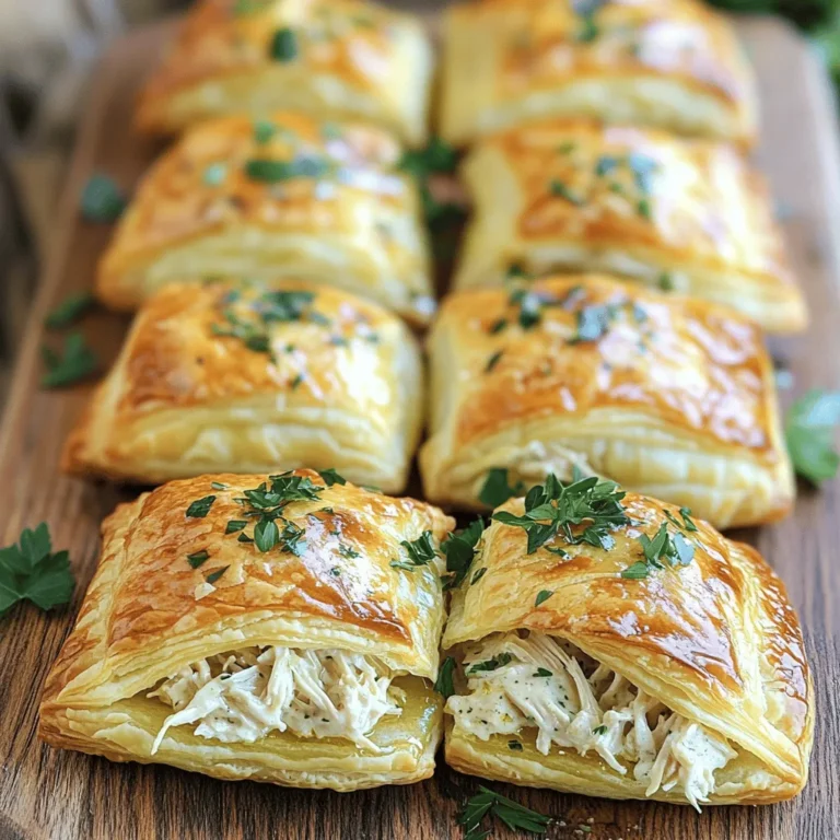 To make Garlic Chicken Puffs, gather these key items: - 1 cup cooked chicken, shredded - 1 cup cream cheese, softened - 4 cloves garlic, minced - 1 teaspoon onion powder - 1 teaspoon dried thyme - 1 tablespoon fresh parsley, chopped - 1 package (1 lb) puff pastry, thawed - 1 egg, beaten (for egg wash) - Salt and pepper to taste - Olive oil for drizzling These ingredients form the base of the puffs. The chicken provides protein. Cream cheese adds richness. Garlic gives a bold flavor, while spices and herbs enhance the taste. You can boost the flavor with these additions: - 1 teaspoon smoked paprika - 1/2 cup shredded cheese (like cheddar or mozzarella) - 1 tablespoon lemon juice - Sliced green onions for garnish Using smoked paprika adds a lovely depth. Cheese makes them extra creamy. Lemon juice brightens the flavor, while green onions bring freshness. For this recipe, you will need: - Mixing bowl - Baking sheet - Parchment paper - Rolling pin - Knife or pizza cutter - Pastry brush Having the right tools helps make the cooking process smooth. A mixing bowl allows for easy blending. Parchment paper ensures the puffs do not stick to the baking sheet. To start, gather your ingredients. You need cooked chicken, cream cheese, garlic, onion powder, thyme, parsley, puff pastry, an egg, salt, and pepper. 1. Preheat your oven to 400°F (200°C). Line a baking sheet with parchment paper to keep your puffs from sticking. 2. In a bowl, mix the shredded chicken, cream cheese, minced garlic, onion powder, dried thyme, and parsley. Add salt and pepper to taste. Mix well until everything is combined. 3. Roll out the puff pastry on a floured surface. Cut it into squares, about 4x4 inches. Make sure the squares are even for nice puffs. Now, let’s fill those pastry squares: 4. Place a generous spoonful of the chicken mixture in the center of each square. 5. Fold the corners of the pastry over the filling to make a pocket. Pinch the edges tightly to seal it well. 6. Brush the tops with the beaten egg. This gives your puffs a nice golden color. 7. Place the puffs on the lined baking sheet. Drizzle a little olive oil over each one for extra flavor. 8. Bake them in the oven for 15-20 minutes. You want them to be golden brown and puffed up. To make your Garlic Chicken Puffs the best they can be, keep these tips in mind: - Ensure your puff pastry is cold before working with it. This helps create layers. - Don’t overfill the puffs. Too much filling can make sealing hard. - Experiment with herbs. Adding different spices can change the flavor. - Let the puffs cool for a few minutes before serving. This helps them set. Check out the Full Recipe for all the details! To make perfect garlic chicken puffs, avoid overfilling the pastry. If you add too much filling, they may burst while baking. Keep the filling in the center, and leave space at the edges. Also, seal the edges well. If they are not sealed, the filling might leak out. Lastly, remember to preheat your oven. A hot oven helps the puffs rise and turn golden. For the best puff pastry, make sure it is cold before use. This keeps the layers separate and helps them puff up. When rolling it out, use a light touch. Don't press down too hard; you want to keep the air in. Cut the squares evenly for a uniform bake. A sharp knife or pizza cutter works great for this task. You can change the taste of your garlic chicken puffs easily. Add different herbs like rosemary or basil for a fresh twist. If you like heat, add some crushed red pepper flakes to the filling. For a richer flavor, mix in some grated cheese. Experiment with these options to create your own unique version. If you want to try something new, check out the Full Recipe for more ideas. {{image_2}} You can switch up the filling for Garlic Chicken Puffs. Try using cooked turkey or ham. These meats work well with garlic and cream cheese. You can also use veggies like spinach or mushrooms for a meatless option. For something different, add some cheese like cheddar or feta. This adds a rich flavor that pairs nicely with garlic. Changing the spices can give your puffs a new twist. Instead of thyme, use basil or oregano. These herbs add a fresh taste. You can also try adding a little red pepper flakes for heat. For a sweet touch, mix in some caramelized onions. They bring a nice contrast to the savory fillings. If you want a low-carb option, use cauliflower instead of chicken. Simply steam the cauliflower and mash it. Mix it with cream cheese and garlic for a tasty filling. For gluten-free puffs, use gluten-free puff pastry. Many brands make this option now. Check the ingredients to ensure it fits your diet. These options let everyone enjoy Garlic Chicken Puffs without worry. For the full recipe, check out the details above. To keep your garlic chicken puffs fresh, store them in an airtight container. Place parchment paper between layers to avoid sticking. Store them in the fridge for up to three days. For best results, avoid stacking too many on top of each other. This helps them stay crisp and tasty. When you're ready to enjoy leftovers, preheat your oven to 350°F (175°C). Place the puffs on a baking sheet. Bake for about 10 to 15 minutes. This warms them through and keeps the pastry flaky. You can also use an air fryer for about 5 minutes to get a nice crisp. If you want to save some for later, freezing is a great option. After baking and cooling, wrap each puff tightly in plastic wrap. Then, place them in a freezer-safe bag or container. They can stay frozen for up to three months. When ready to eat, thaw in the fridge overnight. Reheat as mentioned above for the best taste. For more details on making these delightful snacks, check the Full Recipe. Serve Garlic Chicken Puffs with a fresh salad or a side of garlic dipping sauce. They also pair well with a light soup, like tomato or chicken broth. For a fun twist, add some sweet chili sauce for a kick. A platter of veggies can add crunch and color to your meal. This mix of flavors keeps your meal exciting. Yes, you can make Garlic Chicken Puffs in advance. Prepare the filling and fill the pastry squares. Then, cover them and store in the fridge for up to 24 hours. Just remember to bake them before serving. This saves time for your party or family dinner. To reheat Garlic Chicken Puffs, use the oven for the best result. Preheat your oven to 350°F (175°C). Place the puffs on a baking sheet and heat for about 10 minutes. This method keeps the puffs crispy. Avoid the microwave, as it can make them soggy. Yes, you can freeze Garlic Chicken Puffs. Before baking, place them on a baking sheet and freeze until firm. Then, store them in an airtight container or freezer bag. They can last up to three months in the freezer. When ready to eat, bake straight from frozen. Add a few more minutes to the baking time. Garlic Chicken Puffs last about 3-4 days in the fridge. Store them in an airtight container to keep them fresh. Reheat thoroughly before serving. If you notice any changes in smell or texture, it’s best to throw them away. Absolutely! You can use cooked turkey, beef, or even shrimp as a filling. Just make sure to adjust the seasoning to match the meat you use. Each option brings its own unique flavor, making it a versatile dish. Serve Garlic Chicken Puffs warm for the best flavor. Arrange them on a platter and garnish with fresh herbs. This makes for a lovely presentation. Encourage guests to dip them in sauce for added flavor. Yes, adding veggies can enhance the filling. Consider spinach, mushrooms, or bell peppers for added texture and taste. Just make sure to chop them small and cook them first to prevent excess moisture. If your puff pastry doesn’t rise, try checking the oven temperature. It should be hot enough for the pastry to puff up. Also, ensure you didn’t overhandle the dough. Keeping it cold before baking is key to that perfect puff. Garlic Chicken Puffs are done when they turn golden brown. The pastry should look puffy and crisp. If you tap the bottom, it should sound hollow. This is a sign they are ready to enjoy! For the full recipe, check out the Garlic Chicken Puffs section. You now know the key ingredients, steps, and tips for making Garlic Chicken Puffs. You’ve gained insights into variations to suit your taste and smart storage methods for leftovers. Follow these simple steps, and you'll enjoy delicious, crispy puffs every time. Remember to explore different fillings and seasonings to keep things fresh. With practice, you’ll master this dish and impress anyone you serve. Keep experimenting, and have fun in the kitchen!
