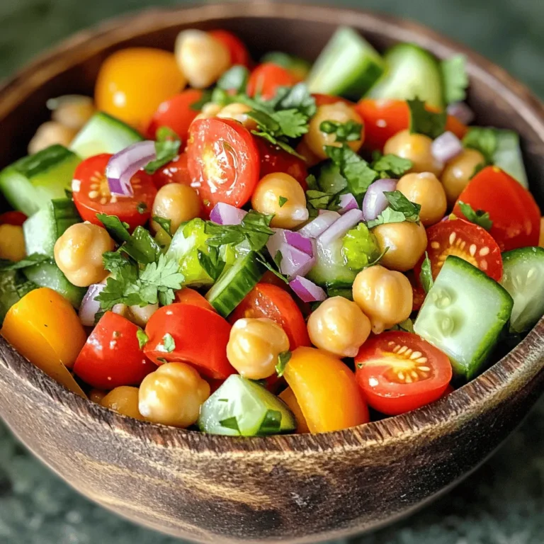 - 1 can (15 oz) chickpeas, drained and rinsed - 1 cup cherry tomatoes, halved - 1 cucumber, diced - 1 red bell pepper, diced - 1/4 red onion, finely chopped - 1 jalapeño, minced (adjust to taste) - 2 tablespoons olive oil - 1 tablespoon lemon juice - 1 teaspoon ground cumin - 1/2 teaspoon smoked paprika - Salt and pepper to taste - Fresh cilantro or parsley for garnish To make Spicy Chickpea Salad, you need simple, fresh ingredients. Start with a can of chickpeas. They give the salad a hearty base. Rinse and drain them well. Next, add cherry tomatoes and cucumber. These add color and crunch. The red bell pepper and red onion give it a sweet bite. If you enjoy heat, include jalapeño. You can adjust its amount based on your taste. For the dressing, combine olive oil and fresh lemon juice. This mix brightens the salad. Add ground cumin and smoked paprika for warm flavors. Lastly, season with salt and pepper to taste. Don’t forget the garnish! Fresh cilantro or parsley adds a nice touch. You can find the Full Recipe at the end of this article. Enjoy creating your Spicy Chickpea Salad! - First, drain and rinse the chickpeas. This helps remove excess salt. - Next, chop your fresh vegetables. Dice the cucumber, red bell pepper, and finely chop the red onion. - Lastly, mince the jalapeño and chop the cilantro. Keep some cilantro for later. - In a large bowl, combine the chickpeas and all chopped vegetables. - In a separate bowl, whisk together the olive oil, lemon juice, ground cumin, smoked paprika, salt, and pepper. Mix until it is smooth and well-blended. - Pour the dressing over the salad mixture in the big bowl. - Toss everything gently to coat all the ingredients. Adjust the seasoning if needed. - Let the salad sit for about 10-15 minutes. This helps the flavors blend well. - Serve it in bowls and top with fresh cilantro or parsley as a garnish. You can find the full recipe above to ensure you get all the details. - Use fresh ingredients whenever possible. Fresh produce makes a big difference. - Allow the salad to marinate for better taste. Letting it sit enhances the flavors. - Adjust jalapeño based on spice preference. If you like it mild, use less. - Substitute other vegetables as desired. Zucchini or radishes can add nice crunch. - Prepare ingredients in advance for quick assembly. Chop veggies and store them in bags. - Store dressing separately until serving. This keeps the salad crisp and fresh. For the full recipe, check out the details above! {{image_2}} You can make creamy dressings without dairy. Try mixing avocado with lemon juice for a smooth texture. Blend tahini with water and garlic for a nutty flavor. Both options add creaminess without dairy. This salad is naturally gluten-free. Chickpeas, fresh veggies, and spices do not contain gluten. You can feel good serving this dish to friends with gluten sensitivities. Adding herbs can enhance the taste. Try fresh basil, mint, or dill for a twist. For spices, consider adding chili powder or coriander for depth. You can also swap chickpeas for black beans or lentils for variety. Each bean brings its own flavor and texture, making the salad unique. To keep your Spicy Chickpea Salad fresh, store leftovers in the fridge. Use an airtight container for best results. This helps keep the salad crisp and tasty. It will last for about 3 to 5 days. If you notice any changes in smell or color, it's best to toss it. Can you freeze the salad? I recommend against it. Freezing can change the texture of the veggies. The chickpeas may hold up, but the fresh veggies will get mushy. If you want to save time, consider prepping the ingredients instead. If you want to enjoy leftovers as a meal, try warming them up. Heat the salad gently in a pan over low heat. Add a splash of olive oil or broth for extra flavor. You can also mix in cooked grains like rice or quinoa to create a warm grain bowl. This gives you a new way to enjoy the dish! You can use other legumes like black beans or kidney beans. Lentils are another option. If you want more protein, try tofu or grilled chicken. These swaps keep your salad tasty and filling. The salad lasts about 3 to 5 days in the fridge. Store it in an airtight container to keep it fresh. If you notice any changes in smell or color, it’s best to toss it out. Yes, you can add many ingredients. Avocado adds creaminess and healthy fats. Feta cheese gives a nice salty flavor. You can also include corn, olives, or radishes for extra crunch and taste. This salad is great for meal prep! Make it ahead and store it in the fridge. Just keep the dressing separate until you are ready to eat. This helps keep everything fresh and crisp. Absolutely! To make it spicier, add more jalapeño. You could also try red pepper flakes or hot sauce. If you love heat, consider adding diced serrano peppers for an extra kick. This spicy chickpea salad is easy to make and packed with flavor. You learned about fresh ingredients, simple steps, and tasty variations. Remember, the key is to use what you love. Adjust heat or try different veggies to make it yours. Store leftovers correctly for the best taste. This salad can be a great meal prep option too. With simple changes, you can enjoy it in many ways. Enjoy making this healthy dish, and have fun with it!