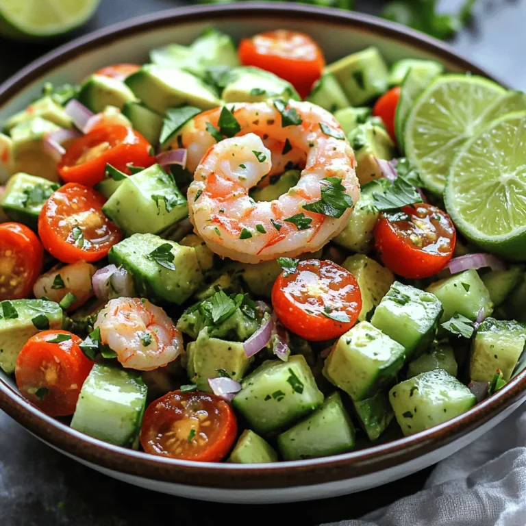 Here are the ingredients you need for a healthy avocado shrimp salad. Each item plays a key role in creating a fresh and tasty dish. - 1 lb (450 g) shrimp, peeled and deveined - 2 ripe avocados, diced - 1 cup cherry tomatoes, halved - 1 cucumber, diced - 1/4 red onion, finely chopped - 1/4 cup fresh cilantro, chopped - Juice of 2 limes - 3 tablespoons olive oil - Salt and pepper to taste - 1 teaspoon garlic powder - 1 teaspoon chili powder (optional) These simple ingredients bring bright colors and flavors to your salad. The shrimp adds a nice protein boost. The avocados give it a creamy texture. You can easily find all these items at your local market. This salad is not only quick to make but also packed with nutrients. You can find the full recipe in the next section. To make this tasty salad, start by combining fresh ingredients in a big bowl. Add diced avocados, halved cherry tomatoes, diced cucumber, and finely chopped red onion. Mix gently to keep the avocado intact. Next, in a small bowl, whisk the dressing ingredients together. You will need the juice of two limes, olive oil, garlic powder, chili powder (if you want a kick), salt, and pepper. This dressing brings all the flavors together. Now, heat a skillet over medium heat and add a splash of olive oil. Let the oil warm for a minute. Season the shrimp with a pinch of salt and pepper. When the skillet is ready, add the shrimp. Cook them for 2-3 minutes on each side until they turn pink and opaque. This step is quick, so keep an eye on them. Once cooked, remove the shrimp from the heat and let them cool for a moment. Combine the cooked shrimp with the salad ingredients in the large bowl. Pour the dressing over everything. Now, gently fold the ingredients together. This will help coat each piece with the dressing. Finally, top the salad with chopped cilantro for a fresh finish. Give it one last gentle mix. You can find the full recipe to help you through each step. Enjoy your fresh and flavorful Healthy Avocado Shrimp Salad! To make your healthy avocado shrimp salad shine, choose ripe avocados. A ripe avocado feels slightly soft when you press it gently. This gives your salad a creamy texture and rich flavor. Cook the shrimp just until they turn pink. If you cook them too long, they become tough and chewy. Perfectly cooked shrimp should be tender and juicy. Adjust the lime juice in the dressing for the right tang. If you like it zesty, add more lime juice. For a milder taste, use less. You can also try add-ins to boost flavor. Chopped jalapeños add heat, while diced mango brings sweetness. Both options can make your salad unique. Serve the salad in a large bowl or on individual plates to impress. Adding lime wedges on the side gives a pop of color and flavor. Garnish with extra cilantro for a vibrant finish. You can even sprinkle some chili flakes for a touch of spice. A beautiful presentation makes every bite more enjoyable. {{image_2}} You can switch shrimp for other seafood. Try crab or scallops for a new twist. These options add different flavors and textures. If you want plant-based proteins, use chickpeas or lentils. They add protein and fiber, making your salad filling and healthy. To make your salad heartier, add grains like quinoa or farro. They boost nutrition and make the dish more satisfying. You can also mix in different vegetables or fruits. For example, bell peppers add crunch, while mango offers sweetness. Both options enhance flavor and color. A unique homemade dressing can elevate your salad. Try mixing yogurt with lime juice and herbs for a creamy touch. Alternatively, blend avocado with olive oil for a smooth, rich dressing. Experimenting with different herbs and spices can also change the taste. Cilantro, dill, or even cumin can add exciting flavor notes. Explore these variations to find your favorite combination, and check the Full Recipe for more details! To keep leftovers fresh, store your Healthy Avocado Shrimp Salad in an airtight container. This helps prevent the salad from browning. You can refrigerate it for up to two days. After that, the avocados may turn mushy and lose their taste. If you want to save it longer, freeze the shrimp separate from the salad. Shrimp can freeze well for up to three months. Just make sure they are in a freezer-safe bag. When ready to eat, thaw the shrimp in the fridge overnight. To reheat, warm the shrimp in a skillet over low heat. Avoid using high heat to keep the shrimp tender. Do not microwave the salad, as it can ruin the texture of the fresh ingredients. Enjoy your meal fresh for the best taste! For the full recipe, check out Healthy Avocado Shrimp Salad. What are the health benefits of shrimp and avocado? Shrimp is low in calories and high in protein. It also has omega-3 fatty acids, which are good for your heart. Avocado is high in healthy fats and fiber. It helps keep you full and supports digestion. Together, they make a perfect duo for a healthy meal. Can I prepare this salad in advance? Yes, you can prepare the salad a few hours ahead. Just keep the shrimp and dressing separate until you are ready to serve. This keeps the salad fresh and prevents sogginess. Is it safe to eat shrimp that has been frozen? Yes, frozen shrimp is safe to eat. Freezing helps keep shrimp fresh and kills bacteria. Just ensure it is cooked properly after thawing. What sides pair well with this salad? This salad goes well with brown rice or quinoa. You could also serve it with a light soup or some whole-grain bread. These sides add extra nutrition and make the meal more filling. How can I make this recipe gluten-free? This recipe is naturally gluten-free. Just make sure any added ingredients, like sauces or dressings, are certified gluten-free. Always check labels to stay safe. For the full recipe, visit Healthy Avocado Shrimp Salad. This blog detailed how to make a vibrant avocado shrimp salad. You learned about the fresh ingredients you need, step-by-step cooking methods, and tips for the best results. Don't forget the fun variations you can try to keep it exciting. Store leftovers safely for later enjoyment. As you prepare your salad, remember to use ripe ingredients for the best taste. Enjoy each bite, knowing you're making a healthy choice!