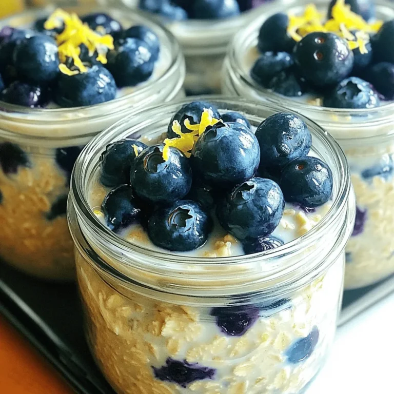 - Rolled oats: These oats are whole grains. They give you fiber and energy. Fiber helps keep you full longer. It also aids digestion. - Dairy-free milk options: You can use almond milk, oat milk, or coconut milk. These options are great for those who avoid dairy. They add creaminess without the lactose. - Fresh blueberries: Blueberries are tiny powerhouses of vitamins. They are rich in antioxidants and vitamin C. They boost your immune system and taste sweet and tart. - Importance of chia seeds: Chia seeds are small but mighty. They provide omega-3 fatty acids and protein. These seeds also help thicken your oats and add a nice crunch. - Flavor enhancers: lemon zest and lemon juice: Lemon zest adds a bright, fresh flavor. Lemon juice gives the oats a nice tang. Together, they make your breakfast exciting and refreshing. For the full recipe, check out the details above. Each ingredient plays a role in making your Blueberry Lemon Overnight Oats not just tasty but also good for you. 1. Mixing the base ingredients Start by taking a medium mixing bowl. Add 1 cup of rolled oats, 2 cups of almond milk, 1 tablespoon of chia seeds, and 2 tablespoons of maple syrup. Then, add the zest of 1 lemon, 2 tablespoons of lemon juice, ½ teaspoon of vanilla extract, and a pinch of salt. Stir well until everything blends nicely. 2. Incorporating blueberries into the mixture Next, gently fold in half of the fresh blueberries. This adds great flavor and color to your oats. Save the other half for topping when you're ready to serve. 3. Portioning the oats into jars Now it's time to divide the mixture. Scoop it into two jars or airtight containers. Layer it generously to ensure each jar is filled. 4. Refrigeration time and tips for soaking Seal the jars and place them in the fridge. Let them chill overnight or for at least 4 hours. This soaking time helps the oats absorb the liquid and get soft. If you like thicker oats, let them soak longer. - How to serve Blueberry Lemon Overnight Oats In the morning, take the jars out of the fridge. Stir the oats well to mix everything again. Top with the reserved blueberries and sprinkle some extra lemon zest if you want. Serve it cold for a refreshing breakfast. - Pairing with other breakfast items These oats pair well with a side of Greek yogurt or some nuts for added crunch. You can also enjoy them with a cup of coffee or tea for a complete meal. For the full recipe, check out the Blueberry Lemon Bliss Overnight Oats! Adjusting sweetness levels: You can change the sweetness to match your taste. If you like sweeter oats, add more maple syrup or honey. For a less sweet dish, reduce the syrup. Taste as you go to find the perfect balance. Tips for achieving the best texture: The key to creamy overnight oats is the right milk-to-oats ratio. Use two cups of milk for every one cup of oats. Chia seeds are also important. They soak up liquid and add a nice thickness. Make sure to stir well to mix everything. Substitutions for specific dietary needs: If you're vegan, stick with maple syrup. You can swap almond milk for oat milk or coconut milk if you prefer. For a gluten-free option, use certified gluten-free rolled oats. This way, everyone can enjoy the dish! Best practices for keeping overnight oats fresh: Use airtight containers or jars to store your oats. This keeps them fresh and prevents odors from the fridge. If you plan to add toppings, store them separately. This keeps your oats from getting soggy. Maximum storage time in the fridge: The oats can last up to five days in the fridge. Make sure to check for any changes in smell or texture before eating. If they look or smell off, it's best to toss them out. Enjoy your Blueberry Lemon Overnight Oats fresh for the best taste. For the full recipe, check the recipe card. {{image_2}} You can add fun twists to your Blueberry Lemon Overnight Oats. Here are some ideas: - Incorporating nuts or seeds: Try adding chopped almonds, walnuts, or sunflower seeds. These add a nice crunch and healthy fats. Just mix in a handful before you refrigerate. - Additional fruit combinations: You can switch up the fruit too. Try strawberries, raspberries, or even mango. Each fruit brings its own flavor and nutrients. Just chop and mix them in with your oats. Not all oats are the same. You can choose the type that suits you best: - Exploring gluten-free oats: If you need gluten-free options, look for certified gluten-free oats. They are safe for those with gluten sensitivities. Enjoy the same great taste without worry. - Comparison between rolled oats and steel-cut oats: Rolled oats are soft and creamy after soaking. Steel-cut oats are chewier and take longer to soften. If you prefer a heartier texture, give steel-cut oats a try. Just remember, they need more time to soak, so plan ahead! For the full recipe, check out the Blueberry Lemon Bliss Overnight Oats. Blueberries offer many nutrients. They are rich in antioxidants, vitamins, and fiber. These small berries help fight free radicals in your body. They also support heart health and improve brain function. Eating blueberries can even boost your mood! Chia seeds are tiny but mighty. They contain omega-3 fatty acids, protein, and fiber. These seeds can help you feel full longer. They also support digestion and heart health. Oats are another great ingredient. They provide complex carbs and are high in fiber. This helps keep your blood sugar steady. Oats can also lower cholesterol levels. Each serving of Blueberry Lemon Overnight Oats has about 300 calories. This meal is filling, yet it won’t weigh you down. - Carbohydrates: Approximately 50 grams - Fats: About 8 grams - Proteins: Roughly 10 grams This balance makes it a smart choice for breakfast. You get energy from carbs, healthy fats, and protein to fuel your day. Enjoy this easy and nutritious meal! For the full recipe, check out the Blueberry Lemon Bliss Overnight Oats. Can I use frozen blueberries instead of fresh? Yes, you can use frozen blueberries. They work well in overnight oats. Just add them straight from the freezer. They will thaw overnight, adding flavor and color. What can I substitute for almond milk? You can use any dairy-free milk like oat milk or soy milk. Regular cow's milk also works if you prefer. Choose what you like best for taste and diet. How long can I keep overnight oats in the fridge? You can keep overnight oats in the fridge for up to five days. Just make sure to store them in airtight containers. This way, they stay fresh and tasty. Is it possible to make overnight oats for meal prep? Yes! Overnight oats are perfect for meal prep. You can make several jars at once. Just grab one each morning for a quick and easy breakfast. Check the full recipe for more details! Blueberry Lemon Overnight Oats are easy to make and tasty. We explored key ingredients and their benefits, like oats, chia seeds, and blueberries. You learned a simple preparation process and creative serving ideas. Remember to adjust sweetness and experiment with toppings for variety. Store your oats correctly to keep them fresh. This recipe is a quick, nutritious option for breakfast. Enjoy your healthy start to the day!