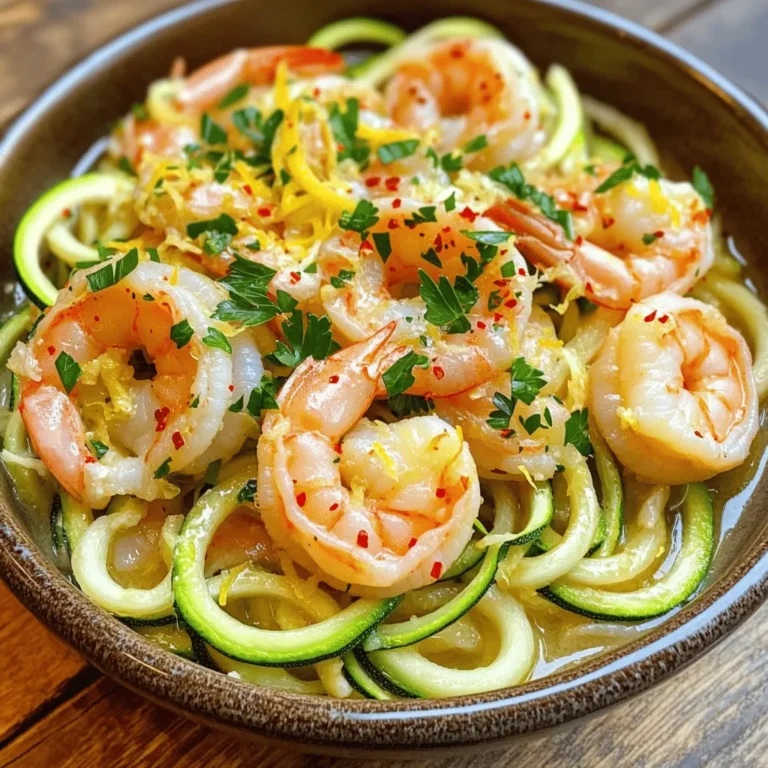 Gather these simple ingredients for a delicious meal: - 1 pound peeled and deveined shrimp - 4 medium zucchinis, spiralized - 3 cloves minced garlic - 1 tablespoon olive oil - 1/4 teaspoon red pepper flakes - Juice of 1 lemon - Zest of 1 lemon - Salt and pepper to taste - Fresh parsley for garnish - 1/4 cup low-sodium vegetable broth - 1 tablespoon unsalted butter (optional) This list keeps your dish light but full of flavor. Each ingredient plays a key role. The shrimp gives protein, while zucchini adds fiber. Garlic brings a rich aroma. Lemon juice brightens the dish, making it fresh. Red pepper flakes add a hint of spice, but you can adjust them. Using fresh ingredients ensures the best taste. When you spiralize the zucchini, it mimics pasta without the carbs. This makes your meal healthier and lighter. For a complete guide, check the Full Recipe. It provides all the steps to make this tasty dish. Enjoy cooking! - Start by rinsing the shrimp under cold water. Make sure they are peeled and deveined. - Next, wash the zucchinis and spiralize them into noodles. You can use a spiralizer for this. - In a large skillet, heat 1 tablespoon of olive oil over medium heat. - Add 3 cloves of minced garlic and 1/4 teaspoon of red pepper flakes to the skillet. Sauté for about 1 minute until you smell the garlic. - Increase the heat to medium-high. Add the shrimp to the skillet. Season with salt and pepper. Cook the shrimp until they turn pink, about 3-4 minutes. - Pour in 1/4 cup of low-sodium vegetable broth and the juice of 1 lemon. Stir everything together. - Toss in the spiralized zucchini noodles and the zest of 1 lemon. Cook for another 2-3 minutes. You want the noodles to soften but stay firm. - Finally, remove the skillet from heat. Sprinkle with fresh chopped parsley. Adjust the seasoning if needed. - Serve immediately for the best taste. Garnish with extra lemon zest and parsley if you like. For the full recipe, you can refer to the section above. Enjoy your meal! To get the best flavor from garlic, always use fresh cloves. Mince them finely to release their oils. Sauté the garlic in olive oil over medium heat for just one minute. This will give your dish a warm, rich aroma. For cooking shrimp, use medium-high heat. Cook them until they turn pink and opaque, which takes about 3-4 minutes. Avoid overcooking, as shrimp can become tough. Adjust the spice level with red pepper flakes. Start with a small amount, like 1/4 teaspoon. You can always add more if you want extra heat. Add a tablespoon of unsalted butter for extra richness. The butter blends well with the lemon juice and shrimp, making the sauce creamy and lush. If you want variety, substitute spiralized zucchini with other vegetables, like yellow squash or carrots. These options will still give you a tasty, healthy meal. Using fresh herbs can boost the flavor even more. Try adding basil or cilantro for a fresh twist. These herbs elevate the dish and make it more vibrant. For the full recipe, check out the details above. {{image_2}} You can switch out shrimp for different proteins. Try chicken or scallops for a tasty twist. You can also use tofu or chickpeas for a vegetarian option. They add great flavor without meat. If you're looking for gluten-free options, check your broth and seasoning. Many brands offer gluten-free choices. This dish pairs well with a light side salad. A simple mixed greens salad adds freshness. You can also serve it with crusty bread to soak up the tasty sauce. For a complete meal, add a fruit dessert. Leftovers can be stored easily and reheated. You can enjoy them the next day for lunch or dinner. Just add a little olive oil to revive the flavors. Enjoy exploring these variations to make Skinny Shrimp Scampi with Zucchini Noodles even more delightful! For the full recipe, check out the link above. To keep your Skinny Shrimp Scampi fresh, store it in an airtight container. Make sure it cools down before sealing. This helps prevent moisture build-up, which can make the dish soggy. You can keep it in the fridge for up to three days. Yes, you can freeze Skinny Shrimp Scampi! Just place the cooled dish in a freezer-safe container. It will last for up to three months in the freezer. When you are ready to eat, thaw it overnight in the fridge. To reheat, place it in a skillet over low heat. Add a splash of vegetable broth or water to help revive the dish. Stir gently until heated through. This keeps the shrimp tender and the zucchini noodles from getting mushy. Enjoy your meal again! Can I use frozen shrimp for this recipe? Yes, you can use frozen shrimp. Just thaw them first. Place them in cold water for about 15 minutes. Drain and pat dry before cooking. This keeps the shrimp juicy and tender. What can I use instead of zucchini noodles? You can use spaghetti squash or whole wheat pasta. Both options add different flavors and textures. If you want a low-carb meal, continue with zucchini noodles. They soak up the flavors well. How can I make this recipe dairy-free? To make it dairy-free, simply skip the butter. The olive oil and broth will keep it rich. You may also add a splash of coconut milk if you want a creamy texture. What’s the nutritional information for Skinny Shrimp Scampi? This dish is low in calories and high in protein. A serving has about 250 calories, 30g of protein, and 10g of carbs. It’s a healthy choice for a filling meal. Can I prepare this ahead of time? You can prep the shrimp and zucchini in advance. Store them in the fridge until you are ready to cook. However, it’s best to cook it fresh for the best taste and texture. What are the best herbs to use for shrimp scampi? Fresh parsley is a classic choice. You can also use basil or oregano for a different twist. These herbs add fresh flavors and brighten the dish. This blog post covered how to make a delicious Skinny Shrimp Scampi. We explored key ingredients like shrimp, zucchini, and garlic. I explained step-by-step cooking methods, shared helpful tips, and offered dish variations. Finally, I provided storage advice for your leftovers. Cooking should be fun and easy. Try this quick recipe and enjoy fresh flavors. Your meals can be tasty and healthy. Don't hesitate to add your twist to make it yours!
