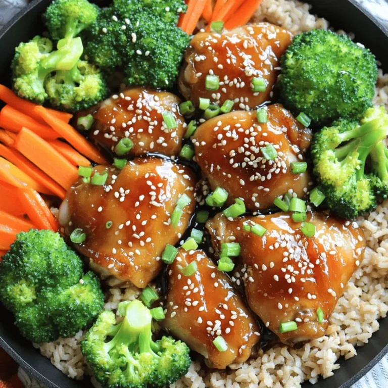 - 1.5 lbs boneless, skinless chicken thighs - 1/4 cup low-sodium soy sauce - 1/4 cup honey - 2 tablespoons rice vinegar - 2 cloves garlic, minced - 1 tablespoon fresh ginger, grated - 1 tablespoon sesame oil - 1 teaspoon cornstarch (optional for thickening) - 2 cups broccoli florets - 2 carrots, sliced - 1 red bell pepper, sliced - 1 cup cooked brown rice or quinoa This dish shines with simple yet flavorful ingredients. Chicken thighs give you juicy meat. The teriyaki sauce combines sweet and savory notes. For veggies, I love using broccoli, carrots, and bell pepper. They add color and crunch. - Additional veggies like snap peas or mushrooms - Proteins like tofu or shrimp - Garnishing options such as sesame seeds and green onions Feel free to mix in other veggies. Snap peas add a nice snap. Mushrooms bring an earthy taste. For proteins, try tofu for a vegetarian twist. You can also garnish with sesame seeds or sliced green onions to make it pop. - Large skillet or pan for cooking - Mixing bowls for the marinade - Resealable bags or shallow dishes for marinating - Meal prep containers for storage Having the right tools makes cooking easier. A large skillet helps cook the chicken evenly. Use mixing bowls for preparing the marinade. Resealable bags are perfect for marinating. Finally, meal prep containers keep your food fresh and ready to eat. For the full recipe, check out the Easy Teriyaki Chicken Meal Prep. To start, gather the marinade ingredients. In a bowl, mix: - 1/4 cup low-sodium soy sauce - 1/4 cup honey - 2 tablespoons rice vinegar - 2 cloves garlic, minced - 1 tablespoon fresh ginger, grated - 1 tablespoon sesame oil If you want a thicker sauce, add 1 teaspoon cornstarch mixed with a splash of water. Stir well until combined. For the best flavor, let the chicken marinate longer. I recommend at least 30 minutes in the fridge. If you have time, marinate overnight for a deeper taste. This step is key to tender and tasty chicken. Next, heat a large skillet over medium heat. While it warms up, take the chicken thighs out of the marinade. Place them in the hot pan. Cook for about 6-7 minutes on each side. You want them golden brown and fully cooked. Use a meat thermometer to check. The inside should reach 165°F (75°C). This ensures the chicken is safe to eat. While the chicken cooks, it's time for the veggies. You can steam or sauté them. For this dish, I like to use: - 2 cups broccoli florets - 2 carrots, sliced - 1 red bell pepper, sliced If you sauté, add a little oil to a separate pan. Cook the veggies for about 4-5 minutes. This keeps them tender-crisp. The bright colors of the vegetables make the dish pop. Don't overcook; you want them vibrant and fresh. Once everything is cooked, you can combine it and finish your Easy Teriyaki Chicken Meal Prep. For the full recipe, check out the sections above. Marinating your chicken is key for great taste. I recommend marinating for at least 30 minutes. If you have time, let it sit overnight. This helps the chicken soak up all the flavors. You can also add more seasonings to the marinade. A pinch of red pepper flakes adds heat, while a splash of orange juice gives a sweet touch. To make meal prep easier, gather all your ingredients before you start. This saves time and keeps things organized. Cook in batches to prepare multiple meals at once. You can grill several chicken thighs or steam a lot of vegetables. This way, you have meals ready for days. If you want a thicker sauce, cornstarch works well. Mix it with a little water before adding it to the sauce. This helps it thicken nicely. If you don't have cornstarch, try mashing some cooked veggies into the sauce. This adds thickness and flavor without any extra ingredients. {{image_2}} You can easily switch up the protein in this recipe. Chicken thighs are great, but chicken breast works well too. It’s leaner and still tasty. If you want a meat-free option, try tofu. Press it first to remove extra water. Then, cube it and marinate just like the chicken. You could also use pork or beef. Both soak up the teriyaki flavors nicely. Feel free to get creative with vegetables! Broccoli, carrots, and red bell peppers are fantastic, but many others fit too. Think snap peas, zucchini, or bell peppers in different colors. Seasonal vegetables can add a fresh twist. For instance, asparagus in spring or squash in fall. If you have veggies you need to use up, toss them in! This teriyaki chicken pairs so well with many sides. You can serve it over rice, quinoa, or noodles for a filling meal. Want something lighter? Try it on a salad for a fresh crunch. You can even wrap it in lettuce or tortillas for a fun twist. This dish works for any meal of the day! For the full recipe, check back to ensure you have all the ingredients ready. To keep your Easy Teriyaki Chicken fresh, use airtight containers. Glass containers are great since they don’t stain. Plastic containers work too. Make sure they seal well. Store your meal prep in the fridge for up to four days. This way, you can enjoy it all week! You can freeze your teriyaki chicken for later. Let the chicken cool fully before packing it. Divide it into single servings. Use freezer-safe containers or bags. Label them with the date. When you're ready to eat, thaw it in the fridge overnight for best results. To reheat your teriyaki chicken, the microwave is quick. Place it in a microwave-safe dish and cover it. Heat it in short bursts. Stir often to avoid hot spots. You can also reheat it on the stove. Just add a splash of water to keep it moist. Heat over low until warm. This method helps keep the chicken juicy and tasty. You can store Easy Teriyaki Chicken in the fridge for up to four days. Make sure to keep it in an airtight container. This helps to keep it fresh and safe to eat. If you want to keep it longer, you can freeze it. When frozen, it can last for about three months. Just remember to thaw it in the fridge before reheating. Yes, you can make this dish vegetarian! Replace the chicken with firm tofu or tempeh. Both options absorb flavors well. You can also use seitan for a meat-like texture. For the marinade, ensure the soy sauce is gluten-free if needed. Feel free to add more veggies for extra nutrients and flavor. Using bottled teriyaki sauce is fine! It saves time and is easy to use. However, store-bought sauces can have added sugars and preservatives. If you prefer a healthier option, making your own is best. You have control over the ingredients and can adjust the flavor to your liking. Teriyaki chicken pairs well with many sides. Here are a few tasty ideas: - Steamed rice or quinoa - Stir-fried vegetables - Asian coleslaw - Cucumber salad - Kimchi These sides add balance and enhance the meal's flavor. They also make your plate colorful and appealing. Enjoy experimenting with different combinations! This guide has shown you how to make easy teriyaki chicken. You learned about key ingredients, tools, and cooking methods. We covered tips for flavor and meal prep efficiency. Variations help you customize the dish to your taste. Remember to store and reheat your meals properly to keep them fresh. Enjoy your cooking journey and share your tasty results!