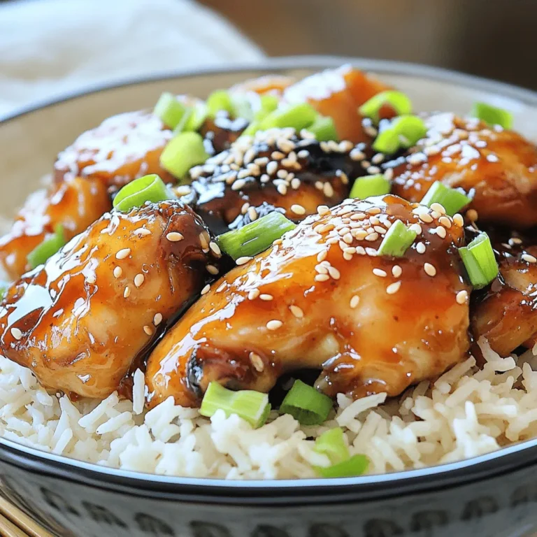 - 500g chicken thighs - 1/2 cup honey - 3 tablespoons soy sauce - 1 tablespoon apple cider vinegar - 2 cloves garlic, minced - 1 teaspoon fresh ginger, grated - 1 tablespoon sesame oil - 1/4 teaspoon crushed red pepper flakes - Salt and pepper to taste - Green onions and sesame seeds for garnish For this sticky honey chicken, I use chicken thighs. They are juicy and tender. The honey gives a sweet flavor that makes this dish shine. Soy sauce adds saltiness, while apple cider vinegar adds a nice tang. Garlic and ginger bring warmth and depth. Don't skip the sesame oil; it gives a nutty taste. If you like spice, crushed red pepper flakes are perfect. You can add salt and pepper to taste. For garnish, chopped green onions and sesame seeds look great and add crunch. These simple ingredients come together for a quick, tasty dish. You can get the full recipe to see how they blend perfectly. To start, grab a bowl. Combine these ingredients: - 1/2 cup honey - 3 tablespoons soy sauce - 1 tablespoon apple cider vinegar - 2 cloves garlic, minced - 1 teaspoon fresh ginger, grated - 1 tablespoon sesame oil - 1/4 teaspoon crushed red pepper flakes Mix everything well to create a tasty marinade. Next, add your 500g of chicken thighs, cut into bite-sized pieces. Make sure each piece gets a good coat of marinade. Cover the bowl and pop it in the fridge. Let it sit for at least 30 minutes. If you have time, marinate for up to 2 hours. This step boosts the flavor. Now, it’s time to cook. Heat a large skillet over medium-high heat. Once hot, add the marinated chicken pieces to the skillet. Discard any leftover marinade. Cook the chicken for about 5-6 minutes. Stir often to make sure it cooks evenly. You want it to be browned and cooked through. After cooking, reduce the heat to low. Pour the remaining marinade into the skillet with the chicken. Let it simmer for 2-3 minutes. Stir occasionally until the sauce thickens and becomes sticky. Taste your chicken and season with salt and pepper if needed. Cook for one more minute to coat everything in that delicious glaze. Serve your sticky honey chicken over warm rice. Garnish with chopped green onions and sesame seeds for a nice touch. You can find the complete instructions in the Full Recipe. Enjoy! For sticky honey chicken, marinating is key. I recommend marinating for at least 30 minutes. If you have more time, let it sit for up to 2 hours. This helps the chicken soak up all the tasty flavors. When choosing chicken, I suggest using thighs over breasts. Thighs are juicier and more tender. They also hold the glaze better, giving you a stickier result. If you prefer breast, just watch the cooking time to avoid drying it out. You can cook this dish in a skillet or braise it in the oven. I prefer skillet cooking for quick meals. It gives you that nice caramelization. Just heat your skillet to medium-high. For the perfect glaze, adjust the heat after cooking the chicken. Lower the heat to let the sauce simmer. This thickens the glaze and makes it sticky. Stir often to coat every piece of chicken. Sticky honey chicken pairs well with warm rice. Jasmine or brown rice are both great choices. The rice soaks up the sauce and balances the sweetness. For garnishes, I love using chopped green onions and sesame seeds. They add color and a nice crunch. You can also serve with steamed veggies for a fresh touch. {{image_2}} You can switch some ingredients for fun. Try using maple syrup or agave instead of honey. These options give a different but tasty flavor. If you want a lighter meal, use tofu or shrimp instead of chicken. Both options soak up the sauce well. Want to mix it up? Add colorful veggies like bell peppers or broccoli. They add crunch and nutrition. You can also spice it up! Add more crushed red pepper or a splash of chili sauce for extra heat. This makes your sticky honey chicken even more exciting. If you need it gluten-free, use tamari instead of soy sauce. This keeps the flavor rich without gluten. For a dairy-free meal, skip creamy sides. Instead, serve with rice or a fresh salad. These sides keep it light and healthy, fitting many diets. For the full recipe, check out the Sticky Honey Chicken section above. To keep your sticky honey chicken fresh, cool it down first. Let it sit at room temperature for no more than two hours. Once cooled, place it in an airtight container. Store it in the fridge, and it will last for up to three days. If you want to keep it longer, consider freezing it. When it's time to eat leftovers, I suggest reheating in a skillet. Heat the skillet on medium-low and add the chicken. This method helps keep the chicken moist. You can add a splash of water or broth to avoid dryness. Stir it often until warmed through, which usually takes about 5 to 7 minutes. To freeze sticky honey chicken, make sure it's completely cooled. Place it in a freezer-safe container or bag. Press out as much air as possible to prevent freezer burn. It can stay frozen for up to three months. When ready to eat, defrost it overnight in the fridge. Reheat it following the tips above for the best taste and texture. Yes, you can use chicken breast. Chicken thighs have more fat, which makes them juicy. They also have a richer flavor. Chicken breast is leaner and can dry out if overcooked. If you choose breast, cook it carefully and adjust the time. To add spice, increase the crushed red pepper flakes. You can also add hot sauce. Try sriracha for a nice kick. If you like fresh heat, add sliced jalapeños or a dash of cayenne pepper. Taste as you go to find the right heat for you. Yes, you can prep ahead. Marinate the chicken the night before for better flavor. Cook and cool the chicken, then store in the fridge. It lasts up to three days. Reheat in a skillet to keep it moist. Cover it to trap steam while reheating. Sticky honey chicken pairs well with rice. Jasmine or brown rice works great. You can also serve it with steamed broccoli or sautéed green beans. For a fresh twist, make a simple salad with crisp greens. This adds crunch and flavor to your meal. To use a slow cooker, place marinated chicken in the pot. Cook on low for 4-5 hours or on high for 2-3 hours. You can add veggies like bell peppers or carrots for added flavor. Once done, remove the chicken and thicken the sauce on the stove if desired. For the full recipe, check the earlier section! Sticky honey chicken brings great taste to your table with simple steps. You learned how to marinate chicken for deep flavor, cook it perfectly, and achieve that delightful glaze. I shared tips for enhancing taste and alternatives for different needs. Remember, leftovers can be stored and reheated with care. Whether you use chicken thighs or other proteins, this dish is adaptable and fun. Enjoy the cooking journey and impress your guests with this easy recipe!