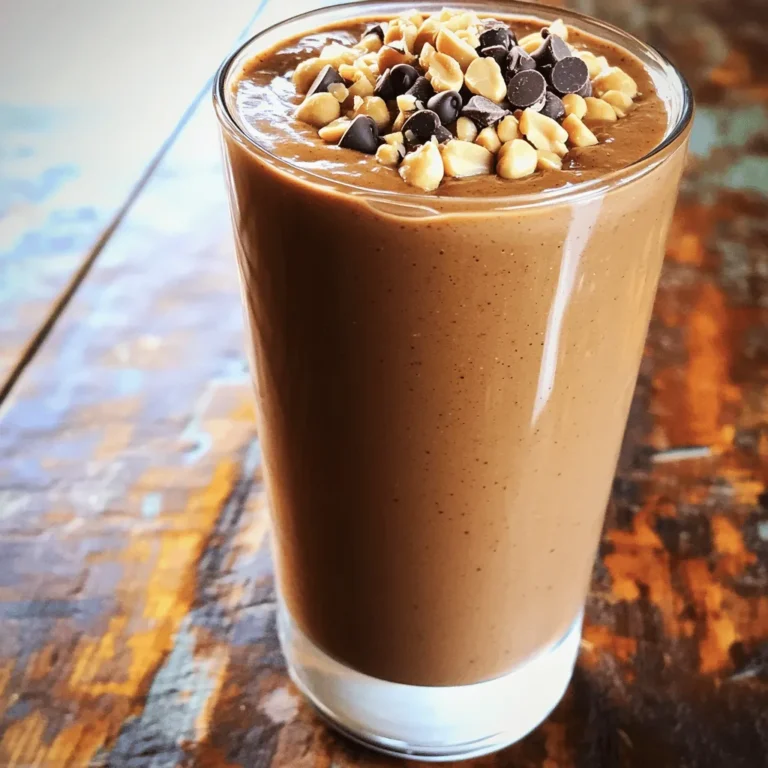 To make the Peanut Butter Cup Smoothie, you need: - 1 large banana, frozen - 2 tablespoons peanut butter - 1 tablespoon cocoa powder - 1 tablespoon honey or maple syrup (optional) - 1 cup almond milk (or any milk of your choice) - 1/4 cup Greek yogurt (for creaminess) - 1 tablespoon chocolate chips (optional, for garnish) - 1 tablespoon chopped peanuts (optional, for garnish) - For the banana, use any ripe banana. Frozen ones add a nice chill. - You can swap peanut butter for almond or cashew butter. This keeps it creamy. - If you want a richer taste, add an extra tablespoon of cocoa powder. - Honey and maple syrup are sweet options, but you can skip them if you prefer. - Almond milk is great, but any milk works well. Try oat or soy milk. - Greek yogurt adds creaminess, but regular yogurt can also work. - For toppings, use your favorite nuts or chocolate chips. They add fun texture. This smoothie packs a punch in taste and health. Here’s a quick look: - Calories: 350 - Protein: 15g - Carbs: 45g - Fat: 12g - Fiber: 6g - Sugar: 20g This Peanut Butter Cup Smoothie is not just tasty; it's also nutritious! You can find the full recipe above to enjoy this creamy delight. - Step 1: Preparing the Blender Start by taking your blender out. Make sure it is clean and ready to use. A clean blender helps keep flavors fresh. - Step 2: Adding Ingredients in Order First, place the frozen banana in the blender. Next, add the peanut butter. This gives a rich taste. Then, sprinkle in the cocoa powder. If you like sweet, add honey or maple syrup. Pour in the almond milk next. Finally, scoop in the Greek yogurt. This step keeps the smoothie creamy. - Blending Time and Tips Blend everything on high for about 30 to 60 seconds. Stop to scrape down the sides if needed. This helps mix all the flavors well. - Achieving the Right Consistency If your smoothie looks too thick, add a bit more almond milk. Blend it again until smooth. You want it to be creamy but drinkable. - Best Glassware for Presentation Pour your smoothie into a tall glass. This makes it look great. A clear glass shows off its rich color. - Garnishing Ideas Top your smoothie with chocolate chips for a sweet touch. You can also add chopped peanuts for crunch. This makes each sip even better. For the complete recipe, refer to the Full Recipe section. To make your Peanut Butter Cup Smoothie extra creamy, use a good quality Greek yogurt. This adds thickness and a nice tang. Frozen bananas are key too. They give the smoothie a thick texture that feels rich. If you want it even creamier, try adding a splash of coconut cream. This will enhance the flavor and make each sip feel indulgent. Sweetness is personal, so taste as you blend. Start with one tablespoon of honey or maple syrup. If you find it needs more sweetness, add a bit more. Blend again to mix it in well. Remember, the cocoa powder can make it taste less sweet, so adjust based on your taste buds. You can also add a date for natural sweetness. Avoid using fresh bananas instead of frozen ones. Fresh will make your smoothie thin and runny. Also, don’t skip the Greek yogurt. It gives the smoothie a rich mouthfeel. Another mistake is blending too long. This can warm up your smoothie and change the texture. Blend just until smooth for the best results. Lastly, don’t forget to garnish! Chocolate chips and chopped peanuts add a delightful crunch and extra flavor. {{image_2}} You can easily make this peanut butter cup smoothie dairy-free or vegan. Simply swap Greek yogurt with a plant-based yogurt. Coconut yogurt works great for creaminess. Use almond milk or oat milk instead of regular milk. If you want sweetness, add maple syrup instead of honey. These small changes keep the smoothie delicious and vegan-friendly. Want more protein? Add a scoop of your favorite protein powder. This can help you feel full longer. You could also toss in some chia seeds or flaxseeds. Both choices provide healthy fats and extra fiber. If you like, try adding silken tofu for a creamy texture and protein boost. To make your smoothie even more special, play with flavors. Add a pinch of cinnamon for warmth. You can also mix in vanilla extract for a sweet note. For a fruit twist, try adding strawberries or a splash of coffee for a mocha flavor. If you love chocolate, throw in a tablespoon of chocolate syrup for an extra treat. For the full recipe, check the previous section. If you have leftover smoothie, store it in an airtight container. This keeps it fresh and tasty. Place the container in the fridge. It should stay good for one day. Before drinking, give it a shake or stir. This mixes the ingredients back together. You can freeze leftover smoothie too. Pour it into ice cube trays or freezer bags. This makes it easy to use later. When you want a quick treat, blend some cubes with fresh milk. You will enjoy a cold, creamy smoothie again! Reheating smoothies is not common, but you can try it. Use the microwave for a few seconds. Watch closely to avoid overheating. Stir well after heating to mix the texture. I prefer cold smoothies, but some like them warm. Choose what works best for you. You can find the Full Recipe and more details in this article. Yes, you can use crunchy peanut butter. It adds texture and flavor. The bits of peanuts will create a fun crunch in your smoothie. Just remember, it may slightly change the smoothness. I love the surprise of a nutty bite! You can use any milk you like. Cow's milk, oat milk, or soy milk work well. Each option adds its own taste. Choose what you enjoy most. I often switch it up based on what I have on hand. To make the smoothie more filling, add a scoop of protein powder or oatmeal. Both options boost fiber and protein. You can also mix in more Greek yogurt. This will help keep you satisfied longer. Yes, you can prep this smoothie ahead. Just blend the ingredients, then store it in the fridge. It stays good for about 24 hours. Give it a quick stir before drinking. This way, you save time on busy mornings! Absolutely! Spinach or kale blend well without changing the taste much. They add vitamins and minerals, making your drink healthier. I enjoy sneaking in greens for extra nutrition. Just toss a handful in before blending! For the Full Recipe, check the main article for all the details on how to make this delicious treat. In this blog post, we've covered everything about creating the perfect smoothie. You learned about key ingredients, precise measurements, and how to blend efficiently. I shared tips for extra creaminess and ways to avoid common mistakes. You explored delicious variations and how to store leftovers. With this knowledge, you can easily whip up a tasty, healthy smoothie anytime. Use what you’ve learned, and enjoy your new smoothie skills. Cheers to making your smoothies great!