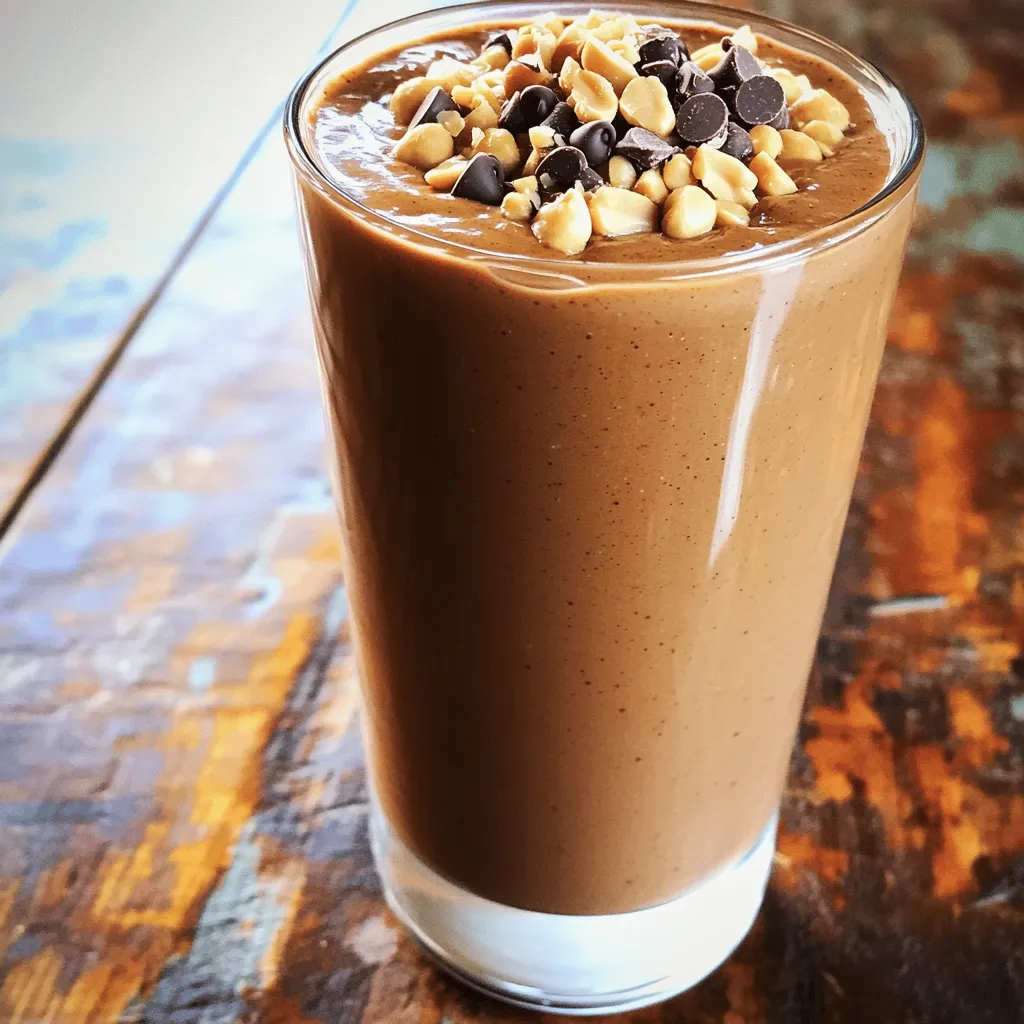To make the Peanut Butter Cup Smoothie, you need: - 1 large banana, frozen - 2 tablespoons peanut butter - 1 tablespoon cocoa powder - 1 tablespoon honey or maple syrup (optional) - 1 cup almond milk (or any milk of your choice) - 1/4 cup Greek yogurt (for creaminess) - 1 tablespoon chocolate chips (optional, for garnish) - 1 tablespoon chopped peanuts (optional, for garnish) - For the banana, use any ripe banana. Frozen ones add a nice chill. - You can swap peanut butter for almond or cashew butter. This keeps it creamy. - If you want a richer taste, add an extra tablespoon of cocoa powder. - Honey and maple syrup are sweet options, but you can skip them if you prefer. - Almond milk is great, but any milk works well. Try oat or soy milk. - Greek yogurt adds creaminess, but regular yogurt can also work. - For toppings, use your favorite nuts or chocolate chips. They add fun texture. This smoothie packs a punch in taste and health. Here’s a quick look: - Calories: 350 - Protein: 15g - Carbs: 45g - Fat: 12g - Fiber: 6g - Sugar: 20g This Peanut Butter Cup Smoothie is not just tasty; it's also nutritious! You can find the full recipe above to enjoy this creamy delight. - Step 1: Preparing the Blender Start by taking your blender out. Make sure it is clean and ready to use. A clean blender helps keep flavors fresh. - Step 2: Adding Ingredients in Order First, place the frozen banana in the blender. Next, add the peanut butter. This gives a rich taste. Then, sprinkle in the cocoa powder. If you like sweet, add honey or maple syrup. Pour in the almond milk next. Finally, scoop in the Greek yogurt. This step keeps the smoothie creamy. - Blending Time and Tips Blend everything on high for about 30 to 60 seconds. Stop to scrape down the sides if needed. This helps mix all the flavors well. - Achieving the Right Consistency If your smoothie looks too thick, add a bit more almond milk. Blend it again until smooth. You want it to be creamy but drinkable. - Best Glassware for Presentation Pour your smoothie into a tall glass. This makes it look great. A clear glass shows off its rich color. - Garnishing Ideas Top your smoothie with chocolate chips for a sweet touch. You can also add chopped peanuts for crunch. This makes each sip even better. For the complete recipe, refer to the Full Recipe section. To make your Peanut Butter Cup Smoothie extra creamy, use a good quality Greek yogurt. This adds thickness and a nice tang. Frozen bananas are key too. They give the smoothie a thick texture that feels rich. If you want it even creamier, try adding a splash of coconut cream. This will enhance the flavor and make each sip feel indulgent. Sweetness is personal, so taste as you blend. Start with one tablespoon of honey or maple syrup. If you find it needs more sweetness, add a bit more. Blend again to mix it in well. Remember, the cocoa powder can make it taste less sweet, so adjust based on your taste buds. You can also add a date for natural sweetness. Avoid using fresh bananas instead of frozen ones. Fresh will make your smoothie thin and runny. Also, don’t skip the Greek yogurt. It gives the smoothie a rich mouthfeel. Another mistake is blending too long. This can warm up your smoothie and change the texture. Blend just until smooth for the best results. Lastly, don’t forget to garnish! Chocolate chips and chopped peanuts add a delightful crunch and extra flavor. {{image_2}} You can easily make this peanut butter cup smoothie dairy-free or vegan. Simply swap Greek yogurt with a plant-based yogurt. Coconut yogurt works great for creaminess. Use almond milk or oat milk instead of regular milk. If you want sweetness, add maple syrup instead of honey. These small changes keep the smoothie delicious and vegan-friendly. Want more protein? Add a scoop of your favorite protein powder. This can help you feel full longer. You could also toss in some chia seeds or flaxseeds. Both choices provide healthy fats and extra fiber. If you like, try adding silken tofu for a creamy texture and protein boost. To make your smoothie even more special, play with flavors. Add a pinch of cinnamon for warmth. You can also mix in vanilla extract for a sweet note. For a fruit twist, try adding strawberries or a splash of coffee for a mocha flavor. If you love chocolate, throw in a tablespoon of chocolate syrup for an extra treat. For the full recipe, check the previous section. If you have leftover smoothie, store it in an airtight container. This keeps it fresh and tasty. Place the container in the fridge. It should stay good for one day. Before drinking, give it a shake or stir. This mixes the ingredients back together. You can freeze leftover smoothie too. Pour it into ice cube trays or freezer bags. This makes it easy to use later. When you want a quick treat, blend some cubes with fresh milk. You will enjoy a cold, creamy smoothie again! Reheating smoothies is not common, but you can try it. Use the microwave for a few seconds. Watch closely to avoid overheating. Stir well after heating to mix the texture. I prefer cold smoothies, but some like them warm. Choose what works best for you. You can find the Full Recipe and more details in this article. Yes, you can use crunchy peanut butter. It adds texture and flavor. The bits of peanuts will create a fun crunch in your smoothie. Just remember, it may slightly change the smoothness. I love the surprise of a nutty bite! You can use any milk you like. Cow's milk, oat milk, or soy milk work well. Each option adds its own taste. Choose what you enjoy most. I often switch it up based on what I have on hand. To make the smoothie more filling, add a scoop of protein powder or oatmeal. Both options boost fiber and protein. You can also mix in more Greek yogurt. This will help keep you satisfied longer. Yes, you can prep this smoothie ahead. Just blend the ingredients, then store it in the fridge. It stays good for about 24 hours. Give it a quick stir before drinking. This way, you save time on busy mornings! Absolutely! Spinach or kale blend well without changing the taste much. They add vitamins and minerals, making your drink healthier. I enjoy sneaking in greens for extra nutrition. Just toss a handful in before blending! For the Full Recipe, check the main article for all the details on how to make this delicious treat. In this blog post, we've covered everything about creating the perfect smoothie. You learned about key ingredients, precise measurements, and how to blend efficiently. I shared tips for extra creaminess and ways to avoid common mistakes. You explored delicious variations and how to store leftovers. With this knowledge, you can easily whip up a tasty, healthy smoothie anytime. Use what you’ve learned, and enjoy your new smoothie skills. Cheers to making your smoothies great!