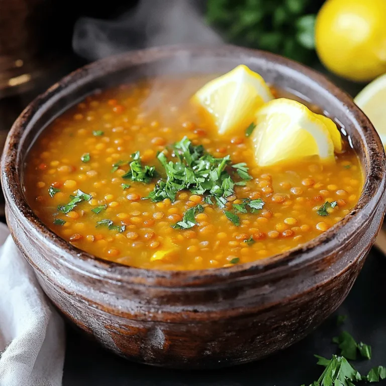 - 1 cup red lentils, rinsed - 1 large onion, finely chopped - 2 garlic cloves, minced - 2 medium carrots, diced - 1 medium potato, diced - 1 teaspoon ground cumin - 1 teaspoon ground coriander - 1/2 teaspoon turmeric - 1/2 teaspoon paprika - 4 cups vegetable broth - 2 tablespoons olive oil - Salt and pepper to taste - Fresh parsley, chopped (for garnish) - Lemon wedges (for serving) Red lentils are the star of this soup. They cook quickly and give a nice creamy texture. The onion and garlic add depth and flavor. Carrots and potatoes bring sweetness and heartiness. The spices—cumin, coriander, turmeric, and paprika—give it a warm, rich taste. Vegetable broth is key for a flavorful base. Olive oil adds richness and helps cook the vegetables. When buying lentils, look for bright color. Avoid any with dark spots. Fresh onions should feel firm and have no soft spots. Choose garlic that is dry and firm. Go for organic carrots and potatoes if you can. Fresh spices have more flavor, so check the date on the package. For broth, pick low-sodium options for better control over salt. Always choose fresh parsley for the best garnish. For the full recipe, click here: [Full Recipe]. To begin, gather all your ingredients. This makes cooking easier and more fun. Here’s what you need: - 1 cup red lentils, rinsed - 1 large onion, finely chopped - 2 garlic cloves, minced - 2 medium carrots, diced - 1 medium potato, diced - 1 teaspoon ground cumin - 1 teaspoon ground coriander - 1/2 teaspoon turmeric - 1/2 teaspoon paprika - 4 cups vegetable broth - 2 tablespoons olive oil - Salt and pepper to taste - Fresh parsley, chopped (for garnish) - Lemon wedges (for serving) Now, you will need to rinse the red lentils. This helps remove any dirt or dust. Chop the onion, garlic, carrots, and potato into small pieces. This allows them to cook evenly. Next, heat the olive oil in a large pot over medium heat. Add the chopped onion. Cook it for about 5 to 7 minutes until it turns soft and clear. Then, add the minced garlic and cook for one more minute. This step is key; it brings out the garlic’s flavor. Now, stir in the diced carrots and potatoes. Cook these for 4 to 5 minutes until they start to soften. This adds more texture to the soup. After that, sprinkle in the spices: cumin, coriander, turmeric, and paprika. Stir well to coat the vegetables. Cook this mixture for one more minute to toast the spices. Next, add the rinsed lentils and vegetable broth. Bring everything to a boil. Then, reduce the heat to low, cover the pot, and let it simmer for 25 to 30 minutes. This will cook the lentils and vegetables until they are tender. Once the soup has cooked, you can blend it. Use an immersion blender for a smooth texture. If you prefer a chunkier soup, just mash some lentils with a fork. After blending, taste the soup and add salt and pepper. Adjust these to your liking. For the best presentation, ladle the soup into bowls. Top each bowl with chopped parsley. Serve with lemon wedges on the side. The lemon brightens the dish and adds a refreshing taste. For the full recipe, check the details above. Enjoy your meal! When making Iraqi lentil soup, avoid overcooking the lentils. They can turn mushy. Also, be careful with salt. Adding too much early can make the soup taste too salty. You want to taste and adjust at the end. Lastly, don't skip the blending step. A smooth texture makes the soup nice and creamy. To boost the flavor, try toasting your spices. Heat them briefly in the pot before adding other ingredients. This helps release their oils and enhances the taste. Using fresh garlic and onions also adds depth. If you want a hint of acidity, squeeze fresh lemon juice before serving. It makes a big difference! Serve your soup hot in deep bowls. Garnish with fresh parsley for color and taste. Pair it with crusty bread to soak up every drop. For a twist, add a dollop of yogurt on top. You can also serve it with a light salad on the side. If you want to explore more, check out the Full Recipe for variations and tips! {{image_2}} Iraqi lentil soup is naturally vegetarian and vegan. You only need plant-based ingredients. The main star is the red lentils. They provide protein and fiber. This soup is hearty and filling without meat. You can enjoy it as is or add more veggies for fun. Feel free to add more vegetables if you like! Carrots and potatoes are great, but you can try: - Spinach - Kale - Zucchini - Bell peppers These add color, flavor, and nutrients. Just chop them up and add them when you cook the onions. They will cook well in the broth. If you enjoy heat, add spices! Try these: - Cayenne pepper - Red pepper flakes - Chopped jalapeños Add them when you sprinkle in the cumin and other spices. Start with a little, then taste. You can always add more if you want more heat! This makes the soup exciting and warms you up. Explore these variations to make your soup your own. Check out the Full Recipe for more details on how to make this delicious dish! To store your Iraqi lentil soup, let it cool first. Pour it into a clean container. Seal it tightly with a lid. This helps keep air out. You can store it in the fridge for up to five days. Make sure it is in a shallow container. This allows it to cool faster. You can freeze the soup for later. Use freezer-safe containers or bags. Leave some space at the top, as it will expand. Label the containers with the date. The soup stays good for up to three months. Thaw it in the fridge overnight before using. When you are ready to eat, reheat the soup on the stove. Pour it into a pot over medium heat. Stir occasionally to heat it evenly. You can add a splash of water or broth if it is too thick. Heat until hot, but do not boil it again. Enjoy your delicious bowl of Iraqi lentil soup! Traditional Iraqi Lentil Soup is a warm, hearty dish made with red lentils. It often includes onions, garlic, carrots, and potatoes. The soup is flavored with spices like cumin and coriander. This recipe is simple yet full of flavor. Many families enjoy it during cold months. It is comforting and nutritious, making it a popular choice. Yes, you can make Iraqi Lentil Soup in a slow cooker! To do this, add all the ingredients to your slow cooker. Use the same amounts as in the recipe. Set it on low for 6 to 8 hours, or on high for 3 to 4 hours. This method lets the flavors blend well. Just remember to blend the soup after cooking for a smooth texture. Iraqi Lentil Soup pairs well with various sides. Here are some great options: - Fresh bread: Pita or crusty bread works best. - Salad: A simple green salad adds freshness. - Rice: Serve with white or brown rice for a filling meal. - Lemon wedges: These add a bright flavor when squeezed in. For the full recipe, check out the detailed cooking steps and tips! Iraqi lentil soup is easy to make with the right ingredients and steps. Focus on quality when choosing your items. Follow our detailed cooking process for great taste and texture. Avoid common mistakes for the best result, and try our variations for a twist. Store leftovers properly to enjoy later. You can confidently make this soup, and I hope you find joy in cooking it. Let every bowl warm your heart and spirit.