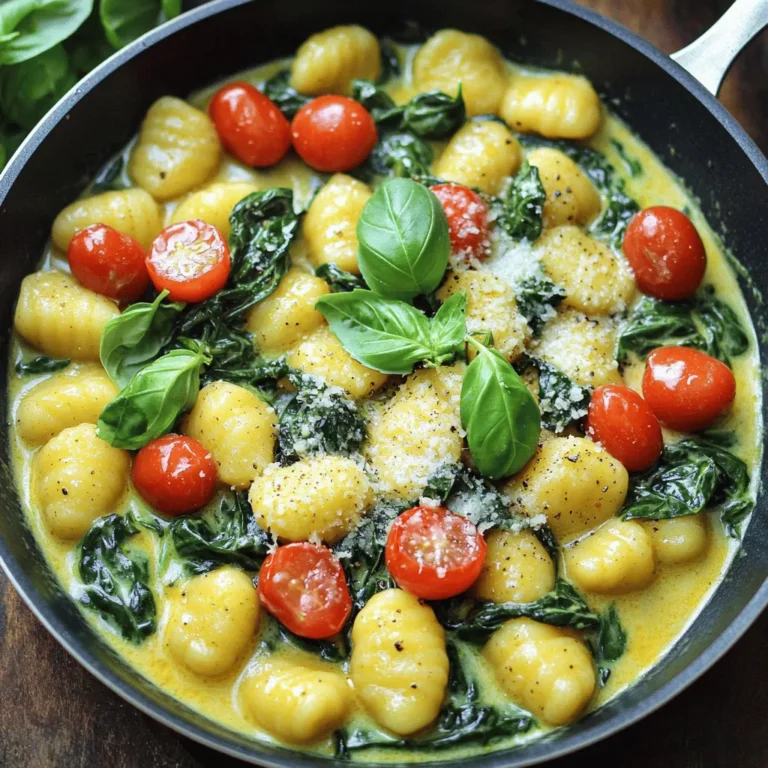 To make the 20-Minute One-Pan Spinach Gnocchi, gather these key components: - 1 pound store-bought potato gnocchi - 2 cups fresh spinach, roughly chopped - 1 cup cherry tomatoes, halved - 1 cup heavy cream - 1/2 cup grated Parmesan cheese - 2 cloves garlic, minced - 2 tablespoons olive oil - 1/2 teaspoon red pepper flakes (optional, for heat) - Salt and pepper to taste - Fresh basil leaves for garnish Using fresh ingredients makes a big difference in flavor. Fresh spinach adds a bright taste. Cherry tomatoes burst with juice, enhancing the dish. Heavy cream creates a rich and creamy sauce. If you prefer, frozen ingredients can work too. Just thaw the spinach and tomatoes before cooking. They may not taste as vibrant, but the dish will still be good. For those with dietary needs, substitutions are easy. Use gluten-free gnocchi instead of regular ones. This keeps the dish friendly for gluten-sensitive eaters. You can also swap heavy cream with a non-dairy option like coconut cream. Enjoy making this meal suit your taste! For the full recipe, check out the One-Pan Wonder: Spinach Gnocchi Delight. 1. Preparing the skillet and sautéing garlic Start by heating 2 tablespoons of olive oil in a large non-stick skillet over medium heat. Once the oil is hot, add 2 cloves of minced garlic. Sauté for about 1 minute. You want the garlic to be fragrant but not browned. This step adds a lovely base flavor. 2. Cooking the cherry tomatoes Next, you will add 1 cup of halved cherry tomatoes to the skillet. Cook these for about 2-3 minutes. You want them to start softening and releasing their juices. This will help create a nice sauce for the gnocchi. 3. Adding gnocchi and heavy cream Now, it’s time to add 1 pound of store-bought potato gnocchi to the skillet. Stir gently and cook for about 3-4 minutes. You want the gnocchi to get a little golden. Then, pour in 1 cup of heavy cream. If you like heat, sprinkle in 1/2 teaspoon of red pepper flakes. Season with salt and pepper to taste. 4. Incorporating spinach and finishing touches Gently fold in 2 cups of roughly chopped fresh spinach. Allow the mixture to simmer for another 5-6 minutes. This step thickens the cream and wilts the spinach. The colors will be bright and inviting. 5. Presentation tips for serving Once everything is done, sprinkle 1/2 cup of grated Parmesan cheese over the top. Stir until the cheese melts into the dish. For serving, you can either keep it in the pan for a casual meal or spoon it into bowls. Top with fresh basil leaves for a pop of color. This makes the dish look beautiful and fresh. You can find the [Full Recipe] for more details. Enjoy your quick and easy meal! To get the best texture for gnocchi, choose store-bought options. They offer a soft, pillowy bite. Be gentle when stirring in the pan. Over-mixing can break them apart. Adjust cooking time based on your stove. If it cooks fast, check the gnocchi sooner. If it’s slower, give it a bit more time. Always keep an eye on the pan. Seasoning is key! Taste as you cook and adjust salt and pepper. A hint of red pepper flakes can add a nice kick. Save time by prepping ingredients first. Chop garlic and tomatoes right before you start cooking. This way, you won’t waste time looking for things. While the gnocchi cooks, wash your cutting board and tools. This keeps your kitchen tidy and ready for the next meal. You can also set the table or prep drinks during cooking. {{image_2}} You can easily swap out ingredients in this dish. Try using kale or broccoli instead of spinach. Both add great flavor and nutrition. If you want a different cheese, consider using mozzarella or feta. Each offers a unique taste that can change the dish. Adding proteins like chicken or sausage can make it heartier. Just cook the protein first, then add the other ingredients. Herbs can really lift the flavors in this dish. Fresh basil, parsley, or oregano add brightness. You can also try spicy variations by adding different peppers. Jalapeños or red pepper flakes can bring some heat. Adjust the amount based on your spice level. These enhancements make the dish fun and exciting. You can create a new meal every time! To keep your leftover gnocchi fresh, store it in the fridge. Place it in an airtight container. You can enjoy the gnocchi for up to three days. If you want to keep it longer, freeze it. Put it in a freezer-safe bag or container. Frozen gnocchi stays good for about two months. When reheating gnocchi, keep its texture in mind. The best way is to use a skillet. Add a splash of water or cream to help it heat evenly. Warm it over low heat, stirring gently. This method keeps the gnocchi soft and tasty. Avoid using the microwave, as it can make the gnocchi tough. For a full experience, check out the Full Recipe for detailed steps and tips! Can I make my own gnocchi? Yes, you can make your own gnocchi at home. It’s fun and simple! You’ll need potatoes, flour, and eggs. Cook the potatoes, mash them, then mix with flour and egg. Roll, cut, and shape them into small pieces. This adds a special touch to your meal. How do I know when the gnocchi is cooked? Gnocchi is cooked when it floats to the top of the water. This means they are light and ready to eat. You can also taste one to check for doneness. It should be soft but not mushy. What can I serve with 20-Minute One-Pan Spinach Gnocchi? This dish is great on its own, but you can add a side salad. A fresh green salad adds crunch and color. Garlic bread also pairs well. It helps soak up the creamy sauce and adds flavor. Can this dish be made ahead of time? Yes, you can prepare this dish ahead of time. Cook it, let it cool, and store it in the fridge. Reheat it in a skillet or microwave when you are ready to eat. The flavors will blend nicely overnight. What to do if the sauce is too thick or too thin? If the sauce is too thick, add a splash of water or broth. Stir well until it reaches your desired consistency. If the sauce is too thin, let it simmer longer. This helps it thicken up. You can also add more cheese for richness. For the full recipe, check out the [Full Recipe]. You learned how to make a tasty 20-Minute One-Pan Spinach Gnocchi. We covered ingredients, steps, and tips for cooking. Fresh ingredients can boost flavor, and substitutions make it easy for everyone. I shared quick cooking tips to keep you efficient. Remember, feel free to change the recipe with different veggies or proteins to suit your taste. With the right storage, your leftovers can last. Enjoy your cooking journey, and have fun creating your own versions of this dish!