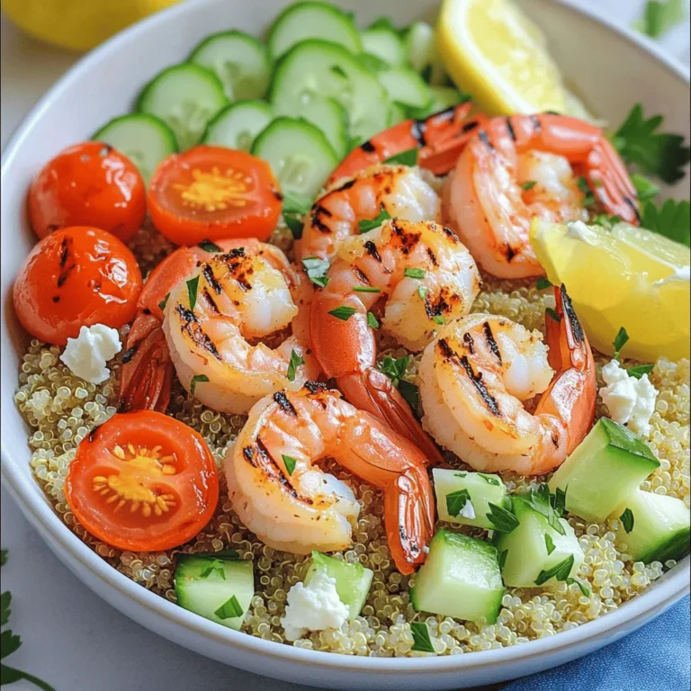 - 1 pound large shrimp, peeled and deveined - 2 tablespoons olive oil - 3 cloves garlic, minced - 1 teaspoon smoked paprika - 1 teaspoon lemon zest - Salt and pepper to taste - 4 cups cooked quinoa or brown rice - 1 cup cherry tomatoes, halved - 1 cup cucumber, diced - ½ cup feta cheese, crumbled (optional) - Fresh parsley, chopped, for garnish - Lemon wedges, for serving When making a grilled shrimp bowl, these ingredients bring bold flavors. The shrimp is your star. It needs to be fresh or thawed if frozen. The olive oil and minced garlic create a rich, tasty base. Smoked paprika adds a nice kick. The lemon zest brightens the dish. You can choose either quinoa or brown rice for a hearty base. Both add fiber and nutrients. Cherry tomatoes and cucumber add freshness and crunch. Feta cheese is optional but adds creaminess and saltiness. Fresh parsley makes it look beautiful. Lemon wedges on the side give a zesty finish. This dish is colorful and healthy, making it a perfect meal. You can find the full recipe linked above. To start, grab a mixing bowl. Combine these marinade ingredients: - 2 tablespoons olive oil - 3 cloves garlic, minced - 1 teaspoon smoked paprika - 1 teaspoon lemon zest - Salt and pepper to taste Mix these well. Then, add 1 pound of peeled and deveined shrimp. Toss the shrimp in the marinade to coat every piece. Let the shrimp sit for at least 20 minutes. This step builds flavor. Next, we need to prepare the grill. Preheat your grill or grill pan over medium-high heat. This step is key for even cooking. Then, oil the grill grates. Use a paper towel dipped in oil. This prevents the shrimp from sticking. Now it’s time to grill the shrimp. Place the marinated shrimp on the hot grill. Grill for about 2-3 minutes on each side. Look for the shrimp to turn pink and opaque. Overcooking can make shrimp tough, so stay close. Once done, remove the shrimp and set them aside. For the final assembly, grab large serving bowls. Start by layering 4 cups of cooked quinoa or brown rice in each bowl. Next, arrange the grilled shrimp on top of the grain. Add fresh toppings like these: - 1 cup cherry tomatoes, halved - 1 cup cucumber, diced - ½ cup feta cheese, crumbled (optional) Finish with freshly chopped parsley for garnish. Serve with lemon wedges for a zesty kick. Your Grilled Shrimp Bowl with Garlic Sauce is now ready! For the complete recipe, refer to the Full Recipe. To get the best flavor from your sauce, balance is key. You want the garlic to shine but not overwhelm. Start with the right amount of olive oil. This will help the garlic flavor spread evenly. Add smoked paprika and lemon zest for depth. These bring out the garlic and enhance the dish. When it comes to mincing garlic, technique matters. Use a sharp knife and chop finely. This ensures maximum flavor release. For even better results, sprinkle a bit of salt on the minced garlic. This helps break it down further and intensifies its taste. Make your bowl look as good as it tastes. Start with a mound of quinoa or rice. This creates a nice base for your shrimp. Next, arrange the grilled shrimp on top, making sure they are evenly spaced. Add halved cherry tomatoes and diced cucumber for a splash of color. For a garnish, sprinkle fresh parsley over everything. This adds visual appeal and a fresh taste. You can also add lemon wedges on the side. They not only look great but add a zesty kick when squeezed over the bowl. Grilling shrimp can be tricky. One common mistake is overcooking. Shrimp cooks fast, usually in just 2-3 minutes per side. Keep an eye on them; they should turn pink and opaque when done. For best results, preheat your grill to medium-high heat. A hot grill helps get those lovely grill marks and a nice char. If your grill is too cool, the shrimp will steam instead of grill, losing flavor. Always oil the grill grates to prevent sticking. This makes flipping the shrimp much easier. {{image_2}} You can switch shrimp for chicken or tofu. Chicken gives a nice, hearty bite. Tofu is great for a plant-based option. If you use chicken, cut it into small pieces. Cook it longer, about 6-8 minutes, until it’s no longer pink. For tofu, use firm or extra-firm tofu. Press it to remove extra water, then grill it for about 4-5 minutes on each side. This way, it gets crispy and holds flavor well. Add spices or herbs to boost flavor. Try cumin or coriander for a warm touch. Fresh herbs like basil or cilantro can brighten the dish. You can also explore different sauces. A sweet chili sauce adds sweetness, while a soy sauce mix gives a savory kick. Just drizzle or mix in after grilling for extra flair. Try serving the bowl with different grains. Couscous or farro can add fun textures. For a lighter meal, use leafy greens like spinach or arugula instead of grains. This makes it fresh and crisp. You can also add avocado for creaminess or nuts for crunch. These changes keep the dish exciting and full of flavor. Store leftover grilled shrimp in an airtight container. Make sure to cool the shrimp first. Place them in the fridge within two hours of cooking. They will stay fresh for up to three days. Use clear, stackable containers to save space and keep track of what you have. To reheat grilled shrimp, use the stovetop or microwave. Heat them on low in a pan for even warmth. If using a microwave, cover the shrimp with a damp paper towel to keep them moist. This method helps prevent overcooking. You want the shrimp to stay juicy and flavorful. Yes, you can freeze the shrimp bowl! Follow these steps to freeze: - Let the dish cool completely before freezing. - Place it in a freezer-safe container or bag. - Remove as much air as possible to avoid freezer burn. To thaw, place the container in the fridge overnight. You can also use the microwave. Reheat gently to keep the shrimp tender. Enjoy your delicious grilled shrimp bowl later! For the detailed cooking process, check the Full Recipe. You can tell shrimp is done when it turns pink and opaque. The flesh should be firm to the touch. For large shrimp, grill for about 2-3 minutes on each side. Smaller shrimp will cook faster, so check them at 1-2 minutes per side. Yes, you can use frozen shrimp. First, thaw them in the fridge overnight or under cold running water for about 10-15 minutes. After thawing, pat them dry before marinating. This helps the shrimp absorb more flavor. Great side dishes include a garden salad or grilled veggies. You can also serve crusty bread alongside the bowl. For drinks, try a light white wine or a refreshing iced tea. Lemonade pairs well too. You can find the complete recipe for Grilled Shrimp Bowl with Garlic Sauce in the recipe section. You've learned how to make a tasty Grilled Shrimp Bowl. From picking fresh ingredients to grilling tips, every step matters. Remember, marinating shrimp adds flavor, and fresh veggies brighten the dish. You can switch proteins or grains for your tastes, making this bowl your own. Storing leftovers correctly keeps them fresh for later. Enjoy this healthy meal and share it with friends. You’ll impress them with your cooking skills!