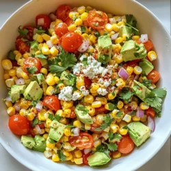 - 4 ears of fresh corn, husked - 1 cup cherry tomatoes, halved - 1/2 red onion, finely diced Fresh corn is vital for this dish. It gives a sweet crunch. I love using cherry tomatoes for their bright flavor and color. Red onion adds a nice bite. Together, these ingredients create a tasty base for the salad. - 1 avocado, diced - 1/2 cup crumbly queso fresco (or feta cheese) - 1/4 cup fresh cilantro, chopped The avocado brings creaminess that makes each bite smooth. Queso fresco adds a salty flavor that is so good. Fresh cilantro gives the salad a burst of green freshness. These ingredients balance the dish perfectly. - 2 tablespoons lime juice - 1 tablespoon olive oil - 1 teaspoon chili powder - Salt and pepper to taste Lime juice brightens the whole dish. Olive oil adds richness and helps blend the flavors. Chili powder gives a kick. You can adjust the salt and pepper to your taste. This mix ties all the flavors together, making a delicious dressing. For the full recipe, check out the recipe details above! - Bring a large pot of water to a boil. - Cook the corn for 5-7 minutes until tender. Start by bringing a large pot of water to a rolling boil. This is key to cooking the corn just right. Once the water bubbles, add the husked corn. Let it cook for about 5 to 7 minutes. The corn should be tender but still crisp. When it's done, remove the corn and let it cool slightly. - Cut the kernels off the cob and place them in a mixing bowl. - Add tomatoes, red onion, and avocado to the bowl. Once the corn is cool enough to touch, cut the kernels off the cob. I like to use a sharp knife for this. Place the fresh kernels in a mixing bowl. Next, chop the cherry tomatoes, red onion, and avocado. Add these colorful ingredients to the bowl with the corn. The mix of colors makes the salad look great. - Whisk together lime juice, olive oil, chili powder, salt, and pepper. - Pour dressing over the salad mixture and gently toss. Now, let’s make the dressing. In a small bowl, whisk together lime juice, olive oil, chili powder, salt, and pepper. This dressing adds a zesty kick. Once mixed, pour it over the salad ingredients. Gently toss everything together. Be careful not to mash the avocado. You want it to stay chunky. - Fold in queso fresco and cilantro. - Chill the salad for 20 minutes. For the final touches, fold in the crumbled queso fresco and chopped cilantro. This adds creaminess and fresh flavor. After mixing, chill the salad for about 20 minutes in the refrigerator. This helps all the flavors come together. Enjoy your refreshing Mexican street corn salad! For the full recipe, check out the details above. - Use fresh lime juice for maximum brightness. Lime juice adds a zesty kick to the salad. It brightens every bite and makes the flavors pop. - Experiment with different chili powders for varying heat levels. You can try mild or spicy chili powders to match your taste. Each type adds a unique warmth to the dish. - Make sure to cut the avocado last to retain its shape. This keeps the chunks firm and fresh. If cut too early, they may turn mushy. - Chill before serving for optimal flavor blending. Letting the salad rest allows the tastes to marry. A cool salad is also refreshing on hot days. - Serve in a large bowl or individual cups. This adds a fun touch and makes it easy for guests to serve themselves. A large bowl can be a centerpiece, while cups are great for parties. - Garnish with extra cilantro and a sprinkle of chili powder. This adds color and a final burst of flavor. It makes the dish look vibrant and inviting. Explore the [Full Recipe] to create your own delicious Mexican Street Corn Salad! {{image_2}} You can easily change this salad to suit your taste. Try adding black beans for extra protein. They boost the nutrients and make the dish heartier. If you like spice, incorporate some jalapeños. They will add a nice kick to every bite. Using seasonal ingredients can enhance your salad. Substitute summer squash or bell peppers for a fresh twist. They add color and crunch to your dish. For a smoky flavor, use grilled corn instead of boiled corn. The charred taste makes a big difference. If you need a vegan option, switch to dairy-free cheese. This keeps the salad creamy without using any animal products. For a gluten-free version, use quinoa instead of corn. This change gives a new texture while keeping the flavors intact. Feel free to explore these options. Each choice opens doors to fun flavors and textures. For the full recipe, check out the [Full Recipe]. After you enjoy your Mexican street corn salad, store leftovers in an airtight container in the refrigerator. This keeps it fresh and tasty. Aim to eat it within 2-3 days for the best flavor and texture. You can freeze this salad, but consider freezing the components separately. Freeze the corn and dressing in different containers. Be aware that the avocado may turn brown once frozen. This can change the look, but it will still taste good. I recommend serving this salad cold. Avoid reheating it, as heat can change the texture. The crunchiness of the corn and freshness of the other ingredients shine best when served chilled. For the full recipe, check out the detailed instructions above. Mexican Street Corn Salad is a fresh and lively dish. It features sweet corn, juicy tomatoes, and creamy avocado. You mix these with zesty lime juice and flavorful queso fresco. Chili powder adds a nice kick, making each bite exciting. The salad is colorful and perfect for gatherings or a light meal. Yes, you can prepare this salad ahead of time. I recommend making it a few hours before serving. Store it in an airtight container in the fridge. This allows the flavors to blend well. Just remember to add the avocado last to keep it fresh. Mexican Street Corn Salad pairs well with many dishes. Try it with grilled chicken or fish for a tasty meal. It also complements tacos or burritos nicely. For a light lunch, serve it with crusty bread or a simple soup. To add heat, mix in fresh jalapeños or a dash of hot sauce. You can also use a spicier chili powder than what the recipe calls for. If you like it very hot, consider adding diced chipotle peppers. Adjust the spice level to match your taste. You can easily swap ingredients based on your needs. Use canned corn instead of fresh if needed. Swap avocado for diced cucumber for a crunch. If you don’t have queso fresco, feta cheese works well too. For a vegan option, try dairy-free cheese. This blog post covered how to make fresh and tasty Mexican Street Corn Salad. We discussed key ingredients like corn and tomatoes, creamy avocado, and zesty lime dressing. I shared step-by-step instructions so you can easily prepare it. Plus, I offered storage tips and fun ways to customize your salad. Enjoy experimenting with flavors. Make it your own, and impress your family and friends. This colorful dish brightens any meal, and it’s perfect for warm days. Dive in and enjoy the freshness of every bite!