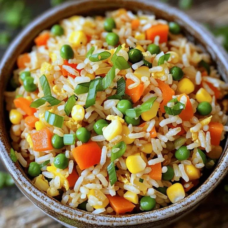 To make a tasty vegetable fried rice, gather these ingredients: - 2 cups cooked jasmine rice (preferably day-old) - 1 cup mixed vegetables (carrots, peas, bell peppers, and corn) - 1 small onion, finely chopped - 2 garlic cloves, minced - 2 green onions, chopped - 2 tablespoons soy sauce (or tamari for gluten-free) - 1 tablespoon sesame oil - 1 tablespoon vegetable oil - 1 teaspoon ginger, grated - Salt and pepper to taste - Optional: 1/4 cup cooked edamame or chickpeas for added protein You will need a few tools to make this dish: - A large skillet or wok - A spatula for stirring - A cutting board and knife - Measuring spoons and cups Feel free to swap or add these items: - Extra vegetables like broccoli or zucchini - Any protein like chicken or tofu - Spicy sauce to kick it up a notch - Fresh herbs like cilantro or basil for added flavor These ingredients and tools will help you create a flavorful vegetable fried rice. Don’t forget to check out the Full Recipe for more tips and details! Before you start, get everything ready. Gather all your ingredients. Chop the onion, garlic, and green onions. Measure out your mixed vegetables. If using day-old rice, break up any clumps. This makes cooking easier. It helps ensure even frying. 1. Heat the vegetable oil in a large skillet or wok over medium-high heat. 2. Add the chopped onion and sauté for 2-3 minutes until it turns translucent. 3. Stir in the minced garlic and grated ginger. Cook for about one minute until fragrant. 4. Add the mixed vegetables to the skillet. Stir-fry for 4-5 minutes. You want them tender but still crisp. 5. Push the veggie mixture to one side of the skillet. Add the cooked jasmine rice to the other side. 6. Pour the soy sauce and sesame oil over the rice. Use a spatula to break up any clumps. Mix well to combine everything. 7. Season with salt and pepper to taste. Incorporate the green onions and, if using, cooked edamame or chickpeas. 8. Cook all together for an additional 2-3 minutes. Make sure everything is heated through. 9. Remove from heat and serve right away. To get great flavor in your fried rice, follow these tips: - Use day-old rice. It is drier and fries better. - Add fresh herbs like cilantro or basil for a burst of flavor. - For spice, include chili flakes or sriracha. - Don’t skip the sesame oil. It adds a nutty taste that’s key. - Taste as you cook. Adjust salt and pepper to your liking. These steps and tips will help you create a delicious dish that shines with flavor. For the complete recipe, check out the Full Recipe section. Using day-old rice is key for great fried rice. Fresh rice is wet and sticky, which makes it clump. Day-old rice is drier and firmer, perfect for frying. When you use day-old rice, you get fluffy grains that separate easily. Make sure to spread the rice out on a plate and chill it in the fridge. This step helps it dry out even more. To boost the flavor of your fried rice, use a mix of sauces. Soy sauce adds saltiness, while sesame oil gives a nutty taste. You can also add ginger and garlic for extra depth. Fresh herbs like cilantro or basil can brighten the dish. For a spicy kick, toss in some chili flakes or sriracha. These small changes can transform your meal. Avoid cooking too many veggies at once. Overcrowding the pan makes them steam instead of fry. This can lead to soggy vegetables. Always cook in batches if you have a lot. Also, don’t skip on seasoning. A pinch of salt and pepper at the end adds a lot. Finally, be careful not to overcook the rice. It should be heated through but not mushy. For the full recipe, check the complete guide above. {{image_2}} You can change up the veggies in your fried rice. Try using broccoli, zucchini, or snap peas. Each choice adds a new flavor and texture. If you want more color, add red bell peppers or purple cabbage. Mixing different veggies makes the dish fun and tasty. You can also use frozen veggies for a quick option. Just make sure to thaw them first. Adding protein can make your fried rice filling. You can toss in cooked chicken, shrimp, or pork for extra flavor. For a meatless option, try tofu or tempeh. These proteins soak up the sauce, making each bite delicious. If you like legumes, add cooked edamame or chickpeas from the Full Recipe. They provide protein and a nice crunch. You can easily make this dish vegan and gluten-free. Use tamari instead of soy sauce for a gluten-free choice. For a vegan version, skip any animal proteins and stick to plant-based options. You can also add more veggies or nuts for protein. This way, everyone can enjoy a tasty meal, no matter their diet. Store leftover fried rice in an airtight container. Let it cool down first. This helps keep it fresh. You can keep it in the fridge for up to four days. Make sure to label the container with the date. This way, you’ll know when to eat it. To reheat, use a skillet or microwave. If using a skillet, add a splash of water. This keeps the rice from drying out. Heat on medium until warm, stirring often. In the microwave, cover the dish with a damp paper towel. Heat for one to two minutes. Check if it’s hot all the way through. You can freeze vegetable fried rice for up to three months. Portion it into small containers or freezer bags. Remove air from bags before sealing. When you’re ready to eat, thaw it overnight in the fridge. Reheat it in a skillet or microwave as mentioned above. Enjoy your tasty meal without wasting food! The best rice for fried rice is jasmine rice. Its fluffy texture works well. Day-old rice is ideal because it is drier than fresh rice. This prevents clumps and helps fry better. You can also use long-grain rice. But avoid sticky rice as it won't yield the right texture. Yes, you can make fried rice without soy sauce. You can use coconut aminos for a soy-free option. This gives a similar flavor without the soy. You can also use salt, pepper, or other sauces like teriyaki. Just remember to adjust flavors to suit your taste. To make vegetable fried rice spicy, add red pepper flakes. You can also use fresh chili peppers or hot sauce. Start with a small amount and taste as you go. This way, you can control the heat level. Adding ginger will also enhance the flavor and spice. For a full flavor experience, try the [Full Recipe]. You now have all you need to make great vegetable fried rice. We covered ingredients, tools, and cooking steps. You learned tips for flavor and common mistakes to avoid. There are many tasty variations to try, too. Don’t forget how to store and reheat your dish for later. Fried rice is easy to customize to your tastes. Enjoy your cooking adventure and make it your own!