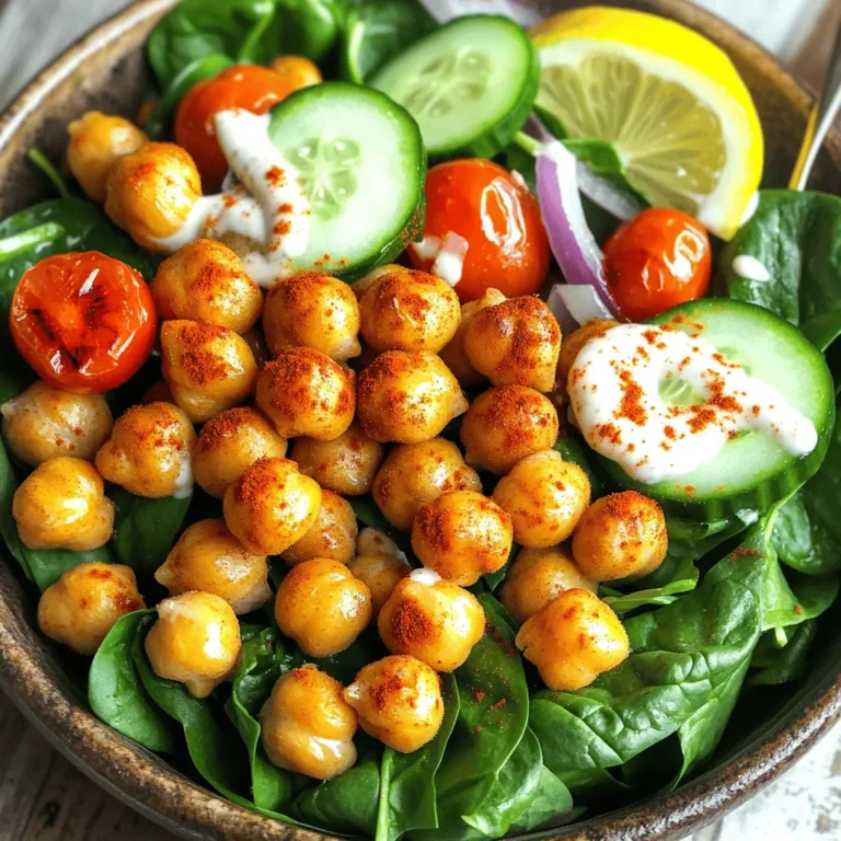 To make this Crispy Chickpeas and Spinach Salad, gather these fresh ingredients: - 1 can (15 oz) chickpeas, rinsed and drained - 1 tablespoon olive oil - 1 teaspoon smoked paprika - 1 teaspoon garlic powder - Salt and pepper to taste - 4 cups fresh spinach, washed and dried - 1 cup cherry tomatoes, halved - ½ cucumber, diced - ¼ red onion, thinly sliced - 2 tablespoons lemon juice - 1 tablespoon tahini - 1 tablespoon honey (or maple syrup for a vegan option) - 1 tablespoon water You can switch some ingredients if needed: - Use dried chickpeas instead of canned. Just cook them first. - Swap olive oil for avocado oil for a different flavor. - Try smoked salt if you want a smoky taste without paprika. - For a different green, replace spinach with kale or arugula. - Use any nut butter instead of tahini for the dressing. To make this salad, you will need: - A baking sheet for the chickpeas - A large mixing bowl for the salad - A small bowl for mixing the dressing - A whisk or fork to mix the dressing - Measuring spoons for accurate portions - A paper towel to dry the chickpeas You can find the full recipe to guide you through each step. Start by gathering all your ingredients. You need chickpeas, spinach, olive oil, and spices. Rinse and drain the chickpeas well. Use a paper towel to pat them dry. This step helps them get crispy. Next, wash and dry your spinach. Cut the cherry tomatoes in half. Dice the cucumber and slice the red onion. Set everything aside for later. Preheat your oven to 400°F (200°C). This temperature helps the chickpeas get extra crispy. In a bowl, toss the dried chickpeas with olive oil, smoked paprika, garlic powder, salt, and pepper. Make sure they are coated evenly. Spread the chickpeas on a baking sheet. Bake them for 25 to 30 minutes. Stir them halfway through to cook evenly. They should be golden brown and crunchy when done. While the chickpeas bake, prepare the dressing. In a small bowl, mix lemon juice, tahini, honey, and water. Whisk until smooth. If it’s too thick, add more water. In a large bowl, combine the spinach, cherry tomatoes, cucumber, and red onion. Drizzle the dressing over the salad. Toss gently to coat everything well. Once the chickpeas are ready, let them cool for a few minutes. Add them to the salad and toss again. Serve this delicious dish warm for the best flavor. For the full recipe, check out Crispy Chickpeas & Spinach Delight. To get crispy chickpeas, start by drying them. Use a paper towel to remove all moisture. This step is key. The drier the chickpeas, the crispier they will get. Toss them with olive oil and spices. I love using smoked paprika and garlic powder. Spread them on a baking sheet in a single layer. Bake at 400°F for 25-30 minutes. Stir halfway to ensure they cook evenly. Keep an eye on them. You want them golden brown and crunchy. For a great dressing, mix lemon juice, tahini, honey, and water. Whisk until smooth. If it’s too thick, add a bit more water. Don't forget to season with salt. This dressing adds bright flavor to the salad. You can also add herbs like parsley or dill for extra taste. If you want a kick, try adding a pinch of cayenne pepper. Serve this salad right away for the best texture. The warm chickpeas add a nice crunch. You can add more toppings, like feta cheese or avocado. This salad also pairs well with grilled chicken or shrimp. If you want a heartier meal, serve it with quinoa or brown rice. For a fun touch, use different colored cherry tomatoes. They make the salad look beautiful. Find the full recipe to explore more tasty ideas! {{image_2}} You can easily boost the protein in this salad. Try adding grilled chicken or shrimp for extra flavor. For a vegetarian option, add hard-boiled eggs or feta cheese. These additions make the salad heartier and more filling. Just remember to adjust the dressing if needed. This salad is naturally vegetarian and can be made vegan. Use maple syrup instead of honey for the dressing. You can skip the cheese or choose a plant-based cheese to keep it vegan. These small swaps let everyone enjoy this dish. Feel free to change ingredients based on the seasons. In summer, add fresh corn or bell peppers for a sweet crunch. In fall, diced apples or roasted squash can add warmth. These swaps keep the salad fresh and exciting all year long. For the full recipe, check out the [Full Recipe] section. You can store any leftover salad in the fridge. Place it in a bowl and cover it tightly. The crispy chickpeas will lose some crunch over time, so try to enjoy the salad within two days. Keep the dressing separate if you want the salad fresh for longer. Use glass or plastic containers with tight-fitting lids for best results. These containers keep the salad fresh and are easy to stack in the fridge. If you have a lot of salad, divide it into smaller portions. This way, you can grab a quick meal when you're hungry. To bring back the crunch, reheat the chickpeas in the oven. Preheat to 375°F (190°C). Spread the chickpeas on a baking sheet and heat for about 5-10 minutes. Keep an eye on them to avoid burning. You want them warm and crispy again. Enjoy them with your salad for the best taste! Yes, you can make this salad ahead of time. You can prep the veggies and dressing a day before. Store them in separate containers. Mix them just before serving to keep the spinach fresh. For extra crunch, consider adding nuts or seeds. Almonds, walnuts, or sunflower seeds work great. You can also use crispy tortilla strips or croutons for added texture. To keep your chickpeas crispy, dry them well before cooking. Remove all moisture. Roast them at a high heat for the best crunch. Store any leftovers in an open container to keep them from getting soggy. Yes, you can use canned spinach, but fresh is best for taste. If using canned, drain and rinse it well. Squeeze out excess moisture to avoid sogginess in the salad. For the best flavor, use the full recipe for fresh ingredients. You now have all the details to create a great salad. We covered ingredients, important tools, and step-by-step instructions. Remember to keep those chickpeas crispy for best taste. Use the tips for flavor and serving ideas. Feel free to try different proteins and seasonal swaps to make it your own. Store leftovers correctly, and enjoy even later. This salad is simple and tasty, perfect for any meal. Enjoy making it!