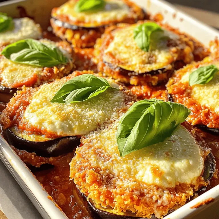 - 2 medium eggplants, sliced into 1/4-inch rounds - 1 teaspoon salt - 1 cup breadcrumbs (preferably whole wheat) - 1/2 cup grated Parmesan cheese - 2 cups marinara sauce (homemade or store-bought) - 2 cups shredded mozzarella cheese - 1 teaspoon dried oregano - 1 teaspoon dried basil - 1/2 teaspoon black pepper - 2 tablespoons olive oil - Fresh basil leaves for garnish When you gather the ingredients, choose fresh eggplants. They should be firm and smooth. The salt helps remove water from the eggplant. This step is key for a good bake, keeping it from getting soggy. Whole wheat breadcrumbs add a nice crunch. If you want a bit more flavor, use seasoned breadcrumbs. Parmesan cheese gives a salty taste, while mozzarella becomes gooey and melty. Marinara sauce can be homemade or store-bought. If you make it from scratch, you control the flavors. Dried herbs like oregano and basil bring in a lovely aroma. Olive oil helps in frying the eggplant. It adds richness to the dish. Fresh basil leaves are perfect for a final touch. They add color and freshness when you serve the bake. For the full recipe, check the details above. Start by slicing the eggplants into 1/4-inch rounds. Place these slices in a colander. Sprinkle 1 teaspoon of salt over them. Let them sit for about 30 minutes. This helps draw out moisture. It also makes the eggplant less bitter. After 30 minutes, rinse the slices under cold water. Then, pat them dry with paper towels. This step is key to a crispy bake. Now, let’s prepare the breadcrumb mixture. In a shallow bowl, mix together 1 cup of breadcrumbs, 1/2 cup of grated Parmesan cheese, 1 teaspoon of dried oregano, 1 teaspoon of dried basil, and 1/2 teaspoon of black pepper. Heat 2 tablespoons of olive oil in a large skillet over medium heat. Dip each eggplant slice into the breadcrumb mix. Make sure to coat both sides well. Fry the slices in batches until they turn golden brown, about 2-3 minutes per side. Once done, place them on paper towels to drain excess oil. Grab a 9x13 inch baking dish. Start by spreading a thin layer of marinara sauce on the bottom. Layer half of the fried eggplant slices over the sauce. Next, add half of the remaining marinara sauce. Then, sprinkle a generous amount of shredded mozzarella cheese on top. Repeat this with another layer of the remaining eggplant. Finish with the rest of the marinara sauce and top it all with the remaining mozzarella cheese. Cover the dish with aluminum foil. Place it in your preheated oven at 375°F (190°C). Bake for 25 minutes. After that, remove the foil. Bake for another 15 minutes until the cheese bubbles and turns golden brown. Let the dish cool for 5-10 minutes before slicing and serving. This allows the layers to set nicely. For the full recipe, check above. To get the best texture, salt the eggplant well. Lay the slices in a colander and sprinkle salt evenly. Let them sit for about 30 minutes. This draws out extra moisture. Rinse the slices under cold water and pat them dry. This helps avoid a soggy dish. For frying, heat the oil in a large pan. Make sure the oil is hot enough. Fry the eggplant slices in batches. This keeps the heat steady and ensures even cooking. Flip them when they turn golden brown. Drain them on paper towels afterward. You can boost the flavor with extra herbs or spices. Consider adding fresh rosemary or thyme for depth. For a kick, add a pinch of red pepper flakes. These little changes can elevate your dish. If you want a great sauce, try making your own marinara. Use fresh tomatoes, garlic, and basil for a bright flavor. Simmer the ingredients to let the flavors meld well. This homemade touch makes your bake special. Garnishing can make your dish look more appealing. Use fresh basil leaves on top before serving. This adds a splash of color and freshness. For serving, pair your Eggplant Parmesan Bake with sides. A simple mixed green salad works great. You can also serve it with garlic bread. These sides complement the rich flavors of the bake. For the full recipe, check out the recipe section. {{image_2}} You can make this dish suit your needs. For a gluten-free option, try using gluten-free breadcrumbs. They hold up well and give a nice crunch. If you want a vegan version, swap traditional cheeses for vegan cheese. There are many types available that melt nicely. Get creative with your veggies! You can add spinach or mushrooms to the layers. They add great taste and nutrition. You might also try using different cheeses. Cheddar or gouda can give a fun twist to the flavor. You don’t have to bake this dish in the oven. An air fryer works great, too! It makes the eggplant crispy without a lot of oil. Just set it to 375°F and cook for about 20 minutes. If you prefer a slow cooker, layer everything in the pot and let it cook on low for 4-6 hours. This method melds the flavors beautifully. For the full recipe, check the earlier section. To keep your Eggplant Parmesan Bake fresh, store it in the fridge. Use an airtight container to prevent moisture loss. This dish can last up to four days in the fridge. For longer storage, consider freezing. Slice the bake into portions and wrap them well in plastic wrap. Then, place them in a freezer-safe bag. This helps avoid freezer burn and keeps them tasty. You can freeze it for up to three months. For the best taste, reheating in the oven works best. Preheat your oven to 350°F (175°C). Place the leftover portions in an oven-safe dish. Cover it with foil to keep it moist. Heat for about 20 minutes or until warm. If you’re in a hurry, the microwave is a quick option. Place a portion on a microwave-safe plate. Heat it for 1-2 minutes. Check the temperature and add more time if needed. Enjoy your delicious Eggplant Parmesan Bake! Yes, you can prepare Eggplant Parmesan Bake in advance. To do this, assemble the dish but do not bake it. Cover it tightly with plastic wrap or foil and store it in the fridge for up to 24 hours. If you want to freeze it, use an airtight container. It can last in the freezer for two months. Just make sure to thaw it overnight in the fridge before baking. This way, you save time on busy days. Look for a golden-brown color on the eggplant. It should feel soft when you poke it with a fork. The cheese on top should also be bubbly and slightly browned. If both of these signs are present, your dish is ready. Take it out and let it cool for a few minutes before serving. This will help the layers set a bit. Yes, Eggplant Parmesan is a great choice for vegetarians. It uses eggplant, marinara sauce, and cheese, all of which come from plants or animals, not meat. You can also use vegetarian-friendly breadcrumbs to keep it 100% meat-free. If you want to make it vegan, swap the cheese with plant-based alternatives. This way, everyone can enjoy this hearty dish. Pair your Eggplant Parmesan with a fresh salad or some crusty bread. A simple green salad with a lemon vinaigrette works well. You can also serve it with garlic bread for a comforting meal. For more flavor, add roasted vegetables on the side. This makes your meal even more colorful and tasty. For the full recipe, refer to the detailed guide above. Eggplant Parmesan Bake is a tasty dish. You learned about the essential ingredients and how to prepare them. We covered prepping the eggplant, coating it, and layering flavors. Tips for perfect texture and flavor were shared, along with fun variations. You now know storage and reheating methods too. Enjoy creating your Eggplant Parmesan Bake. This dish is a great way to impress friends and family. Explore different ingredient options and find your favorite version. Happy cooking!