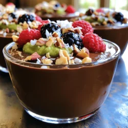 To make this vegan chocolate avocado pudding, you need a few simple ingredients. Here is the list: - 2 ripe avocados - 1/2 cup unsweetened cocoa powder - 1/2 cup maple syrup - 1/4 cup almond milk - 1 teaspoon vanilla extract - A pinch of salt - Optional toppings: shredded coconut, fresh berries, or chopped nuts Each ingredient plays a key role in the final taste and texture of the pudding. The avocados provide a creamy base, while cocoa powder adds rich chocolate flavor. Maple syrup gives sweetness without the use of refined sugars. Almond milk keeps the pudding smooth and dairy-free. Vanilla enhances the overall flavor, and a pinch of salt balances the sweetness. Using ripe avocados is crucial. They ensure a silky texture. If they are not ripe, your pudding will be chunky. You can check if an avocado is ripe by gently squeezing it. It should give slightly without feeling mushy. Feel free to customize your toppings! Shredded coconut adds texture, fresh berries provide brightness, and nuts offer crunch. These options make your pudding even more enjoyable. Now that you have the ingredients ready, you can follow the [Full Recipe] to create this creamy delight! - Step 1: Combine ingredients in a blender Start by placing the ripe avocados, cocoa powder, maple syrup, almond milk, vanilla extract, and a pinch of salt into your blender. Make sure you scoop out all the flesh from the avocados. This gives the pudding its creamy texture. - Step 2: Blend until smooth Blend the mixture on high speed. It should turn smooth and creamy. Scrape down the sides as needed. This helps mix all the ingredients well. You want to avoid lumps for the best texture. - Step 3: Adjust sweetness if needed Taste the pudding. If it needs more sweetness, add a little more maple syrup. Blend again for a few seconds to mix it in. This step is key for your perfect flavor. - Step 4: Transfer to serving bowls Once the pudding is nicely blended, spoon it into individual serving bowls. This recipe makes about four servings. You can use cute cups for fun presentation. - Step 5: Refrigerate to chill Place the bowls in the fridge for at least 30 minutes. Chilling helps the pudding set and enhances the flavors. It’s worth the wait for a cool treat. - Step 6: Add toppings before serving Just before serving, stir the pudding again. Then, add your favorite toppings. Shredded coconut, fresh berries, or chopped nuts work great. These toppings add color and crunch to your dessert. Enjoy making this tasty vegan chocolate avocado pudding! For the full recipe, check out the previous section. To make the best vegan chocolate avocado pudding, you need ripe avocados. Look for avocados that yield gently to pressure. A ripe avocado feels soft but not mushy. This ensures your pudding will be creamy. Blending is key. Use a good blender or food processor. Blend until the mix is smooth and silky. Stop to scrape down the sides. This helps mix everything well. You want no lumps in your pudding. If your pudding is too thick, add more almond milk. Start with a tablespoon at a time. Blend again after each addition. This helps you find the right creaminess. You want it to be rich but not too heavy. You can boost the flavor of your pudding easily. Add a dash of cinnamon or a drop of espresso. Both can deepen the chocolate taste. For a fun twist, try a splash of orange juice or zest. When choosing cocoa powder, go for unsweetened. Look for high-quality brands for the best taste. A good cocoa powder has a rich, deep flavor. Avoid anything that looks dull or has added sugar. For the full recipe, check out the details provided earlier. {{image_2}} You can change the taste of your vegan chocolate avocado pudding in fun ways. One option is to make mint chocolate avocado pudding. Just add a few drops of mint extract to the mix. The mint gives it a fresh twist. It's like a dessert and a breath of fresh air all in one! Another exciting option is a spicy chocolate version. Add a pinch of cayenne pepper for a kick. The heat from the cayenne adds a unique flavor that surprises your taste buds. It’s rich, creamy, and a little bit daring! If you need gluten-free options, you’re in luck! All the ingredients in this pudding are naturally gluten-free. Just ensure your cocoa powder and syrup are labeled gluten-free. This way, everyone can enjoy it without worry. For those who need nut-free variations, consider using coconut milk instead of almond milk. Coconut milk adds a creamy texture and a hint of coconut flavor. This makes the pudding rich and satisfying. You can enjoy a delicious treat without any nuts! To keep your vegan chocolate avocado pudding fresh, store it in an airtight container. This prevents air from getting in and keeps it creamy. Always place a piece of plastic wrap directly on the surface of the pudding before sealing the container. This can help prevent browning. You can store it in the fridge for up to three days. After that, the texture may change, and the taste might not be as good. Yes, you can freeze vegan chocolate avocado pudding! It’s a great way to save some for later. To freeze, pour the pudding into a freezer-safe container. Leave some space at the top, as it may expand. You can freeze it for up to two months. When you’re ready to eat it, thaw it in the fridge overnight. If it's too thick after thawing, blend it again with a bit of almond milk. This will help restore its creamy texture. You can then serve it as you like! For the full recipe, check out the earlier section. Avocados are very healthy. They are high in good fats, which help your heart. They contain vitamins like E, K, and B. These vitamins boost your skin and bones. Avocados also have fiber, which helps digestion. Eating avocados can make you feel full, which may help with weight control. Yes, vegan chocolate avocado pudding is healthy. It uses avocados, which provide nutrients. The cocoa powder adds antioxidants. Maple syrup is a natural sweetener with fewer chemicals. This pudding has no dairy, so it is light and easy to digest. Enjoy this treat without guilt! Yes, you can use other sweeteners. Agave nectar works well as a substitute. You can also try date syrup or coconut sugar. Adjust the amount based on your taste. Always taste as you mix. This way, you get the sweetness you like. You can serve it with many tasty options. Fresh berries add a nice touch. Chopped nuts give a crunchy texture. You can also sprinkle shredded coconut on top. These toppings make your pudding look and taste even better. To lower calories, try these tips. Use less maple syrup or sweetener. You can also add more almond milk. This keeps the pudding creamy without too many calories. Another option is to use less avocado, but keep the flavor strong. This blog post detailed how to make vegan chocolate avocado pudding. You learned about the simple ingredients and clear steps to blend a delicious dessert. We explored tips for the best texture and flavor, as well as tasty variations. Proper storage methods keep your pudding fresh. Now, you can enjoy this treat any time. It’s easy to make and healthy, too. Try it out and impress your friends with a sweet yet nutritious dessert!