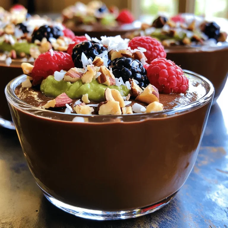 To make this vegan chocolate avocado pudding, you need a few simple ingredients. Here is the list: - 2 ripe avocados - 1/2 cup unsweetened cocoa powder - 1/2 cup maple syrup - 1/4 cup almond milk - 1 teaspoon vanilla extract - A pinch of salt - Optional toppings: shredded coconut, fresh berries, or chopped nuts Each ingredient plays a key role in the final taste and texture of the pudding. The avocados provide a creamy base, while cocoa powder adds rich chocolate flavor. Maple syrup gives sweetness without the use of refined sugars. Almond milk keeps the pudding smooth and dairy-free. Vanilla enhances the overall flavor, and a pinch of salt balances the sweetness. Using ripe avocados is crucial. They ensure a silky texture. If they are not ripe, your pudding will be chunky. You can check if an avocado is ripe by gently squeezing it. It should give slightly without feeling mushy. Feel free to customize your toppings! Shredded coconut adds texture, fresh berries provide brightness, and nuts offer crunch. These options make your pudding even more enjoyable. Now that you have the ingredients ready, you can follow the [Full Recipe] to create this creamy delight! - Step 1: Combine ingredients in a blender Start by placing the ripe avocados, cocoa powder, maple syrup, almond milk, vanilla extract, and a pinch of salt into your blender. Make sure you scoop out all the flesh from the avocados. This gives the pudding its creamy texture. - Step 2: Blend until smooth Blend the mixture on high speed. It should turn smooth and creamy. Scrape down the sides as needed. This helps mix all the ingredients well. You want to avoid lumps for the best texture. - Step 3: Adjust sweetness if needed Taste the pudding. If it needs more sweetness, add a little more maple syrup. Blend again for a few seconds to mix it in. This step is key for your perfect flavor. - Step 4: Transfer to serving bowls Once the pudding is nicely blended, spoon it into individual serving bowls. This recipe makes about four servings. You can use cute cups for fun presentation. - Step 5: Refrigerate to chill Place the bowls in the fridge for at least 30 minutes. Chilling helps the pudding set and enhances the flavors. It’s worth the wait for a cool treat. - Step 6: Add toppings before serving Just before serving, stir the pudding again. Then, add your favorite toppings. Shredded coconut, fresh berries, or chopped nuts work great. These toppings add color and crunch to your dessert. Enjoy making this tasty vegan chocolate avocado pudding! For the full recipe, check out the previous section. To make the best vegan chocolate avocado pudding, you need ripe avocados. Look for avocados that yield gently to pressure. A ripe avocado feels soft but not mushy. This ensures your pudding will be creamy. Blending is key. Use a good blender or food processor. Blend until the mix is smooth and silky. Stop to scrape down the sides. This helps mix everything well. You want no lumps in your pudding. If your pudding is too thick, add more almond milk. Start with a tablespoon at a time. Blend again after each addition. This helps you find the right creaminess. You want it to be rich but not too heavy. You can boost the flavor of your pudding easily. Add a dash of cinnamon or a drop of espresso. Both can deepen the chocolate taste. For a fun twist, try a splash of orange juice or zest. When choosing cocoa powder, go for unsweetened. Look for high-quality brands for the best taste. A good cocoa powder has a rich, deep flavor. Avoid anything that looks dull or has added sugar. For the full recipe, check out the details provided earlier. {{image_2}} You can change the taste of your vegan chocolate avocado pudding in fun ways. One option is to make mint chocolate avocado pudding. Just add a few drops of mint extract to the mix. The mint gives it a fresh twist. It's like a dessert and a breath of fresh air all in one! Another exciting option is a spicy chocolate version. Add a pinch of cayenne pepper for a kick. The heat from the cayenne adds a unique flavor that surprises your taste buds. It’s rich, creamy, and a little bit daring! If you need gluten-free options, you’re in luck! All the ingredients in this pudding are naturally gluten-free. Just ensure your cocoa powder and syrup are labeled gluten-free. This way, everyone can enjoy it without worry. For those who need nut-free variations, consider using coconut milk instead of almond milk. Coconut milk adds a creamy texture and a hint of coconut flavor. This makes the pudding rich and satisfying. You can enjoy a delicious treat without any nuts! To keep your vegan chocolate avocado pudding fresh, store it in an airtight container. This prevents air from getting in and keeps it creamy. Always place a piece of plastic wrap directly on the surface of the pudding before sealing the container. This can help prevent browning. You can store it in the fridge for up to three days. After that, the texture may change, and the taste might not be as good. Yes, you can freeze vegan chocolate avocado pudding! It’s a great way to save some for later. To freeze, pour the pudding into a freezer-safe container. Leave some space at the top, as it may expand. You can freeze it for up to two months. When you’re ready to eat it, thaw it in the fridge overnight. If it's too thick after thawing, blend it again with a bit of almond milk. This will help restore its creamy texture. You can then serve it as you like! For the full recipe, check out the earlier section. Avocados are very healthy. They are high in good fats, which help your heart. They contain vitamins like E, K, and B. These vitamins boost your skin and bones. Avocados also have fiber, which helps digestion. Eating avocados can make you feel full, which may help with weight control. Yes, vegan chocolate avocado pudding is healthy. It uses avocados, which provide nutrients. The cocoa powder adds antioxidants. Maple syrup is a natural sweetener with fewer chemicals. This pudding has no dairy, so it is light and easy to digest. Enjoy this treat without guilt! Yes, you can use other sweeteners. Agave nectar works well as a substitute. You can also try date syrup or coconut sugar. Adjust the amount based on your taste. Always taste as you mix. This way, you get the sweetness you like. You can serve it with many tasty options. Fresh berries add a nice touch. Chopped nuts give a crunchy texture. You can also sprinkle shredded coconut on top. These toppings make your pudding look and taste even better. To lower calories, try these tips. Use less maple syrup or sweetener. You can also add more almond milk. This keeps the pudding creamy without too many calories. Another option is to use less avocado, but keep the flavor strong. This blog post detailed how to make vegan chocolate avocado pudding. You learned about the simple ingredients and clear steps to blend a delicious dessert. We explored tips for the best texture and flavor, as well as tasty variations. Proper storage methods keep your pudding fresh. Now, you can enjoy this treat any time. It’s easy to make and healthy, too. Try it out and impress your friends with a sweet yet nutritious dessert!
