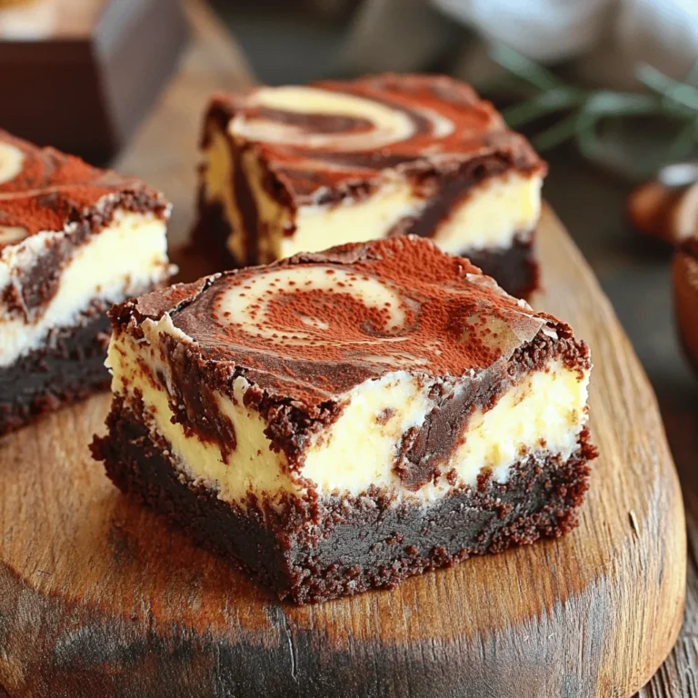 - 1/2 cup unsalted butter - 1 cup granulated sugar - 2 large eggs - 1 teaspoon vanilla extract - 1/3 cup unsweetened cocoa powder - 1/2 cup all-purpose flour - 1/4 teaspoon salt - 1/4 teaspoon baking powder Brownies need rich flavors and a soft texture. The butter adds creaminess. Sugar gives sweetness. Eggs bind the mix. Vanilla brings warmth. Cocoa adds that deep chocolate taste. Flour helps hold it all together. Salt and baking powder balance flavors and give lift. - 8 oz cream cheese, softened - 1/4 cup granulated sugar - 1 large egg - 1 teaspoon vanilla extract - 1 tablespoon all-purpose flour The cheesecake layer needs cream cheese for creaminess. Sugar sweetens it up. One egg helps set the mix. Vanilla adds a nice aroma. A bit of flour makes it smooth. Together, these create a luscious layer that pairs well with brownies. You need simple tools to make these treats. Here’s what I use: - Medium saucepan - Mixing bowls - Whisk - Rubber spatula - 8x8 inch baking pan - Parchment paper - Knife for swirling Having the right equipment makes the process easy. A good whisk helps mix well. A rubber spatula scrapes every bit from the bowl. Parchment paper ensures easy removal. This way, you enjoy beautiful slices of cheesecake brownies. For the full recipe, check out the details above. First, preheat your oven to 350°F (175°C). This step is key for baking. Grease an 8x8 inch pan and line it with parchment paper. This makes for easy removal later. Next, melt 1/2 cup of unsalted butter in a medium saucepan over low heat. Once the butter melts, take it off the heat. Stir in 1 cup of granulated sugar until mixed well. Then, add 2 large eggs and 1 teaspoon of vanilla extract. Mix everything until it looks smooth. Sift in 1/3 cup cocoa powder, 1/2 cup flour, 1/4 teaspoon salt, and 1/4 teaspoon baking powder. Stir until you see no dry ingredients left. Don't overmix; just combine gently. In a separate bowl, beat 8 oz of softened cream cheese until smooth. Add 1/4 cup of sugar, 1 large egg, 1 teaspoon of vanilla, and 1 tablespoon of flour. Mix until creamy and well blended. This layer is what makes the brownies rich and tasty. Pour half of the brownie batter into your prepared pan and spread it evenly. Next, pour all of the cheesecake mixture over this layer. Finally, dollop the rest of the brownie batter on top. Use a knife to swirl the two layers together, creating a marbled effect. This step adds beauty and flavor. Now, bake your creation in the preheated oven for 25-30 minutes. To check if they are done, insert a toothpick into the center. It should come out slightly damp, not wet. Once done, cool the brownies in the pan for 15 minutes. Then transfer them to a wire rack to cool completely. For the full recipe, check out the detailed instructions. To get that perfect brownie texture, use the right amount of butter. I recommend 1/2 cup of unsalted butter. Melt it slowly over low heat. This method keeps the brownies moist and rich. Mix in the sugar while the butter is still warm. This step helps to dissolve the sugar better. Make sure you stir just until the ingredients blend. Over-mixing can lead to tough brownies. For a smooth cheesecake layer, use room temperature cream cheese. Cold cream cheese will not mix well. Beat it until it’s creamy before adding the sugar and other ingredients. This helps avoid lumps. When you mix in the sugar, do it slowly. This technique ensures a silky texture. Avoid overmixing once the eggs are added. Just blend until it’s smooth. When it's time to swirl, don’t rush! Pour half of the brownie batter into the pan first. Then spread the cheesecake mixture on top. Dollop the remaining brownie batter on the cheesecake layer. Use a knife to gently swirl the two mixtures together. Try to create a marbled effect without mixing them completely. This gives you the best look and flavor. For the best results, use a gentle hand. {{image_2}} You can make cheesecake brownies even better by adding flavors. Try mint for a fresh taste. Just add a few drops of mint extract to the cheesecake mix. Peanut butter is another great choice. Mix in half a cup of creamy peanut butter into the cheesecake layer. This gives a rich, nutty flavor. Coffee is also delicious. Stir in a tablespoon of instant coffee granules into the brownie batter. This will deepen the chocolate flavor. If you want a gluten-free treat, swap out the all-purpose flour. Use a gluten-free blend instead. Many blends work well in baking. Look for one that has a mix of rice flour and starches. You can also use almond flour for a nutty taste. Both options give you tasty brownies without gluten. Just make sure to check all other ingredients for gluten. Creating swirls makes your brownies look beautiful. After you pour the layers, use a knife to swirl them together. Begin at one corner and move in a zigzag motion. This will mix the brownie and cheesecake layers. Be careful not to mix too much. You want to see both layers. Another fun technique is to create a heart shape. Just draw a heart with your knife before baking. This adds a special touch to your dessert. For the full recipe, check the details above. To keep your cheesecake brownies fresh, follow these steps. First, let them cool completely. Once cooled, cut them into squares. Place them in an airtight container. This helps keep the brownies moist. You can store them at room temperature for up to three days. If you want to keep them longer, store them in the fridge for about a week. Freezing cheesecake brownies is a great way to save them. Wrap each square tightly in plastic wrap. Then, place them in a freezer-safe container. Label the container with the date. You can freeze them for up to three months. When you're ready to enjoy them, simply move them to the fridge overnight to thaw. Reheating cheesecake brownies is easy. If they are cold, warm them in the microwave for about 10-15 seconds. This will make them soft and gooey again. You can also heat them in an oven at 350°F (175°C) for about 5-10 minutes. Check frequently to avoid overheating. Enjoy your delicious cheesecake brownies warm! You can check if the brownies are done by using a toothpick. Insert it into the center of the brownies. If it comes out slightly damp but not wet, they are ready. This means they are cooked well. If it comes out clean, the brownies may be overbaked. Keep a close eye on the time. They usually bake for 25 to 30 minutes. Yes, you can use other cheeses, but cream cheese gives the best taste. Mascarpone can be a nice swap too. It adds a rich flavor and creamy texture. Just remember that each cheese has its own taste. This can change the final flavor of your cheesecake layer. 1. Overmixing: Mix your batter just until combined. Overmixing can make brownies tough. 2. Incorrect Oven Temp: Always preheat your oven. This helps bake evenly. 3. Not Cooling Enough: Let brownies cool before slicing. This helps them set properly. 4. Skipping the Swirl: Swirling the batter makes a beautiful pattern. Don’t skip this step! Leftover brownies can last for about 3 to 5 days at room temperature. Store them in an airtight container. If you want them to last longer, you can freeze them. Just wrap them well in plastic wrap and foil. They can last up to 3 months in the freezer. When you are ready, just thaw them in the fridge. In this guide, I shared how to make delicious cheesecake brownies. We covered ingredients, step-by-step instructions, and tips for great results. I also highlighted variations for extra flavor and explained storage methods. Try these techniques to impress friends and family. By following these steps, you’ll create a treat that everyone will love. Enjoy baking and make these cheesecake brownies your own!