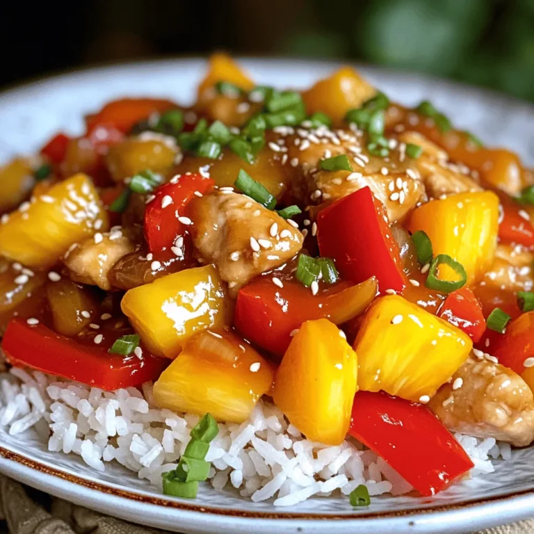 - 1 lb (450g) chicken breast, cut into bite-sized pieces - 1 cup bell peppers (red, yellow, green), sliced into strips - 1 cup pineapple chunks (fresh or canned) - 1/2 cup onion, sliced - 2 cloves garlic, minced - 1 inch ginger, minced The chicken breast is the star of this dish. It cooks quickly and absorbs all the flavors. Bell peppers add color and crunch. Pineapple brings a sweet balance to the dish. Onion, garlic, and ginger offer a warm, aromatic base. - 1/4 cup soy sauce - 1/4 cup honey - 2 tablespoons rice vinegar - 1 tablespoon cornstarch mixed with 2 tablespoons water This sauce is key to the sweet and sour flavor. Soy sauce gives it depth. Honey adds sweetness, while rice vinegar adds a tangy kick. Cornstarch thickens the sauce, making it rich and glossy. - 2 tablespoons vegetable oil - Salt and pepper to taste - Sesame seeds and green onions for garnish Vegetable oil helps to prevent sticking while frying. Salt and pepper enhance the dish’s overall flavor. Garnishing with sesame seeds and green onions adds a nice touch. For the complete recipe, check out the Full Recipe link. To start, you need to marinate the chicken. In a large bowl, combine the chicken with salt, pepper, and half of the soy sauce. Make sure every piece is coated well. Let it sit for 15 minutes. This step adds flavor and helps the chicken stay juicy. Next, heat a tablespoon of vegetable oil in a large skillet or wok over medium-high heat. Once the oil is hot, add the marinated chicken. Stir-fry the chicken until it turns golden brown and is cooked all the way through. This should take about 5 to 7 minutes. Then, remove the chicken from the skillet and set it aside. In the same skillet, add the remaining tablespoon of oil. Sauté minced garlic and ginger for about 30 seconds. You want to smell their strong aroma. Then, toss in the sliced onion and bell peppers. Stir-fry these for 3 to 4 minutes. You want them soft but still crunchy. Now, in a small bowl, mix honey, rice vinegar, and the rest of the soy sauce. This will be your sauce. Pour this mixture over your stir-fried veggies. Return the cooked chicken to the skillet. Stir well to mix everything together. Next, add the pineapple chunks. Let it all simmer together for about 2 to 3 minutes. To make your sauce thicker, stir in the cornstarch slurry. Cook for another minute until the sauce reaches your desired thickness. At this point, you can taste and adjust seasoning as needed. If you want more flavor, add a little salt or soy sauce. For the full recipe, check out the details above. To make a great stir fry, use high heat. This helps cook the chicken quickly and keeps it juicy. Don't overcrowd the pan. If you add too much food at once, it will steam instead of fry. Cook in batches if needed for the best results. Want to kick up the flavor? Add chili flakes for a spicy touch. You can also mix in other veggies, like carrots or broccoli. This not only adds taste but also makes your dish colorful and healthy. To save time, prep the chicken and veggies ahead of time. Chop everything and store it in the fridge. Keep the sauce separate to keep it fresh. This way, you can whip up this delicious meal quickly when you're ready to eat. For the full recipe, check out the steps above! {{image_2}} You can switch up the protein in this dish. Shrimp or tofu makes great options. Both add unique flavors and textures to your stir fry. If you want a beefy twist, use thinly sliced beef instead of chicken. Each protein brings a different taste, keeping your meal fresh and exciting. Don't be afraid to get creative with sweeteners. Maple syrup or agave can replace honey for a new taste. You can also swap out sauces. Try teriyaki for a rich flavor or hoisin for a sweet touch. These changes can elevate your stir fry and surprise your taste buds. Using seasonal ingredients can make your stir fry even better. Swap pineapple for fruits like peaches or mangoes in the summer. These fruits add a juicy sweetness. In colder months, add hearty vegetables like squash or Brussels sprouts. This keeps your dish vibrant and tasty all year round. For the full recipe, check out Sweet & Sour Chicken Stir Fry 🥡. Store any leftover sweet and sour chicken stir fry in an airtight container. This keeps the meal fresh. It’s best to eat the leftovers within 3-4 days. This way, you enjoy the flavors at their best. You can freeze the stir fry in portions for easy meals later. Use freezer-safe containers or bags to avoid freezer burn. When you're ready to eat, thaw it overnight in the fridge. Then, reheat on the stove for the best taste. Reheat the sweet and sour chicken gently in a skillet over low heat. If the sauce seems thick, add a splash of water. This helps bring back the sauce's original texture. Stir well until heated through, and enjoy your meal again! Typically, it lasts about 3-4 days when stored properly. Use an airtight container to keep it fresh. Check for any odd smells or textures before eating. Yes, you can use frozen chicken. Just ensure it’s thawed completely before marinating. This step helps the chicken absorb flavors better. This dish pairs well with steamed rice or noodles for a complete meal. Both options soak up the sauce nicely and balance the flavors. Yes, it is easily adaptable. You can make it gluten-free by using tamari instead of soy sauce. For a vegetarian option, tofu works great as a substitute. This article covered how to make a tasty Sweet and Sour Chicken Stir Fry. You learned about the main and optional ingredients. I also shared detailed steps for marinating and cooking. You now have tips for perfecting your dish and ideas for variations. Remember, this meal is versatile and easy to adapt to your taste. Enjoy creating a dish that fits your needs while impressing your family and friends. Happy cooking!