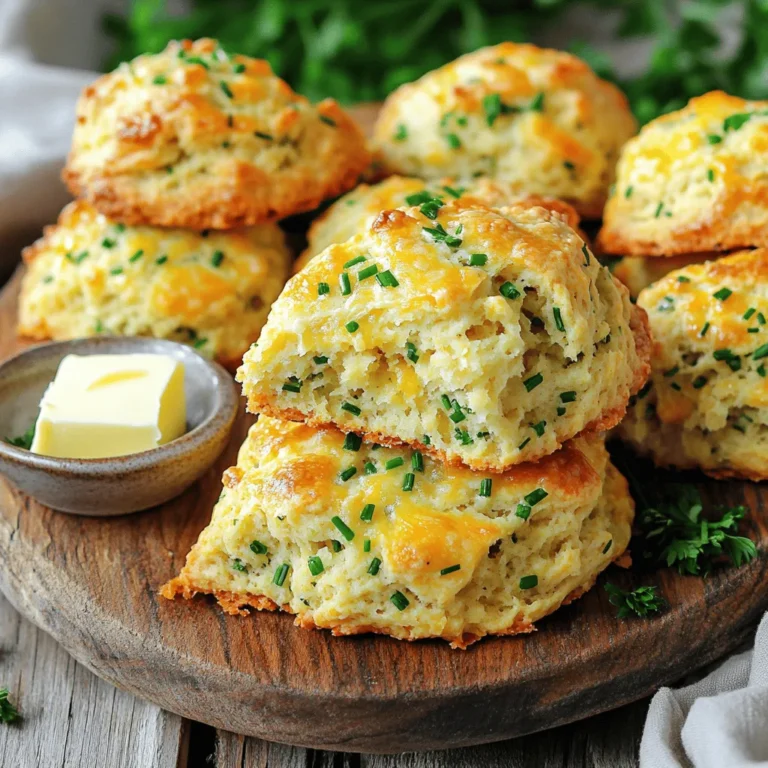 To make the best savory herb and cheese scones, gather these simple ingredients: - 2 cups all-purpose flour - 1 tablespoon baking powder - 1/2 teaspoon salt - 1/4 teaspoon black pepper - 1/2 teaspoon garlic powder - 1/2 cup cold unsalted butter, cubed - 1 cup shredded sharp cheddar cheese - 1/4 cup grated Parmesan cheese - 2 tablespoons fresh chives, chopped - 2 tablespoons fresh parsley, chopped - 3/4 cup buttermilk (or substitute with milk plus a splash of lemon juice) - 1 large egg, beaten (for egg wash) Each ingredient plays a key role. The flour gives the scones their base and structure. Baking powder helps them rise, making them light and fluffy. Salt and black pepper add flavor, while garlic powder gives an extra kick. Cold unsalted butter is crucial. It creates flaky layers in the scones. Cheddar and Parmesan provide rich, savory cheese flavor. Fresh chives and parsley bring a burst of color and freshness. You can use buttermilk for a soft texture. If you don’t have it, mix milk with lemon juice. The egg wash gives the scones a nice golden color when baked. For the full recipe, check out the details above. 1. Preheating the oven and preparing the baking sheet First, preheat your oven to 400°F (200°C). While the oven heats, line a baking sheet with parchment paper. This helps the scones bake evenly and prevents sticking. 2. Mixing dry ingredients and cutting in butter In a large bowl, whisk together 2 cups of all-purpose flour, 1 tablespoon of baking powder, 1/2 teaspoon of salt, 1/4 teaspoon of black pepper, and 1/2 teaspoon of garlic powder. Next, add 1/2 cup of cold unsalted butter, cut into small cubes. Use your fingers or a pastry cutter to mix it in until it looks like coarse crumbs. 3. Incorporating cheese and herbs Now, stir in 1 cup of shredded sharp cheddar cheese, 1/4 cup of grated Parmesan cheese, 2 tablespoons of chopped fresh chives, and 2 tablespoons of chopped fresh parsley. Mix until everything is well combined. 4. Mixing wet ingredients and forming the dough Pour in 3/4 cup of buttermilk. You can make buttermilk by adding a splash of lemon juice to milk if you don’t have any. Use a fork to mix until the dough starts to come together. Be gentle; do not overmix. 5. Cutting and placing scones on the baking sheet Turn the dough onto a floured surface. Knead it gently a few times to combine. Shape the dough into a circle about 1-inch thick. Cut out scones using a biscuit cutter or knife. Place them on the lined baking sheet. 6. Applying egg wash and baking time Brush the tops of the scones with a beaten egg for a nice golden finish. Bake them in the preheated oven for 15 to 20 minutes. They are done when they turn golden brown. 7. Cooling on a wire rack Once baked, remove the scones from the oven. Let them cool slightly on a wire rack. This helps keep them from getting soggy. 8. Best ways to serve and enjoy scones Serve the scones warm, with butter or your favorite spread. They look great on a rustic wooden board with fresh herbs. Enjoy them with a cup of tea or coffee. For the complete recipe, check out the Full Recipe section. To avoid overmixing the dough, mix gently. When you add buttermilk, stir until just combined. You want it to be a bit sticky. Overmixing can lead to tough scones. Cold butter is key for flaky scones. Keep it in the fridge until you're ready to use it. Cut it into the flour quickly. This creates pockets of air that make your scones light and fluffy. Try adding more herbs like rosemary or thyme for depth. You can also use spices like paprika for a kick. Mixing flavors can take your scones to the next level. When it comes to cheese, sharp cheddar works great, but you can mix in feta or goat cheese for a twist. These cheeses add a rich taste that pairs well with herbs. Set your oven to 400°F (200°C) for the best results. This high heat helps your scones rise and brown nicely. For a golden-brown crust, brush the tops with a beaten egg. This simple step gives your scones a beautiful finish. Keep an eye on them while baking; they should take about 15-20 minutes. Using these tips will help you make perfect savory herb and cheese scones every time. For the full recipe, check out the section above. Enjoy your baking! {{image_2}} For those who need gluten-free options, use gluten-free all-purpose flour. Many brands work well in this recipe. You can replace buttermilk with dairy-free milk mixed with lemon juice. Almond milk or oat milk are great choices. You can add sun-dried tomatoes or olives for a tasty twist. They give the scones a nice burst of flavor. If you love meat, try adding cooked bacon or ham. This makes the scones heartier and very savory. Use fresh herbs that are in season for the best taste. Basil in summer or rosemary in fall can change the whole flavor. You can also adapt the recipe for holidays. For example, add pumpkin spice during fall or a sprinkle of nutmeg for winter celebrations. These variations let you play with flavors and make each batch unique. For the full recipe, check back to the main cooking instructions. To keep leftover scones fresh, use an airtight container. You can also wrap them in plastic wrap. This helps keep moisture in and air out, extending their life. Store them at room temperature for up to two days. If you want to keep them longer, place them in the fridge for about a week. For best results, scones freeze well. Just wrap them tightly in foil or freezer bags. They can last for up to three months in the freezer. When it’s time to enjoy your scones again, reheating is key. The best method is to warm them in the oven. Preheat your oven to 350°F (175°C). Place the scones on a baking sheet for about 5-10 minutes. This keeps them warm and crispy. You can also use a microwave, but be careful. Heat them for 10-15 seconds, checking often. Too long can make them tough. Enjoy them warm for the best flavor and texture! For a lovely touch, serve with a bit of butter. Check out the Full Recipe for more tips on enjoying these tasty treats! Can I freeze scones? If so, how? Yes, you can freeze scones. After baking, let them cool completely. Wrap each scone in plastic wrap, then place them in a freezer bag. They can last up to three months. To enjoy, just reheat from frozen in the oven at 350°F (175°C) for about 10-15 minutes. How do I know when the scones are done baking? You will know the scones are done when they are golden brown on top. You can also gently tap the bottom; it should sound hollow. A toothpick inserted in the center should come out clean. What can I serve with savory herb and cheese scones? Savory herb and cheese scones are great on their own. However, you can serve them with butter, cream cheese, or even a tasty jam. They also pair well with soups or salads for a complete meal. What to do if scones are too dry or too dense? If your scones are too dry, it might be due to overmixing. Next time, mix just until combined. If they are too dense, ensure you use fresh baking powder and check your measurements. Can I make the dough ahead of time? Yes, you can make the dough ahead of time. Wrap it in plastic wrap and chill it in the fridge for up to 24 hours. Just remember to let it sit at room temperature for 10-15 minutes before cutting out the scones. For more helpful tips, check out video tutorials on making scones. You can also find related recipes on my blog. These will inspire you to try new flavors and fun variations. Don't forget to view the Full Recipe for even more details! This blog outlined how to make savory herb and cheese scones. We covered key ingredients, step-by-step instructions, and tips for perfect baking. Keep cold butter and avoid overmixing for that flaky texture. Feel free to get creative with herbs and cheeses. Store leftovers properly to enjoy later. With these insights, you can make scones that impress. Get baking and enjoy these tasty treats!