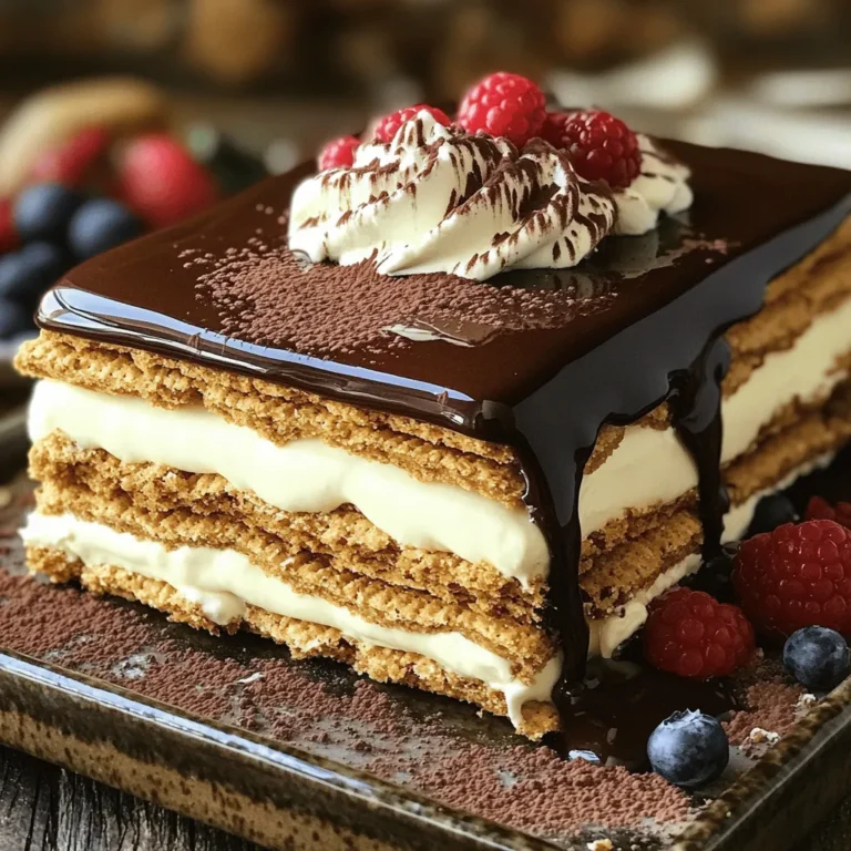 To make this delightful cake, gather these simple ingredients: - 2 (3.4 oz) boxes vanilla instant pudding mix - 4 cups milk - 1 (8 oz) tub whipped topping (e.g. Cool Whip) - 1 package (14 oz) graham crackers - 1 cup semi-sweet chocolate chips - 3 tablespoons unsweetened cocoa powder - 1 tablespoon butter - 2 tablespoons milk - 1 teaspoon vanilla extract - A pinch of salt You will need a few basic tools to create this cake: - Large mixing bowl - Whisk - Rectangular baking dish (9x13 inches) - Microwave-safe bowl - Plastic wrap - Spatula For the best taste, I suggest these brands: - For pudding mix, use Jell-O Vanilla Instant Pudding. - Cool Whip is great for whipped topping. - Choose Nabisco Graham Crackers for a classic flavor. - Ghirardelli semi-sweet chocolate chips work well for the glaze. Follow these suggestions to ensure your No-Bake Chocolate Éclair Cake is a hit! For the full recipe, check the section above. To start, grab a large mixing bowl. Add two boxes of vanilla instant pudding mix. Pour in four cups of milk. Whisk this mix for about two minutes. You want it to thicken nicely. Next, gently fold in the whipped topping. This creates a creamy filling that is light and fluffy. Make sure it is well combined. This mixture is the heart of your cake. Now, take a 9x13-inch rectangular baking dish. Place a layer of graham crackers at the bottom. Spread half of the pudding mixture over the crackers. This is where the magic begins! Next, add another layer of graham crackers on top of the pudding. Repeat the process. Spread the rest of the pudding over this second layer. Finally, add one more layer of graham crackers on top. This creates a lovely structure for your cake. For the chocolate topping, gather a microwave-safe bowl. Combine the chocolate chips, cocoa powder, butter, milk, vanilla extract, and a pinch of salt. Microwave this mixture in 30-second intervals. Stir it in between until it is smooth and glossy. Once done, pour the chocolate glaze over the top layer of graham crackers. Spread it evenly for that perfect finish. Cover the cake with plastic wrap. Refrigerate it for at least four hours or overnight. This step is key for the best texture. Now you have a no-bake chocolate éclair cake that is easy and delightful! For the complete recipe, check out the Full Recipe. When making No-Bake Chocolate Éclair Cake, some mistakes can ruin your fun. First, don’t skip chilling time. If you cut too soon, the layers may fall apart. Second, ensure you mix the pudding well. A lumpy pudding will not blend nicely with the whipped topping. Lastly, use enough milk when making the chocolate glaze. A thick glaze may not spread well over the cake. To elevate your cake, try adding a splash of almond extract to the pudding mix. This small change adds a lovely depth. You can also mix in some finely chopped nuts for crunch. Toasted almonds or walnuts work great. If you want a fruity twist, add fresh berries between the layers. Strawberries or raspberries pair wonderfully with chocolate. If you’re short on time, here are some quick tips. Use store-bought whipped topping instead of making your own. This saves time and effort. You can also prepare the pudding mixture the night before. Just cover it with plastic wrap and chill. Lastly, consider using chocolate graham crackers. They add extra flavor without any extra work. For the full recipe, check out the complete instructions above. {{image_2}} You can switch up the flavor of your No-Bake Chocolate Éclair Cake with ease. Try using butterscotch or chocolate pudding instead of vanilla. Each flavor gives it a new twist. You can also experiment with different milk types. Almond milk or coconut milk can add extra taste. The topping can change the whole look and taste of your cake. Instead of chocolate glaze, try a creamy caramel sauce. You can also use fresh fruits like strawberries or bananas on top. For a fun crunch, sprinkle some crushed nuts or toffee bits. Each topping makes your dessert unique. Making this dessert vegan or gluten-free is simple. Use plant-based whipped topping and almond milk for a vegan option. For gluten-free, swap graham crackers for gluten-free cookies. Ensure the pudding mix is also gluten-free. These changes let everyone enjoy this delightful treat! For more details, check out the Full Recipe. To keep your No-Bake Chocolate Éclair Cake fresh, cover it tightly. Use plastic wrap or aluminum foil. This helps prevent it from drying out. Store it in the fridge for the best flavor. Avoid placing it near strong-smelling foods. When stored properly, this dessert lasts about 3 to 5 days in the fridge. The graham crackers will soften over time, so enjoy it sooner for the best texture. If you see any signs of spoilage, toss it out for safety. You can freeze this cake if you need to keep it longer. Wrap it well in plastic wrap and then in foil. This prevents freezer burn. It will last in the freezer for up to 2 months. To serve, just thaw it in the fridge overnight before enjoying. Yes, you can use homemade pudding. Just make sure it is thick. Instant pudding saves time and is easy. If you use homemade, let it cool completely before adding it to the cake. This will keep the layers from getting too mushy. You have some tasty options! Try vanilla wafers or digestive biscuits. These add a nice flavor and texture. If you want a gluten-free option, use gluten-free graham crackers. They work just as well in this recipe. Yes, it is very important. Refrigerating the cake helps it set. This makes the layers firm and easy to slice. I recommend chilling it for at least four hours. Overnight is even better for the best taste. To make it dairy-free, choose plant-based milk and whipped topping. Almond milk or coconut milk works great. For the pudding, look for a dairy-free version. This way, you can enjoy the dessert without dairy. Absolutely! In fact, making it a day ahead enhances the flavor. The layers will meld together, making each bite even better. Just cover it well and store it in the fridge until you’re ready to serve. Check out the Full Recipe for all the details! In this article, we explored how to make a delicious no-bake chocolate éclair cake. We covered the ingredients you'll need, easy steps to prepare, and helpful tips to avoid common mistakes. We also discussed tasty variations and how to store your leftovers. With these points in mind, you can create a dessert that impresses everyone. Enjoy making this treat, and have fun experimenting with different flavors and toppings! Your no-bake dessert journey starts now!