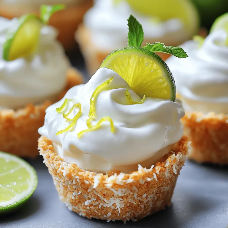 To make these zesty no-bake mini key lime pies, you will need the following ingredients: - 1 cup graham cracker crumbs - 1/4 cup unsweetened coconut flakes - 1/3 cup granulated sugar - 1/2 cup unsalted butter, melted - 1 can (14 oz) sweetened condensed milk - 1/2 cup fresh key lime juice (or regular lime juice) - Zest of 2 key limes (or regular limes) - 1 cup heavy whipping cream - 2 tablespoons powdered sugar - Lime slices and fresh mint leaves for garnish If you find yourself short on any ingredient, don't worry. Here are some easy swaps: - Graham cracker crumbs: You can use crushed cookies like digestive biscuits or vanilla wafers. - Coconut flakes: If you don't like coconut, just skip it. The crust will still taste great. - Sweetened condensed milk: Use a dairy-free version if you're lactose intolerant. - Key lime juice: Regular lime juice works fine and is often easier to find. - Heavy whipping cream: For a lighter option, use whipped topping or coconut cream. Choosing fresh limes is key to making your pies taste great. Here are some tips: - Look for limes that are firm and heavy for their size. They should feel juicy. - Check for smooth skin. Avoid any limes with blemishes or soft spots. - When you squeeze a lime, it should yield a little but not feel mushy. - For zesting, choose limes with bright green skin. They have more flavor. Using fresh limes enhances the taste of your mini key lime pies and makes them shine. Enjoy making your pies with these tips and ingredients! For the full recipe, check out the [Full Recipe]. To start, gather your ingredients for the crust. You will need graham cracker crumbs, coconut flakes, granulated sugar, and melted butter. In a medium bowl, mix the graham cracker crumbs, coconut flakes, and sugar. Pour in the melted butter and stir until it looks like wet sand. Next, take small dessert cups or muffin tins. Spoon the crumb mixture into the bottoms. Press it down firmly to make a nice crust. Use the back of a spoon or your fingers to flatten the layer evenly. Now, it’s time to make the key lime filling. In a new bowl, whisk together the sweetened condensed milk, fresh key lime juice, and lime zest. Mix until it’s smooth and well combined. In a separate bowl, whip the heavy cream with an electric mixer. Beat it until soft peaks form. Gradually add in the powdered sugar while whipping until you see stiff peaks. Gently fold this whipped cream into the key lime mixture. Be careful not to deflate it, as you want a light filling. Once your crusts and filling are ready, it’s time to assemble. Spoon or pipe the key lime filling on top of each crust. Use a spatula to smooth the tops if you like. Now, place the mini pies in the fridge for at least four hours. This helps them set nicely. When you are ready to serve, garnish each pie with a slice of lime and a fresh mint sprig. Enjoy your zesty no-bake mini key lime pies! For the full recipe, check the details above. To make great whipped cream, start with very cold heavy cream. Chill your mixing bowl and beaters too. This helps the cream whip faster. Whip the cream on medium speed until soft peaks form. Then, add powdered sugar slowly. Continue whipping until you see stiff peaks. This means the cream holds its shape well. Be gentle when folding it into the key lime mixture. You want to keep it light and fluffy. Your filling should be smooth and creamy. After mixing sweetened condensed milk, lime juice, and zest, watch for lumps. If you see any, mix a bit longer. The key lime juice gives a tangy taste. When you fold in the whipped cream, do it slowly. This helps keep the air in the cream. The final filling should be thick but pourable, like cake batter. If it feels too runny, let it sit for a few minutes. Presentation makes your mini pies look special. Use clear dessert cups or small jars to show off the layers. Top each pie with a slice of lime and a mint sprig. This adds color and freshness. You can even use a piping bag for the filling. This makes it look neat and fancy. Chill the pies well before serving. Cold pies taste best. If you want to impress, sprinkle some coconut flakes on top too. For more details on making these tasty treats, check the Full Recipe. {{image_2}} You can switch up the crust for a fun twist. Instead of graham cracker crumbs, try crushed cookies like Oreos or vanilla wafers. A nut-based crust made from almonds or pecans adds a crunchy texture. Just blend the nuts with butter and press them into your cups. If you want a gluten-free option, use gluten-free graham crackers or almond flour. Each crust gives the pies a unique flavor and texture. These mini key lime pies can be more than just lime. Add coconut for a tropical taste. Mix in some fresh berries for a fruity twist. Try pureeing strawberries or blueberries and folding them into the filling. You can also use lemon juice for a zesty lemon pie. Each flavor change keeps the dessert exciting and fresh. If you need a vegan option, replace the sweetened condensed milk with coconut cream. Use a vegan butter for the crust and coconut whip for the topping. For a gluten-free dessert, make sure your crust is gluten-free. Check all your ingredients to ensure they fit your dietary needs. These small changes let everyone enjoy this tasty treat. For the full recipe, check out the recipe section. Store your no-bake mini key lime pies in the fridge. Place them in an airtight container. This keeps them fresh and tasty. They can last up to 5 days in the fridge. Just check for any changes in smell or texture before serving. You can freeze these mini pies for longer storage. Wrap each pie tightly in plastic wrap. Then, place them in a freezer-safe container. They will stay good for about 2 months. To serve, thaw them in the fridge overnight. Avoid refreezing them once thawed, as it can change the texture. No need to reheat these pies since they are served cold. Enjoy them straight from the fridge or thawed from the freezer. If you want them a bit warmer, let them sit at room temperature for a few minutes before serving. This allows the flavors to shine even more. No-bake mini key lime pies last about 3 to 4 days in the fridge. Store them in an airtight container to keep them fresh. If you notice any change in texture or smell, it's best to toss them. I always recommend enjoying them within this time for the best taste. Yes, you can use bottled key lime juice. It saves time and still adds great flavor. However, fresh juice often tastes brighter and zestier. If you want the best flavor, I suggest using fresh key limes when possible. The zest from fresh limes also adds a nice touch to the pies. If you don’t have graham crackers, try using crushed cookies like vanilla wafers or digestive biscuits. You can also use oats or almond flour for a gluten-free option. Just mix them with melted butter and sugar to get the right texture. This allows you to customize the crust to your taste. You learned about making no-bake mini key lime pies. We covered ingredients, recipes, and tips. I shared ways to choose fresh limes and perfect the whipped cream. You explored variations for different diets and flavors. Lastly, I provided storage and reheating advice. Remember, these pies are fun and easy to make. Experiment, share, and enjoy this tasty treat!
