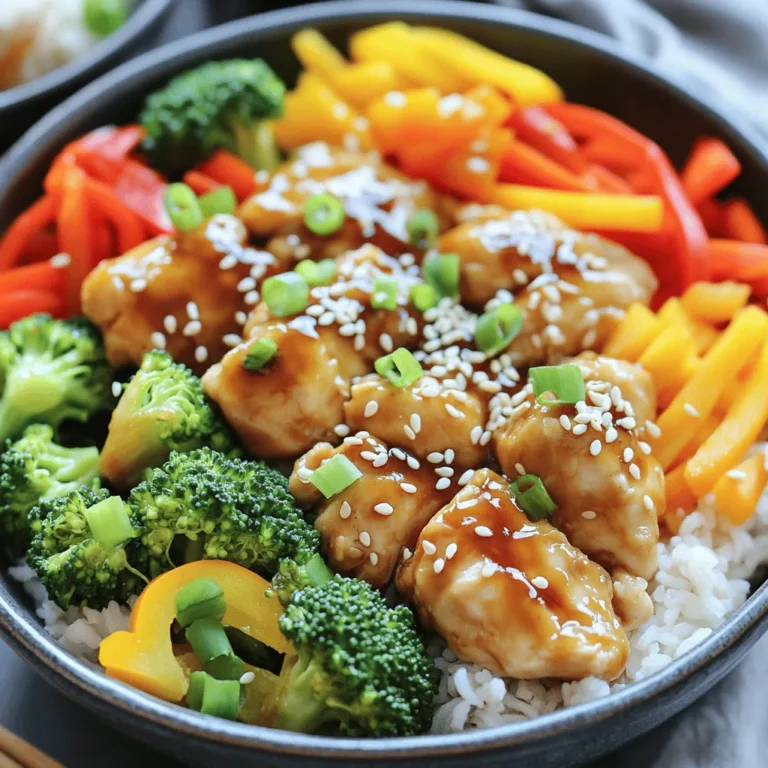 To make mouthwatering teriyaki chicken bowls, you will need: - 2 boneless, skinless chicken breasts - 1 cup jasmine rice - 1 1/2 cups water or chicken broth - 1/3 cup soy sauce (low sodium) - 2 tablespoons honey or maple syrup - 1 tablespoon sesame oil - 1 tablespoon rice vinegar - 2 cloves garlic, minced - 1 inch ginger, grated - 1 tablespoon cornstarch mixed with 2 tablespoons water (for thickening) - 1 cup broccoli florets - 1 bell pepper, sliced (red or yellow for color) - 1 carrot, julienned - 2 green onions, chopped (for garnish) - Sesame seeds (for garnish) These ingredients create a balanced dish with protein, carbs, and veggies. Feel free to add your own twist! Here are some optional ingredients to consider: - Snow peas for extra crunch - Avocado for creaminess - Pineapple chunks for sweetness - Red pepper flakes for heat - Other veggies like zucchini or mushrooms You can mix and match to suit your taste. Each serving of teriyaki chicken bowls can be nutritious. Here’s a quick look: - Calories: About 400-500 (varies by ingredients) - Protein: 30-35 grams - Carbohydrates: 50-60 grams - Fats: 10-15 grams This meal is high in protein and offers a good amount of vitamins from the veggies. You can tweak the recipe to fit your dietary needs. For more details, check the full recipe. To start, grab a bowl. Mix the soy sauce, honey (or maple syrup), sesame oil, rice vinegar, minced garlic, and grated ginger. This mix will give your chicken great flavor. Add the chicken breasts to the bowl. Make sure they are well-coated in the marinade. Let them sit for at least 30 minutes. If you have time, marinate them overnight for even better taste. Rinse the jasmine rice in cold water. Keep rinsing until the water runs clear. In a pot, bring 1 1/2 cups of water or chicken broth to a boil. Add the rice, then lower the heat. Cover it and let it simmer for 15 minutes. Once done, remove it from heat, but leave it covered for another 5 minutes. This will make your rice fluffy. Heat a skillet over medium-high heat. Take the chicken out of the marinade but save it for later. Add the chicken to the skillet. Cook for 5-7 minutes on each side. The chicken should look golden brown and cooked all the way through. After cooking the chicken, pour the saved marinade into the skillet. Add the cornstarch mixture to thicken it. Stir until the sauce bubbles and looks glossy, about 2-3 minutes. Once done, put the chicken back into the skillet to coat it in the sauce. In a separate pan, drizzle a bit of sesame oil. Add the broccoli, bell pepper, and carrot to the pan. Sauté them on medium heat for about 5-7 minutes until they are tender but still crisp. This step adds color and crunch. Fluff the cooked jasmine rice using a fork. Divide the rice into serving bowls. Slice the teriyaki chicken and place it on top of the rice. Add the sautéed vegetables next to the chicken. For the finishing touch, sprinkle chopped green onions and sesame seeds on top. This adds extra flavor and makes your dish look amazing. For more details on making this dish, check out the Full Recipe. To make your teriyaki chicken bowls burst with flavor, follow these tips: - Use fresh ginger and garlic. Fresh ingredients give a bright taste. - Marinate overnight. This step helps the chicken soak up all the flavors. - Choose low-sodium soy sauce. This option keeps the dish balanced and not too salty. Even the best cooks can make mistakes. Here are some common ones to watch out for: - Skipping the marination. This step is key for juicy chicken. - Overcooking the chicken. Cook it until just done, about 5-7 minutes per side. - Not thickening the sauce. Use cornstarch to create a glossy sauce that clings well. You want your chicken to be tender and juicy. Here’s how: - Pound the chicken. This step evens out the thickness for even cooking. - Let it rest after cooking. Resting allows the juices to settle back in. - Cook with care. Use medium-high heat for a nice sear without drying it out. For a complete guide on making teriyaki chicken bowls, check the Full Recipe. {{image_2}} You can easily swap chicken for tofu or tempeh. Both options soak up flavors well. For tofu, choose firm or extra-firm for the best texture. Press it to remove water. Cut the tofu into cubes and marinate like the chicken. Cook it until golden brown, just like you would with chicken. You can also use seitan for a meat-like texture. If you want a twist on teriyaki, try a mango or pineapple sauce. These fruity options add a sweet and tangy flavor. You can also use hoisin sauce for a richer taste. Simply mix it with soy sauce for depth. For a spicy kick, add sriracha or chili paste to your marinade. This makes the dish exciting and new. For gluten-free options, use tamari instead of soy sauce. Serve over quinoa or cauliflower rice for a low-carb choice. Pair with steamed greens like bok choy or spinach for added nutrients. If you want a heartier meal, add edamame or chickpeas. This keeps the meal balanced and filling. You can also add nuts like cashews for crunch and flavor. These variations ensure everyone enjoys teriyaki chicken bowls. To store leftover teriyaki chicken bowls, let them cool first. Place the chicken, rice, and veggies in airtight containers. You can store them in the fridge for up to three days. If you want to keep them longer, freeze the bowls. Just make sure to use freezer-safe containers. Frozen chicken bowls can last up to three months. When you're ready to eat your leftovers, reheating is key. For best results, use the microwave. Place the bowl in the microwave and cover it with a lid or microwave-safe wrap. Heat for 1-2 minutes, stirring halfway through. If you prefer, you can also reheat on the stove. Heat a skillet over medium heat and add a splash of water or broth. Stir often until hot. This helps keep the flavors fresh. Meal prepping can save time and effort. Cook a big batch of teriyaki chicken bowls. Store them in individual containers for easy grab-and-go meals. For meal prep, keep the rice and chicken separate until you are ready to eat. This helps keep the rice from getting soggy. You can also mix and match veggies based on your taste. Enjoy the Full Recipe for more details on creating this tasty dish! You can use tamari or coconut aminos. Both options taste great in teriyaki chicken bowls. Tamari is a gluten-free soy sauce alternative. Coconut aminos are sweeter and lower in sodium. If you want a quick fix, mix equal parts of water and Worcestershire sauce for a similar flavor. Yes, you can make teriyaki chicken bowls in advance. Cook and store the chicken and rice separately. This keeps the rice from becoming soggy. You can also chop your veggies ahead of time. When ready to eat, simply heat everything up and assemble your bowl. To make your teriyaki chicken bowls gluten-free, swap the soy sauce for gluten-free tamari. Check that the rice and other ingredients are gluten-free as well. Most vegetables are naturally gluten-free, so you can add your favorites without worry. Great vegetables for teriyaki chicken bowls include broccoli, bell peppers, and carrots. Snap peas, zucchini, or green beans also add nice crunch and color. You can mix and match based on what you like or have on hand. Fresh veggies keep the dish vibrant and healthy. You learned how to make delicious teriyaki chicken bowls. We covered essential and optional ingredients, giving you room to customize. I shared step-by-step instructions for marinating the chicken and cooking the rice. We discussed tips to get the best flavor and avoid common mistakes. Finally, I shared storage tips and tasty variations to try. Now, you can create a meal that fits your taste and needs. Enjoy your cooking journey and the wonderful flavors ahead.